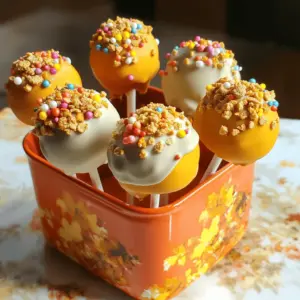 To make your delicious pumpkin pie cake pops, gather these simple ingredients: - 1 box yellow cake mix - 1 cup canned pumpkin puree - 3 large eggs - 1/2 cup vegetable oil - 1 teaspoon cinnamon - 1/2 teaspoon nutmeg - 1/2 teaspoon ginger - 1/4 teaspoon allspice - 1/2 cup cream cheese, softened - 1 cup powdered sugar - 1-2 tablespoons milk (as needed for consistency) - 1 cup white chocolate chips (for coating) - Lollipop sticks You can enhance your pumpkin pie cake pops with these toppings: - Colorful sprinkles - Crushed graham crackers Make sure you have the right tools for this fun baking project: - 9x13-inch baking pan - Mixing bowls - Electric mixer or whisk - Baking sheet - Parchment paper - Microwave-safe bowl - Styrofoam block or decorative container for display These ingredients and tools will help you create a tasty treat everyone will love. You can find the full recipe to guide you through the steps. Enjoy making these festive delights! Start by preheating your oven to 350°F (175°C). Grease a 9x13-inch baking pan. You can also use parchment paper to line it. In a large mixing bowl, combine the yellow cake mix, canned pumpkin puree, eggs, vegetable oil, and spices: cinnamon, nutmeg, ginger, and allspice. Mix everything until it looks smooth. This batter is the base for your cake pops. Pour the cake batter into the prepared pan. Bake for 25-30 minutes. To check if it's done, insert a toothpick into the center. If it comes out clean, the cake is ready. Let the cake cool completely. This step is vital. If you skip it, your cake pops might fall apart later. Once the cake cools, crumble it into a large bowl. You want fine crumbs for the best texture. In another bowl, mix softened cream cheese and powdered sugar. Blend until smooth. Gradually add this mixture to the cake crumbs. Use your hands to mix until it holds together like dough. Next, take about a tablespoon of the mixture and roll it into a ball. Repeat this until you use all the mixture. You should end up with about 20-25 cake balls. Place these on a lined baking sheet. Chill them in the fridge for at least 30 minutes. This helps them firm up, making them easier to dip later. To make great cake pops, start with a moist cake. I love using a box of yellow cake mix and adding pumpkin puree. This mix keeps the cake soft and flavorful. Make sure to crumble the cake finely. Large chunks will make it hard to shape the pops. Mix the cake crumbs with the cream cheese filling until it feels like dough. This helps the pops hold their shape. Cooling is key for cake pops. After baking, let the cake cool completely in the pan. This can take around 30 minutes. Once cooled, crumble the cake and mix in the filling. Chill the formed cake balls in the fridge for at least 30 minutes. This step makes it easier to dip in chocolate later. For a smooth chocolate coating, melt the white chocolate chips carefully. Use the microwave in short bursts, stirring in between. If the chocolate is too thick, add a bit of milk to thin it. Dip each cake ball fully, then let the excess chocolate drip off. Before the chocolate hardens, add sprinkles or crushed graham crackers for a fun touch. This makes the cake pops look like mini pumpkin pies! For the full recipe, check the detailed instructions. {{image_2}} You can play with flavors in your pumpkin pie cake pops. Swap the yellow cake mix for chocolate cake mix for a rich twist. Mix the pumpkin puree with some peanut butter for a nutty flavor. You can even add a touch of maple syrup to the cake batter for extra sweetness. Each change will give you a new taste to enjoy. Decorating your cake pops can be so fun! Use themed sprinkles to match your fall gatherings. Think orange and yellow for those autumn vibes. You can also melt colored chocolate and drizzle it over the pops for a festive look. Try using crushed graham crackers to mimic the pie crust. These options will make your pops stand out! Need to cater to dietary needs? No problem! Use gluten-free cake mix instead of regular mix. Substitute cream cheese with a dairy-free version for those who are lactose intolerant. You can also find vegan chocolate chips to coat your cake pops. These alternatives let everyone enjoy this tasty treat without worry. For the full recipe, check out the steps above to create these delightful pumpkin pie cake pops. To keep your pumpkin pie cake pops fresh, place them in an airtight container. Make sure they are cool before storing. You can layer them with parchment paper to prevent sticking. Store them in the fridge for up to five days. This keeps them moist and tasty. If you want to save cake pops for later, freezing is a great option. First, let the cake pops cool completely. Then, place them on a baking sheet in a single layer. Freeze them for about one hour. After that, transfer them to a zip-top bag or airtight container. They can last up to three months in the freezer. When you're ready to enjoy them, just thaw in the fridge overnight. To refresh cake pops, take them out of the fridge or freezer. If they were frozen, let them sit at room temperature for about 30 minutes. This helps improve the texture. You can also briefly microwave them on low for a few seconds. Be careful not to overheat them, as it can make the chocolate melt. Enjoy these delightful treats at their best! For the full recipe, check out the detailed instructions above. To keep your cake pops from falling off, make sure your cake balls are firm. Chill them in the fridge for at least 30 minutes. This helps them hold their shape. When you dip the stick in melted chocolate first, it acts like glue. This step helps the stick stay in place when you dip the cake ball. Yes, you can make pumpkin pie cake pops ahead of time. After forming the cake balls, store them in the fridge for up to two days. You can also freeze the cake balls for up to a month. Just remember to let them thaw before dipping them in chocolate. Pumpkin pie cake pops are perfect for many occasions. They fit well at fall parties, Halloween, or Thanksgiving. You can also serve them at birthday parties or cozy get-togethers. Their fun size and flavor make them a hit with both kids and adults. Homemade pumpkin pie cake pops last about one week in the fridge. If you keep them in an airtight container, they will stay fresh. If you freeze them, they can last for up to a month. Just be sure to let them thaw before serving. For the full recipe, check the section above. You learned how to make delicious pumpkin pie cake pops from scratch. We covered essential ingredients, equipment, and step-by-step instructions. I shared tips for perfecting your cake pops and ideas for variations and decorations. Storing and serving them is easy, too. These cake pops are fun for any occasion or season. Enjoy creating tasty treats that impress!