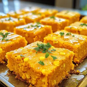 - 1 cup mashed sweet potatoes (cooked and cooled) - 1 cup cornmeal - 1 cup all-purpose flour - 1 tablespoon baking powder - 1/2 teaspoon salt - 1/4 cup brown sugar - 1 cup milk (or dairy-free alternative) - 1/4 cup unsalted butter, melted (or coconut oil for a dairy-free option) - 2 large eggs - 1 cup canned corn, drained (or fresh corn kernels) - 1 teaspoon cinnamon (optional) When making sweet potato cornbread, the right ingredients matter. Each one adds flavor and texture. First, the sweet potatoes bring a natural sweetness and moisture. They also give the cornbread a lovely orange hue. Use fresh, cooked, and cooled sweet potatoes. You can mash them easily with a fork or a potato masher. Next, cornmeal is essential for that classic cornbread texture. It adds a nice graininess that contrasts well with the soft sweet potatoes. All-purpose flour helps bind everything together. It works with the cornmeal to create a light, fluffy bread. Baking powder helps the cornbread rise. Make sure it’s fresh for the best results. Salt adds depth to the flavor. It balances the sweetness of the sweet potatoes and brown sugar. Brown sugar gives a rich flavor. It pairs well with the sweet potatoes. Milk keeps the batter moist. You can use a dairy-free option like almond or oat milk if needed. Melted butter adds richness and flavor. If you want to keep it dairy-free, use coconut oil instead. Eggs help the cornbread rise and bind the ingredients. They add richness too. Canned corn gives a burst of sweetness and texture. You can also use fresh corn for a different flavor. Lastly, cinnamon is optional but adds warmth and spice. It brings a nice twist to your cornbread. Together, these ingredients create a delicious, easy, and tasty sweet potato cornbread. 1. Start by preheating your oven to 400°F (200°C). This step makes sure your cornbread bakes evenly. 2. Grease an 8-inch square baking pan. You can also line it with parchment paper for easy removal later. 3. In a large bowl, mix the dry ingredients. Combine 1 cup of cornmeal, 1 cup of all-purpose flour, 1 tablespoon of baking powder, 1/2 teaspoon of salt, and 1/4 cup of brown sugar. If you like cinnamon, add 1 teaspoon now. 1. In another bowl, mix the wet ingredients. Combine 1 cup of mashed sweet potatoes, 1 cup of milk, 1/4 cup of melted unsalted butter, and 2 large eggs. Stir until everything is smooth. 2. Pour the wet mixture into the dry ingredients. Stir gently until just combined. Be careful not to overmix; a few lumps are okay. 3. Fold in 1 cup of drained canned corn or fresh corn kernels. This adds a nice texture and flavor. 1. Pour the batter into your prepared pan. Smooth the top with a spatula for even baking. 2. Bake in the preheated oven for 25-30 minutes. Check for doneness by inserting a toothpick into the center. It should come out clean. 3. Let the cornbread cool in the pan for about 10 minutes. This makes it easier to cut into squares. Serve warm with honey or butter on top. You can also add a sprinkle of fresh chives for color. To start, use the right sweet potato consistency. You want your sweet potatoes to be smooth, creamy, and free of lumps. Cook them well and mash them thoroughly. This smooth texture will help your cornbread turn out light and fluffy. Next, focus on mixing techniques. When you combine the wet and dry ingredients, mix gently. Overmixing can lead to a tough texture. Stir until just combined. It's okay if there are a few small lumps. This will keep your cornbread tender. Sweet potato cornbread pairs well with many dishes. It complements chili, soups, or grilled meats. The sweetness of the cornbread balances savory flavors nicely. For creative toppings, try adding a dollop of honey or butter. Fresh herbs like chives or parsley add color and flavor. You can also spread cream cheese or a fruit jam for a twist. Enjoy your cornbread warm for the best taste! {{image_2}} You can make sweet potato cornbread even better with some fun additions. Adding spices like nutmeg or cinnamon can boost the flavor. I love using cinnamon in my recipe, but nutmeg gives it a warm twist too. - Nutmeg: Just a pinch can add warmth. - Pecans: Chopped nuts add crunch and flavor. You can also mix in fruit to brighten the taste. Blueberries or cranberries work great. They give a tartness that pairs well with the sweet potatoes. - Blueberries: Add fresh or frozen for a burst of flavor. - Cranberries: Use dried for a chewy, tangy surprise. If you want a savory version, try adding cheese or jalapeños. Sharp cheddar gives a rich taste. - Cheese: Grated cheese melts beautifully in the batter. - Jalapeños: These add heat and a fun kick. You can also change the type of corn you use. Fresh corn kernels give a sweet crunch that canned corn does not. - Fresh Corn: Cut straight from the cob for a juicy bite. - Canned Corn: Easy and quick, just drain before mixing. These variations let you customize your cornbread to match your taste. Feel free to experiment! To keep your sweet potato cornbread fresh, store it properly. First, let the cornbread cool completely. This step is key to avoiding sogginess. Next, wrap the cornbread tightly in plastic wrap or aluminum foil. You can also place it in an airtight container. If you plan to eat it within a few days, refrigerate it. For longer storage, freeze it. Just slice the cornbread before freezing. This makes it easier to take out only what you need later. When it's time to enjoy your leftover cornbread, you want it warm and tasty. To reheat, the oven works best. Preheat it to 350°F (175°C). Place the cornbread on a baking sheet. Cover it with foil to keep it moist. Bake for about 10-15 minutes. You can also use a microwave. Place a slice on a microwave-safe plate and cover it with a damp paper towel. Heat it in 15-second bursts until warm. This method helps keep its texture and flavor intact. Can I use sweet potato puree instead of mashed sweet potatoes? Yes, you can use sweet potato puree. It works well in this recipe. Just make sure it is thick and not watery. Using pureed sweet potatoes can make the cornbread a bit softer. This is great if you like a moist texture. What can I substitute for dairy in this recipe? You can easily substitute milk with any dairy-free option. Almond milk, oat milk, or soy milk all work well. For butter, use coconut oil or a plant-based butter. These swaps keep the cornbread rich and tasty. Why did my cornbread come out too dense? If your cornbread turns out dense, it may be due to overmixing. Avoid mixing too much once you combine wet and dry ingredients. Another reason could be using too much flour. Always measure carefully. How to fix undercooked cornbread? If your cornbread is undercooked, put it back in the oven. Bake it for another 5 to 10 minutes. Check doneness with a toothpick. If it comes out clean, your cornbread is ready. In this blog post, I shared a simple recipe for sweet potato cornbread. We covered the ingredients you need, step-by-step instructions, and tips for making it perfect. I also explored variations to suit your taste, plus storage and reheating advice. This cornbread is a tasty option for any meal and is easy to make. I hope you enjoy baking it as much as I do! Try out your favorite pairings and toppings to make it your own. Your kitchen will smell wonderful!