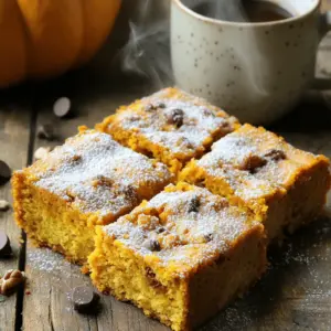 To make a delicious pumpkin coffee cake, you need some key ingredients. Here’s what you will need: - 1 cup all-purpose flour - 1 cup whole wheat flour - 1 teaspoon baking powder - 1 teaspoon baking soda - 1 teaspoon ground cinnamon - ½ teaspoon ground nutmeg - ½ teaspoon ground ginger - ¼ teaspoon ground cloves - ½ teaspoon salt - 1 cup pumpkin puree - 1 cup granulated sugar - ½ cup brown sugar, packed - ½ cup vegetable oil - 2 large eggs - 1 teaspoon vanilla extract You can enhance the flavor of your cake with optional add-ins. These can take your cake to the next level: - ½ cup chopped walnuts or pecans - ½ cup chocolate chips These ingredients create a rich, moist, and flavorful cake. You’ll love how easy it is to mix these items together. For the full recipe, you can refer to the earlier section. Enjoy your baking! 1. Preheat your oven and prep the baking pan. Set your oven to 350°F (175°C). Grease and flour a 9x13 inch baking pan. You can also line it with parchment paper for easy removal later. 2. Mix dry ingredients and wet ingredients separately. In a medium bowl, whisk together: - 1 cup all-purpose flour - 1 cup whole wheat flour - 1 teaspoon baking powder - 1 teaspoon baking soda - 1 teaspoon ground cinnamon - ½ teaspoon ground nutmeg - ½ teaspoon ground ginger - ¼ teaspoon ground cloves - ½ teaspoon salt In a large bowl, blend these wet ingredients until smooth: - 1 cup pumpkin puree - 1 cup granulated sugar - ½ cup brown sugar - ½ cup vegetable oil - 2 large eggs - 1 teaspoon vanilla extract 3. Combine the ingredients and prepare the batter. Slowly add the dry mix to the wet mix. Stir gently until just combined. Avoid overmixing. If you want, fold in: - ½ cup chopped walnuts or pecans (optional) - ½ cup chocolate chips (optional) 1. Pour batter into the pan. Pour the batter into your prepared baking pan. Spread it evenly across the pan. 2. Baking time and checking for doneness. Bake in your preheated oven for 35 to 40 minutes. To check, insert a toothpick into the center. It should come out clean when done. 3. Cooling and serving suggestions. Once baked, let the coffee cake cool in the pan for 15 minutes. Then, transfer it to a wire rack to cool completely. For a nice touch, dust the top with powdered sugar. Serve with coffee or tea. Enjoy your delightful pumpkin coffee cake! To make the best pumpkin coffee cake, avoid these common mistakes: - Overmixing the batter: Mix just until the dry and wet ingredients blend. This helps keep your cake fluffy. - Not measuring ingredients correctly: Use the right tools. Spoon flour into your measuring cup and level it off with a knife. - Skipping the preheating: Make sure your oven is hot before baking. This helps the cake rise well. For perfect texture and moisture, follow these tips: - Add pumpkin puree: This keeps the cake moist. It also gives a rich flavor. - Use a mix of flours: Combining all-purpose and whole wheat flour adds depth. It also gives a nice crumb. - Check doneness: Insert a toothpick in the center. If it comes out clean, your cake is ready. Pair your pumpkin coffee cake with these delightful options: - Coffee or tea: A warm drink complements the flavors. It makes a cozy afternoon treat. - Whipped cream: A dollop on top adds sweetness. It makes each slice feel special. - Fresh fruit: Apples or pears on the side bring a fresh taste. They balance the cake's richness. For a beautiful presentation: - Dust with powdered sugar: This adds a lovely touch. It makes the cake look extra inviting. - Slice into squares: Arrange them on a nice plate. This makes serving easy and fun. Enjoy making your pumpkin coffee cake delightful with these tips! For the full recipe, check the earlier sections. {{image_2}} You can make pumpkin coffee cake gluten-free. Use a gluten-free flour blend instead of all-purpose flour. This swap keeps the cake tasty, and it remains moist. Feel free to add spices like nutmeg or allspice for extra flavor. You can also mix in some chocolate chips or chopped nuts. These add texture and boost the cake's flavor. If you need to cut sugar, use honey or maple syrup. These natural sweeteners can work well in this recipe. For a dairy-free option, swap dairy milk with almond or oat milk. You can also use coconut oil instead of vegetable oil. If you want an egg-free cake, replace eggs with flax eggs. To make a flax egg, mix one tablespoon of ground flaxseed with three tablespoons of water. Let it sit for a few minutes until it thickens. These changes keep your pumpkin coffee cake delicious and suitable for various diets. For the full recipe, check out the detailed steps above. To keep your pumpkin coffee cake fresh, follow these tips: - Cool completely: Let the cake cool down before storing. This stops it from getting soggy. - Use airtight containers: Store it in an airtight container. This keeps moisture in and air out. - Wrap tightly: If you don’t have a container, wrap the cake well in plastic wrap or foil. For the best taste, eat the coffee cake within three days. If you notice any signs of mold or off-smells, throw it away. Freezing pumpkin coffee cake is a great way to save some for later. Here’s how: - Slice the cake: Cut your coffee cake into squares. This helps you thaw only what you need. - Wrap each slice: Wrap each piece in plastic wrap tightly. This prevents freezer burn. - Use freezer bags: Place wrapped slices in a freezer bag. Squeeze out as much air as you can before sealing. To thaw, take out a slice and place it in the fridge overnight. For a quick option, unwrap and warm it in the microwave for a few seconds. Enjoy the same great flavor and texture! What can I substitute for pumpkin puree? If you don't have pumpkin puree, use mashed sweet potatoes or butternut squash. Both options give a nice flavor and texture. You could also try applesauce for a different twist. Just keep in mind that the taste will change a bit. How do I know when my coffee cake is done baking? Check your cake by inserting a toothpick into the center. If it comes out clean, your coffee cake is ready. It should also spring back when lightly pressed. Look for a golden-brown color on top. Can I make this recipe ahead of time? Yes, you can make this coffee cake a day ahead. Bake it and let it cool. Store it in an airtight container at room temperature. This allows the flavors to blend and deepen. How long does pumpkin coffee cake last? When stored properly, your pumpkin coffee cake can last for about 3 to 4 days. If you want to keep it longer, consider freezing it. Wrap individual slices tightly in plastic wrap, then place in a freezer bag. Pumpkin coffee cake is a delightful treat made from key ingredients and flavorful add-ins. You learned how to prepare, bake, and store this cake, along with tips to avoid mistakes. Variations allow for gluten-free options and custom flavors to suit your taste. I hope you feel equipped to create a delicious coffee cake. Enjoy sharing this easy recipe and impressing your friends and family with your baking skills!