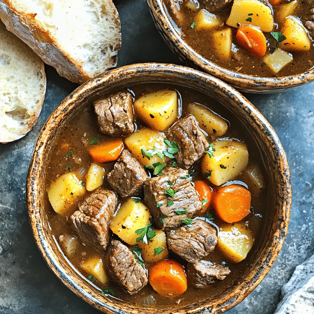 - 2 lbs beef chuck roast, cut into 1-inch cubes - 4 medium carrots, sliced - 3 medium potatoes, diced - 1 large onion, chopped - 3 cloves garlic, minced The beef chuck roast is the star of this dish. It becomes tender and flavorful when cooked slowly. I love using carrots and potatoes because they add sweetness and heartiness. The onion and garlic give a wonderful aroma and depth to the stew. - 4 cups beef broth (low sodium) - 2 tablespoons tomato paste - 2 teaspoons dried thyme - 1 teaspoon rosemary - 1 teaspoon paprika - Salt and pepper to taste - 2 tablespoons olive oil - 1 bay leaf - 2 tablespoons cornstarch (optional, for thickening) - 2 tablespoons water (optional, for thickening) The beef broth is key for richness. Tomato paste adds a nice tang. Thyme and rosemary bring warmth and earthiness. Paprika adds a touch of color and flavor. I use olive oil for searing the beef and adding a smooth texture. The bay leaf gives a nice herbal note. If you like a thicker stew, the cornstarch slurry is an easy option. Searing beef adds a nice flavor. It locks in juices and creates a tasty crust. To sear, heat olive oil in a skillet over medium-high heat. Add beef cubes, leaving space between them. Cook for about 5 to 7 minutes until brown on all sides. This step makes your stew rich and deep in flavor. Layer ingredients in the slow cooker for even cooking. Start with the seared beef at the bottom. Then add sliced carrots, diced potatoes, and chopped onions on top. This order helps each item cook well. Next, mix the sauce. In a bowl, combine beef broth, tomato paste, minced garlic, thyme, rosemary, paprika, salt, and pepper. Stir until blended. Pour this mixture over your layered beef and veggies. Don't forget to add the bay leaf for extra flavor! Now, it’s time to cook! Cover the slow cooker and set it to low for 8 hours or high for 4 hours. Cooking low and slow helps the beef become tender and flavorful. Make sure to keep the lid on. This keeps the steam in and helps all the flavors blend together. If you want a thicker stew, mix cornstarch with water in the last 30 minutes. Stir it in and cook uncovered to thicken the stew slightly. Adding wine or Worcestershire sauce boosts the flavor of your stew. A splash of red wine adds depth. Worcestershire sauce brings a savory kick. Both ingredients work well with beef. Incorporating seasonal vegetables also enhances the dish. Try adding parsnips in winter or zucchini in summer. Seasonal veggies add freshness and new flavors. This keeps your stew exciting every time you make it. Always check for doneness as your stew cooks. The beef should be tender and easy to shred. Use a fork to test it. If it’s tough, let it cook longer. Adjusting seasonings is key for a balanced flavor. Taste your stew before serving. Add salt or pepper, if needed. Remember, you can always add more, but you can't take it away. Using a cornstarch slurry is a great way to thicken your stew. Mix two tablespoons of cornstarch with two tablespoons of water. Stir this mixture into your stew in the last 30 minutes. It will thicken nicely. If you want alternatives, try mashed potatoes or pureed beans. Both can add thickness without cornstarch. This way, you can change the texture and flavor of your stew. {{image_2}} You can use different cuts of beef for your stew. Beef chuck roast is great, but brisket or round can work, too. These cuts are tender when cooked low and slow. If you want to switch things up, try chicken or turkey. Use boneless pieces and adjust the cooking time. Chicken usually cooks faster than beef. This way, you can enjoy a lighter version while keeping the stew hearty. Adding vegetables makes your stew even better. You can throw in mushrooms or green beans for extra flavor. Mushrooms add a nice earthiness, while green beans give a fresh crunch. If you want more protein, consider legumes like lentils or beans. These can thicken your stew and boost its nutrition. Just add them alongside your other veggies for a tasty twist. For those who need gluten-free options, just check your broth and tomato paste. Many brands offer gluten-free versions. This way, everyone can enjoy the stew. If you want a vegetarian or vegan stew, skip the meat and use vegetable broth. You can add more beans and hearty vegetables. Root veggies like sweet potatoes work well. This keeps your stew filling and delicious without meat. After enjoying your slow cooker beef stew, store leftovers in airtight containers. Glass containers work well and keep the stew fresh. Make sure to let the stew cool before sealing. This helps avoid moisture build-up, which can spoil the food. Label each container with the date. This way, you know how long they have been in the fridge. Keep the stew in the refrigerator for up to three days. When reheating, stir well and heat until hot. You can use the microwave or stovetop for this. To freeze the stew, let it cool completely first. Then, transfer it to freezer-safe bags or containers. Squeeze out as much air as you can. This helps prevent freezer burn. Slow cooker beef stew lasts about three months in the freezer. When you’re ready to eat, thaw it in the fridge overnight. Reheat it on the stove or microwave until steaming hot. Meal prepping makes busy days easier. You can cut the beef, veggies, and garlic ahead of time. Store them in separate containers in the fridge. This way, when you're ready to cook, it only takes a few minutes to toss everything in the slow cooker. You can also mix the sauce ingredients in advance. Just keep them in a jar until you need them. This saves time and keeps your cooking stress-free. Yes, you can skip browning the meat. However, there are pros and cons. Pros: - It saves time. - You can go straight to the slow cooker. Cons: - The stew may lack depth in flavor. - Browning adds a rich taste and color. You can boost your stew’s flavor with these spices and herbs: - Bay leaf: Adds a subtle aroma. - Worcestershire sauce: Gives a savory kick. - Red wine: Enhances richness. - Parsley: Freshens the dish. Feel free to experiment with spices you love. Adding fresh herbs near the end will also brighten the flavor. Yes, slow cooker beef stew can be healthy. Here’s a quick breakdown: - Protein: Beef chuck provides high-quality protein. - Vegetables: Carrots and potatoes offer vitamins and fiber. - Calories: A serving is about 300-400 calories, depending on the portion size. Keep in mind to watch your serving sizes. Balance is key for a healthy meal. In this blog post, we explored how to make a tasty slow cooker beef stew. We covered main ingredients like beef, carrots, potatoes, and aromatic herbs. I shared step-by-step instructions for cooking and tips for enhancing flavor. You can try different meats and vegetables based on your taste. Don’t forget to store leftovers properly for future meals. With these insights, you can create a warm, satisfying stew that everyone will enjoy. Happy cooking!