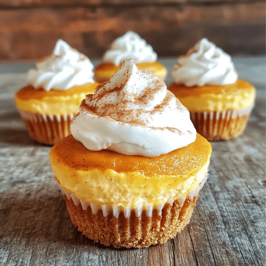 To make these pumpkin cheesecake cupcakes, you need specific ingredients for the best taste. Each item plays a key role in the final outcome. - 1 cup graham cracker crumbs These crumbs form the crust. They add a sweet touch and a nice crunch. - 1/4 cup unsalted butter, melted Butter binds the crumbs together. It adds richness to the crust. - 2 tablespoons sugar This helps sweeten the crust. It balances well with the cheesecake filling. - 12 ounces cream cheese, softened Cream cheese gives the cupcakes their creamy texture. It’s the heart of the cheesecake. - 1 cup canned pumpkin puree Pumpkin adds flavor and moisture. It gives these cupcakes their fall vibe. - 1/2 cup sugar This sweetens the filling. It helps the pumpkin shine through. - 2 large eggs Eggs provide structure. They help the filling set while baking. - 1 teaspoon vanilla extract Vanilla enhances the flavors. It adds warmth to the overall taste. - 1 teaspoon ground cinnamon Cinnamon brings spice to the cupcakes. It makes them feel cozy and festive. - 1/2 teaspoon ground nutmeg Nutmeg adds a distinct flavor. It pairs well with pumpkin and cinnamon. - 1/4 teaspoon ground ginger Ginger adds a zesty kick. It complements the pumpkin nicely. - 1/4 teaspoon salt Salt balances the sweetness. It brings out the flavors in the cupcakes. - Whipped cream and cinnamon for topping These toppings add a finishing touch. They make the cupcakes look and taste even better. Using high-quality ingredients is key. Fresh cream cheese and real pumpkin puree make a big difference. The right spices enhance the flavors. Quality ingredients lead to a richer, more satisfying treat. For the full recipe, check out the detailed instructions. First, preheat your oven to 350°F (175°C). This step helps your cupcakes bake evenly. While the oven heats, prepare a 12-cup muffin tin by lining it with cupcake liners. Next, you’ll make the crust. In a medium bowl, combine 1 cup of graham cracker crumbs, 1/4 cup of melted unsalted butter, and 2 tablespoons of sugar. Mix well until it looks like wet sand. Now, press about 1 tablespoon of this mixture into the bottom of each cupcake liner. This forms a nice, crunchy base. Bake the crusts in the oven for just 5 minutes. Once done, take them out and let them cool slightly. Now, let’s prepare the filling. In a large bowl, beat 12 ounces of softened cream cheese until it’s smooth. Then, add 1 cup of canned pumpkin puree, 1/2 cup of sugar, 2 large eggs, 1 teaspoon of vanilla extract, 1 teaspoon of ground cinnamon, 1/2 teaspoon of ground nutmeg, 1/4 teaspoon of ground ginger, and 1/4 teaspoon of salt. Blend everything until it’s creamy and well mixed. Spoon this pumpkin cheesecake mixture over your cooled crusts in the muffin tin. Fill each liner about two-thirds full. Bake your cupcakes for 20 to 25 minutes. To check for doneness, look for set edges and a slight jiggle in the center. This means they are almost ready. Once baked, remove the muffin tin from the oven. Let the cupcakes cool in the pan for around 10 minutes. After that, transfer them to a cooling rack to cool completely. Finally, put the cooled cupcakes in the fridge for at least 2 hours. This step is key for the best flavor and texture. You can even leave them overnight for better results. Before serving, top each cupcake with a dollop of whipped cream and a sprinkle of cinnamon for a lovely finish. Enjoy your delightful pumpkin cheesecake cupcakes! For the complete recipe, check the Full Recipe above. When I bake pumpkin cheesecake cupcakes, I focus on avoiding common mistakes. One mistake is overmixing the batter. This can make your cupcakes tough. Mix just until everything blends well. Another mistake is skipping the chilling step. Chilling helps the flavors meld together and firm up the texture. For baking times, I find that 20-25 minutes at 350°F (175°C) works perfectly. Check for doneness by gently shaking the pan. If the edges are firm and the center jiggles slightly, they are ready. Topping your cupcakes can be fun! I love adding a dollop of whipped cream on each one. It adds creaminess and looks appealing. For added flair, sprinkle a bit of cinnamon on top. For presentation, I suggest using colorful cupcake liners. They make a great first impression. Arrange the cupcakes on a nice platter, and consider adding some fall-inspired decorations like mini pumpkins or autumn leaves. This adds charm to your serving table and enhances the festive feel. For a full guide on making these delicious treats, check out the Full Recipe. {{image_2}} You can bring new life to pumpkin cheesecake cupcakes with fun flavor twists. One idea is to add chocolate. Just fold in some mini chocolate chips into the filling. This gives a rich taste that pairs perfectly with pumpkin. You can also sprinkle chocolate shavings on top for a great look. Another option is to change the spices. If you like more warmth, add a pinch of allspice or cardamom. These spices can give your cupcakes a unique flavor. You can also try using pumpkin pie spice for extra depth. For the crust, you don’t have to stick with graham crackers. Try using crushed Oreos for a rich, chocolatey base. You can also use vanilla wafers or almond flour for a different taste. If you want gluten-free cupcakes, use gluten-free graham cracker crumbs. They work just as well and taste great. For a dairy-free option, swap the cream cheese with a dairy-free alternative. Look for cream cheeses made from nuts or soy. They can give you that creamy texture without dairy. When it comes to sweeteners, consider using honey or maple syrup instead of sugar. These natural sweeteners can add a unique flavor. You can also use stevia or monk fruit for a low-calorie option. Just adjust the amounts, as these sweeteners are often sweeter than sugar. With these variations, you can make your pumpkin cheesecake cupcakes fit any taste or diet! To keep your pumpkin cheesecake cupcakes fresh, store them in the fridge. Use an airtight container. This helps to lock in their creamy goodness. If you plan to eat them later, you can freeze them. Just wrap each cupcake well in plastic wrap. Then, place them in a freezer-safe bag. This protects them from freezer burn. Pumpkin cheesecake cupcakes stay fresh in the fridge for about five days. If you freeze them, they can last up to three months. Check for signs of spoilage before eating. If you see any mold, or if the cupcakes smell off, it’s best to toss them. Enjoy your delightful and creamy treats while they are at their best! How long do pumpkin cheesecake cupcakes need to cool before serving? You should let the cupcakes cool for about 10 minutes in the pan. Then, move them to a cooling rack. They need to chill in the fridge for at least 2 hours. This helps them set up perfectly. Can I make the batter ahead of time? Yes, you can make the batter ahead of time. Just cover the bowl and store it in the fridge. Use it within a day for the best taste and texture. Why did my cupcakes sink? Cupcakes may sink if they are undercooked or if there is too much air in the batter. Make sure to mix just until combined and check the baking time. How do I know if they are fully cooked? You can test if they are done by gently shaking the pan. The edges should be set, and the center should have a slight jiggle. A toothpick inserted in the center should come out clean or with just a few crumbs. For detailed instructions and ingredient measurements, you can check the [Full Recipe](#). In this post, we explored how to make pumpkin cheesecake cupcakes. You learned about the key ingredients and their importance for taste. We went through each preparation phase and baking step, so you can achieve perfect results. Tips helped you avoid common mistakes, while variations gave you creative options. Finally, we covered storage methods to keep your cupcakes fresh. Remember, great baking takes practice and a bit of fun. Enjoy making these treats and sharing them with others!
