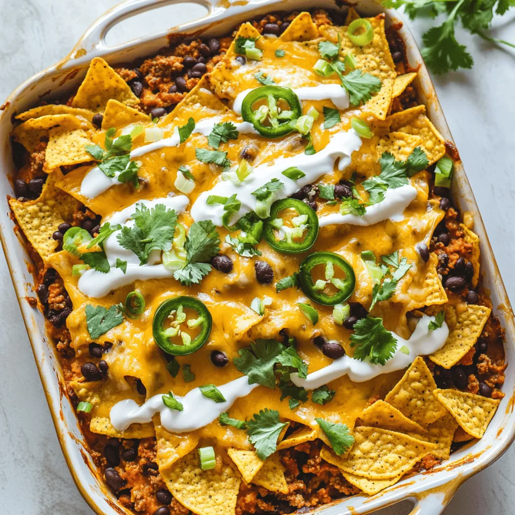 - 1 lb ground beef - 1 tablespoon taco seasoning - 1 can (15 oz) black beans, drained and rinsed - 1 cup corn (fresh or frozen) - 1 cup salsa - 2 cups tortilla chips, crushed - 2 cups shredded cheddar cheese - 1 cup sour cream - 1/2 cup sliced green onions - 1 jalapeño, sliced (optional) - Fresh cilantro for garnish This recipe is fun and easy. You’ll need ground beef as the base. It gives the casserole a hearty feel. Taco seasoning adds great flavor. Just one tablespoon is enough to spice things up. Black beans add protein and fiber. They also give a nice texture. Corn lends sweetness and color. Salsa brings moisture and zest to the mix. Use any type you like. Tortilla chips add crunch. Crushing them makes a great base. Cheddar cheese is a must for that gooey topping. It melts perfectly in the oven. Sour cream provides creaminess. You can drizzle it on top before serving. Green onions add freshness and a mild onion taste. For some heat, add jalapeños. They’re optional but tasty. Fresh cilantro brightens the dish and adds flavor. Each ingredient plays a key role in making this Walking Taco Casserole a hit! To start, preheat your oven to 350°F (175°C). This ensures even cooking for your casserole. While the oven warms up, take a large skillet and brown 1 pound of ground beef over medium heat. It will take about 5-7 minutes for the beef to be fully cooked. As it cooks, drain any extra fat from the skillet. Next, add 1 tablespoon of taco seasoning to the beef. Mix well until the beef is evenly coated. Then, incorporate 1 can of black beans, drained and rinsed, along with 1 cup of corn and 1 cup of salsa. Cook this mixture for another 2-3 minutes. You want everything heated through and well combined. Now it’s time to build your layers! Start with a large baking dish. Lay half of the crushed tortilla chips at the bottom. Spread the beef mixture evenly over the chips. Then, sprinkle 1 cup of shredded cheddar cheese on top. Add the remaining crushed tortilla chips as your next layer, followed by the rest of the cheese. Pop the dish into your preheated oven. Bake for about 15-20 minutes. You’ll know it’s ready when the cheese is melted and bubbly. Once out of the oven, let it cool for a few minutes. When ready to serve, drizzle sour cream on top. Add sliced green onions and jalapeños, if you like. Don’t forget to garnish with fresh cilantro for that extra flavor! To make your Walking Taco Casserole stand out, start by browning the beef well. Use medium heat and break it apart as it cooks. This method helps render the fat and gives the meat a nice color. Aim for about 5-7 minutes until fully cooked. Drain any fat before adding other ingredients. Next, focus on layering for the best texture. Start with half of the crushed tortilla chips at the bottom of your dish. Add the beef mixture evenly on top. This helps create a strong base. Then, sprinkle cheese over the beef. Finish with the remaining tortilla chips and cheese on top. This layering keeps the chips crispy and the cheese gooey. For sides, I recommend fresh salad or corn on the cob. They balance the flavors well. You can also serve with extra salsa or guacamole for dipping. Choose a large, shallow dish for serving. It makes it easy for guests to scoop their portions. You can even serve in individual bowls for a fun touch. If you want a vegetarian option, replace the beef with a mix of black beans and lentils. This keeps the protein and flavor but makes it meat-free. For toppings, get creative! Try adding sliced avocado, diced tomatoes, or even jalapeños for heat. You can also use different cheese types like pepper jack or mozzarella to switch things up. {{image_2}} You can switch up the meat in your Walking Taco Casserole. Ground turkey works well as a lean alternative. It cooks quickly and absorbs the taco flavors nicely. Shredded chicken is another great choice. It adds a different texture and can make the dish lighter. Both options keep the dish tasty but allow for personal preference. Cheese is a key part of this dish, but you can mix it up. Try using pepper jack for a spicy kick. Monterey Jack is milder and melts well, too. If you prefer a dairy-free option, look for plant-based cheeses. These alternatives can add unique flavors while keeping it creamy. Toppings can take your casserole to the next level. Avocado adds a rich, creamy texture. You can slice it or mash it on top. Adding fresh lettuce and diced tomatoes gives a nice crunch. These toppings bring freshness and balance to the dish. Feel free to get creative with your favorites! To keep your Walking Taco Casserole fresh, store it in the fridge. Place it in an airtight container. It will stay good for about three to four days. If you want to keep it longer, consider freezing it. For freezing, wrap portions tightly in plastic wrap, then place them in a freezer bag. This dish can last up to three months in the freezer. When it’s time to enjoy your leftovers, reheating is simple. The best method is to use the oven. Preheat your oven to 350°F (175°C). Place the casserole in an oven-safe dish, cover it with foil, and heat for about 20-25 minutes. This keeps the casserole warm without making it soggy. You can also use the microwave. If you choose this method, use a microwave-safe bowl. Heat in short bursts of 1-2 minutes, stirring in between. This way, you avoid cold spots. Enjoy your tasty Walking Taco Casserole just like before! Walking Taco Casserole can last in the fridge for about 3 to 4 days. Store it in an airtight container to keep it fresh. If you want to freeze it, you can keep it for up to 3 months. Just make sure to use a freezer-safe dish. When ready to eat, thaw it in the fridge overnight before reheating. Yes, you can make this casserole ahead of time! Prepare the beef mixture and layer it in the dish. Cover it with plastic wrap and store it in the fridge. Bake it when you're ready to serve. This way, you save time on busy days. You can also cook it fully and reheat it later. Walking Taco Casserole pairs well with many sides. Here are some tasty options to consider: - Fresh salad: A crisp green salad adds a nice crunch. - Guacamole: Creamy guacamole balances the spice. - Mexican rice: Fluffy rice complements the flavors. - Chips and salsa: Serve extra chips for dipping. - Cornbread: Sweet cornbread makes a great side. Feel free to mix and match to find your favorite combinations! This blog covered how to make a tasty Walking Taco Casserole. We detailed the main ingredients and step-by-step instructions. I shared tips for perfecting your dish, offered variations, and explained storage methods. In conclusion, you can create a fun and easy meal that everyone will love. Feel free to customize it with your favorite toppings. Enjoy making this dish for family dinners or get-togethers. It's sure to be a hit!