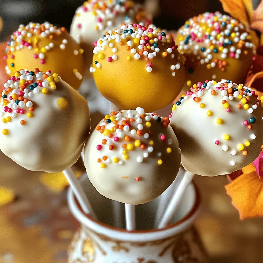 For your pumpkin cake pops, gather these simple ingredients: - 1 cup canned pumpkin puree - 1 cup all-purpose flour - 1/2 cup granulated sugar - 1/2 cup brown sugar, packed - 1/2 teaspoon baking powder - 1/2 teaspoon baking soda - 1 teaspoon ground cinnamon - 1/2 teaspoon ground nutmeg - 1/4 teaspoon ground ginger - 1/4 teaspoon salt - 1/2 cup vegetable oil - 2 large eggs - 1 teaspoon vanilla extract - 1 cup white chocolate chips (for coating) - 1 tablespoon coconut oil (for thinning the chocolate) - Sprinkles (for decoration) If you need to swap some items, here are great options: - Use almond flour for a gluten-free version. - Replace vegetable oil with melted coconut oil for a richer taste. - Maple syrup can replace granulated sugar for a natural sweet touch. - Instead of white chocolate chips, you can use dark chocolate for a twist. Each pumpkin cake pop has about: - Calories: 150 - Total Fat: 7g - Saturated Fat: 3.5g - Carbohydrates: 20g - Sugars: 10g - Protein: 2g - Fiber: 1g This snack brings a cozy flavor and a fun treat for fall! Enjoy making these with your family and friends. 1. Preheat the Oven: Start by preheating your oven to 350°F (175°C). Grease a 9x9 inch baking dish or line it with parchment paper. 2. Mix the Dry Ingredients: In a large bowl, whisk together the flour, granulated sugar, brown sugar, baking powder, baking soda, cinnamon, nutmeg, ginger, and salt. Make sure everything is well blended. 3. Combine Wet Ingredients: In another bowl, mix the pumpkin puree, vegetable oil, eggs, and vanilla extract. Whisk until smooth. 4. Combine Mixtures: Slowly add the wet mix to the dry ingredients. Stir until just combined. Avoid over-mixing. 5. Bake the Cake: Pour the batter into your prepared dish. Spread it evenly. Bake for 25 to 30 minutes. Check with a toothpick; it should come out clean. Allow it to cool completely. - Don’t Over-Mix: This can make your cake tough. Mix just enough until combined. - Use Fresh Spices: Fresh spices give a stronger flavor. Check your spice jars! - Room Temperature Ingredients: Ensure your eggs and oil are at room temp. This helps blend better. 1. Cooling the Cake: Once baked, let the cake cool in the dish for about 10 minutes. Then, transfer it to a wire rack to cool completely. 2. Crumbling the Cake: Once cool, crumble the cake into a large bowl using your hands or a fork. Aim for fine crumbs. This ensures even coating later. These steps will help you create a delicious base for your pumpkin cake pops. Enjoy the process! You can make your pumpkin cake pops look great with a few easy ideas. - Use festive sprinkles. Try orange and yellow for a fall vibe. - Drizzle melted chocolate on top for an extra touch. - Add small candy eyes to make them fun and cute. - Use edible glitter for a sparkly finish. - Place them in colorful cups or sticks for a fun display. When making cake pops, a few mistakes can happen. Here are some to watch out for: - Don’t over-mix the cake batter. This can make the pops tough. - Make sure to chill the cake balls before dipping. This helps them hold shape. - If your chocolate is too thick, it won’t coat well. Use coconut oil to thin it out. - Don’t skip the sprinkles while the chocolate is wet. They won't stick if the chocolate is hard. Melting chocolate can be tricky. Follow these tips for the best results: - Use a microwave-safe bowl to heat the chocolate. - Heat in short bursts of 30 seconds. Stir well in between to avoid burning. - Adding coconut oil helps make the chocolate smooth and easy to dip. - If the chocolate gets too hot, let it cool slightly before dipping. - Stir until smooth to ensure even coating on the cake pops. {{image_2}} You can change the cake pop flavor easily. Try using chocolate or red velvet cake mix instead of pumpkin. For chocolate cake pops, use cocoa powder in place of some flour. For red velvet, add cocoa and a touch of red food coloring. These variations keep the fun alive! If you need gluten-free cake pops, replace regular flour with almond or coconut flour. For a vegan version, use flax eggs instead of regular eggs. This means mixing one tablespoon of flaxseed meal with three tablespoons of water. Let it sit for five minutes until it thickens. Substitute coconut oil for vegetable oil, and use dairy-free chocolate chips for coating. Get creative with decorations! Use colored sprinkles for Halloween or Thanksgiving. For Christmas, dip them in dark chocolate and add crushed peppermint on top. You can even make themed cake pops for birthdays with fun colors and shapes. Each season offers a reason to try something new! To keep your pumpkin cake pops fresh, store them in an airtight container. Place a layer of parchment paper in between layers of cake pops. This keeps them from sticking together. Store the container in a cool, dry place. If you want them to last longer, the fridge works too. They stay fresh in the fridge for about a week. Freezing is a great option if you want to enjoy cake pops later. First, place the cake pops in a single layer on a baking sheet. Freeze them for about an hour until solid. Then, wrap each cake pop in plastic wrap. After that, place them in a freezer-safe bag or container. They can stay in the freezer for up to three months. When you're ready to eat, let them thaw in the fridge overnight before enjoying. If your cake pops lose their freshness, don’t worry! You can bring them back to life. First, dip them in melted chocolate again. This adds moisture and covers any dry spots. Let them set after dipping for a few minutes. You can also add a sprinkle of fresh decorations to make them look new. With these tips, your cake pops will stay enjoyable even after a few days! Pumpkin cake pops last about 5 days at room temperature. You should store them in an airtight container. If you keep them in the fridge, they can last up to a week. The cold can help them stay fresh longer. Yes, you can make these cake pops ahead of time. You can bake and crumble the cake a day or two before. Just chill the cake balls as needed. Then, wait to coat them in chocolate until you are ready to serve. This helps keep the coating smooth and fresh. If you don't have white chocolate, you can use milk chocolate or dark chocolate. You can also try candy melts. They come in many colors and flavors, adding fun to your cake pops. Just make sure to melt them carefully, so they stay smooth. In this article, we covered how to make delicious pumpkin cake pops. We shared ingredients and tips for baking, cooling, and decorating. You learned about fun variations and how to store your treats. Remember, the key to great cake pops is texture and creativity. With these steps, you can create tasty bites that impress everyone. Enjoy baking and exploring new flavors!