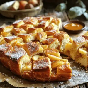 - 1 cup sourdough discard - 1/2 cup warm milk - 1/4 cup granulated sugar - 2 tablespoons unsalted butter, melted - 1 large egg - 3 cups all-purpose flour - 1 teaspoon salt - 1 tablespoon ground cinnamon - 2 medium apples, peeled and diced - 1/4 cup brown sugar - 1/4 cup chopped nuts (optional, e.g., walnuts or pecans) - 1 tablespoon vanilla extract - 1 egg wash (1 egg mixed with a splash of water for brushing) Each ingredient plays a key role in this recipe. The sourdough discard adds a tangy flavor and helps the bread rise. Warm milk makes the dough soft and moist. Sugar sweetens the bread and helps with browning. Butter adds a rich taste and texture. The egg gives the bread structure and color. Flour is the base that holds everything together. Salt enhances the flavors. Cinnamon gives a warm spice note. Apples provide natural sweetness and moisture. Brown sugar adds depth to the filling. Nuts add crunch and flavor, while vanilla gives a nice aroma. You can swap some ingredients to fit your needs: - Use almond milk or oat milk instead of regular milk for a dairy-free option. - Replace granulated sugar with coconut sugar for a less processed sweetener. - Try using a mix of apples, like Granny Smith and Honeycrisp, for more flavor. - If you want to skip nuts, leave them out or use seeds like sunflower seeds. - To add a twist, mix in dried fruits like raisins or cranberries. These substitutions help you customize the recipe to your taste while keeping it delicious! To start, grab a large mixing bowl. Pour in 1/2 cup of warm milk. Add 1/4 cup of granulated sugar and 2 tablespoons of melted butter. Mix until the sugar dissolves. Next, stir in 1 cup of sourdough discard and 1 large egg. Make sure everything blends well. In another bowl, combine 3 cups of all-purpose flour, 1 teaspoon of salt, and 1 tablespoon of ground cinnamon. Slowly add this dry mix to the wet mixture. Stir until you have a shaggy dough. While the dough rises, it’s time to prepare the apple filling. Take 2 medium apples, peel, and dice them. In a bowl, mix the diced apples with 1/4 cup of brown sugar, 1 tablespoon of vanilla extract, and 1/4 cup of chopped nuts if you like. This mixture adds a sweet and crunchy layer to your bread. Once your dough has risen, punch it down gently. Roll it out on a floured surface into a rectangle, about 1/4-inch thick. Cut the rectangle into strips about 4-5 inches wide, then cut each strip into squares, about 4 inches. Now it’s time to fill them! Place a spoonful of apple filling in the center of each square. Fold the edges over to seal the filling inside. Repeat this step for all squares. Now stack the filled squares vertically in a greased loaf pan. Cover the pan and let it rise again for about 30-45 minutes. Meanwhile, preheat your oven to 350°F (175°C). After the second rise, brush the tops of the dough with an egg wash. This gives the bread a beautiful golden color. Bake for 30-35 minutes until the top is golden brown. Once it’s done, let it cool in the pan for about 10 minutes before moving it to a wire rack to cool completely. Enjoy your warm, sweet, and fluffy pull-apart bread! To achieve the best dough texture, focus on kneading. Knead the dough for about 5-7 minutes on a floured surface. The dough should feel smooth and elastic as you work. If it’s sticky, add small amounts of flour until it feels just right. This process helps develop gluten, which gives your bread its lovely structure. If you have extra bread, store it in a cool, dry place. Wrap it in plastic wrap or foil to keep it fresh. For longer storage, use an airtight container. This will help prevent it from getting stale. You can also freeze the bread. Just slice it first, then wrap it tightly. It will last for about three months in the freezer. Serve the pull-apart bread warm for the best flavor. Dust the top with powdered sugar for a nice touch. For an extra treat, offer caramel sauce on the side for dipping. This makes it fun and tasty for everyone. You can even pair it with a scoop of ice cream for a delicious dessert! {{image_2}} You can make this bread even more fun by adding different fruits. Try pears or berries for a twist. Cherries or peaches also work well. Just keep the amount similar to what the recipe calls for. You can also add chocolate chips for sweetness. This will give you a lovely mix of flavors and textures. Want to enhance the flavor? Add some spices! You can mix in nutmeg or allspice with the cinnamon. A hint of ginger adds warmth. For a bit of zest, add orange or lemon zest to the filling. These small changes can make a big difference. They will brighten the taste and add a new dimension to your bread. If you need a gluten-free option, use a gluten-free flour blend. Make sure it has xanthan gum for better texture. For a vegan version, replace the egg with a flaxseed egg. Mix one tablespoon of ground flaxseed with three tablespoons of water and let it sit. Use plant-based milk and vegan butter instead of dairy. These swaps let everyone enjoy this delicious treat! To keep your pull-apart bread fresh, store it in an airtight container. Place parchment paper between layers to avoid sticking. It stays best at room temperature for up to three days. If you want to keep it longer, consider freezing. For the best taste, reheat the bread in the oven. Preheat your oven to 350°F (175°C). Wrap the bread in foil to keep it soft. Heat for about 10-15 minutes. If you prefer the microwave, warm it for 15-20 seconds. This method may soften the crust. To freeze, wrap the bread tightly in plastic wrap and then foil. This prevents freezer burn. It lasts up to three months. To thaw, simply leave it in the fridge overnight. If you're in a hurry, you can thaw it at room temperature for a few hours. Enjoy it warm for the best flavor! Yes, you can use regular yeast. However, sourdough discard adds a unique flavor. If you swap, use 2 teaspoons of instant yeast. This will change the texture and taste a bit. To check if the bread is done, look for a golden-brown top. You can also tap the bottom. If it sounds hollow, it’s ready. Use a toothpick to test the center for any wet dough. You can make pancakes, crackers, or even pizza dough. It's great for adding flavor to many recipes. You can also freeze it for later use. Just store it in an airtight bag. This bread stays fresh for about 2-3 days at room temperature. Store it in a bread box or wrap it in a towel. For longer storage, you can freeze it up to 3 months. Absolutely! You can prepare the dough and filling the night before. Just let the dough rise, then refrigerate it. In the morning, let it warm up, shape, and bake. Enjoy fresh bread without the wait! Sourdough Discard Apple Pull-Apart Bread is easy and fun to make. We covered every step, from the ingredients to variations. Understanding each ingredient helps ensure that your bread turns out great. Plus, you learned how to store and reheat leftovers properly. Try your own mix-ins or flavor boosts. Don't hesitate to adjust the recipe to suit your taste. Making this bread can be a rewarding kitchen adventure. Enjoy your baking journey!