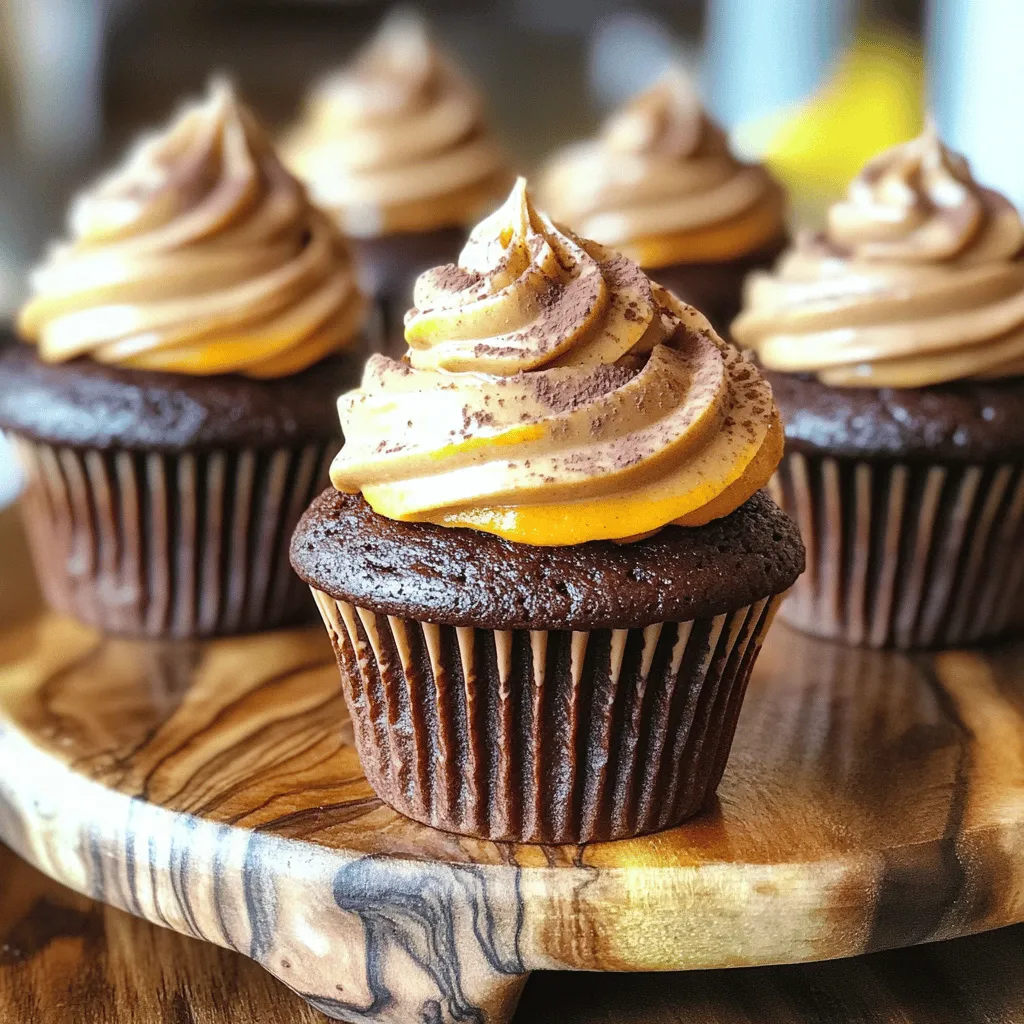 - 1 cup canned pumpkin puree - 1 cup all-purpose flour - 1/2 cup unsweetened cocoa powder - 1 cup granulated sugar - 1/2 cup brown sugar, packed - 1/2 cup vegetable oil - 2 large eggs - 1 teaspoon vanilla extract - 1 teaspoon baking powder - 1/2 teaspoon baking soda - 1/2 teaspoon salt - 1 teaspoon ground cinnamon - 1/2 teaspoon ground nutmeg - 1/2 cup chocolate chips (optional) I love using canned pumpkin puree for these cupcakes. It gives great flavor and moisture. You can find it in most grocery stores. All-purpose flour helps give the cake a nice structure. I always sift my flour for a light texture. Unsweetened cocoa powder adds a rich chocolate taste. It balances well with the pumpkin. Granulated sugar and brown sugar sweeten the cupcakes. The brown sugar adds a slight caramel flavor. Vegetable oil keeps the cupcakes moist and fluffy. I prefer using large eggs for better mixing. Vanilla extract brightens the flavor and works well with pumpkin. Baking powder and baking soda are key for rising. They help the cupcakes become light and airy. A bit of salt enhances all flavors. Ground cinnamon and nutmeg add a warm spice. These spices are perfect for fall vibes. You can add chocolate chips if you want more chocolatey goodness. They melt into the batter, creating little pockets of chocolate. This is a fun option to try! 1. First, preheat your oven to 350°F (175°C). This helps the cupcakes rise well. Line a muffin tin with cupcake liners to make serving easy. 2. Next, in a large bowl, mix the wet ingredients. Add 1 cup of canned pumpkin puree, 1 cup of granulated sugar, 1/2 cup of brown sugar, 1/2 cup of vegetable oil, 2 large eggs, and 1 teaspoon of vanilla extract. Whisk them together until smooth. 3. In another bowl, combine the dry ingredients. Sift together 1 cup of all-purpose flour, 1/2 cup of unsweetened cocoa powder, 1 teaspoon of baking powder, 1/2 teaspoon of baking soda, 1/2 teaspoon of salt, 1 teaspoon of ground cinnamon, and 1/2 teaspoon of ground nutmeg. 4. Now, mix the wet and dry ingredients together. Gradually add the dry mix to the pumpkin mix. Stir gently until just combined. Be careful not to overmix, as this makes cupcakes dense. 5. If you want more chocolate, add chocolate chips. Fold in 1/2 cup of chocolate chips for a rich taste. This step is optional but highly recommended! 6. Portion the batter into cupcake liners. Fill each liner about two-thirds full with the batter. This allows room for rising. 7. Bake the cupcakes for 18-20 minutes. To check for doneness, insert a toothpick into the center. If it comes out clean, they are ready! 8. After baking, cool the cupcakes. Let them sit in the tin for 5 minutes. Then, transfer them to a wire rack to cool completely. This step helps them stay moist and fluffy. - Avoiding overmixing: Mix the wet and dry ingredients just until combined. Overmixing makes cupcakes dense, not fluffy. - Achieving perfect doneness: Bake for 18-20 minutes. Insert a toothpick into the center. If it comes out clean, they are done. - Frosting ideas: Cream cheese frosting works well. Sprinkle cocoa powder or grated chocolate on top for a nice look. - Serving suggestions: Use a rustic wooden platter. This adds a cozy fall feel to your table. Consider adding small pumpkins around the cupcakes for decoration. {{image_2}} You can easily make these cupcakes fit special diets. For gluten-free options, use alternative flours like almond or coconut flour. Both add a unique taste. Just make sure to adjust the liquid amounts. For a dairy-free version, swap the vegetable oil with coconut oil. You can also replace eggs with flaxseed meal. Mix one tablespoon of flaxseed with three tablespoons of water. Let it sit for a few minutes until it thickens. This will keep the cupcakes moist and fluffy. To add more depth, try different spices. A bit of ginger or allspice can enhance the fall flavors. You can also explore different extracts. Peppermint or orange extract offers fun twists. When it comes to chocolate, you don’t have to stick to one type. Dark chocolate chips give a rich taste, while white chocolate adds sweetness. You can even mix in some milk chocolate for a balanced flavor. To keep your chocolate pumpkin cupcakes fresh, use an airtight container. This helps prevent them from drying out or absorbing unwanted smells. If you plan to eat them within a few days, just store them at room temperature. However, if you want to save them longer, refrigerate or freeze the cupcakes. Refrigerating the cupcakes keeps them fresh for about a week. For longer storage, wrap them tightly in plastic wrap and place them in a freezer-safe bag. This method protects the taste and texture. At room temperature, your cupcakes last about three days. Make sure they are in a cool, dry place away from sunlight. In the fridge, they can stay good for up to a week. If frozen, chocolate pumpkin cupcakes can last up to three months. Just remember to thaw them in the fridge when you’re ready to enjoy! Can I use fresh pumpkin instead of canned? Yes, you can use fresh pumpkin. Just cook and puree it. Make sure to drain excess moisture. This keeps your cupcakes from being too wet. What can I substitute for eggs in this recipe? You can use applesauce or mashed bananas. Use 1/4 cup for each egg. This adds moisture and keeps the cupcakes soft. How do I know when the cupcakes are done baking? Check with a toothpick. Insert it in the center. If it comes out clean, the cupcakes are done. They should also spring back lightly when touched. Can I make the batter in advance? Yes, you can. Store the batter in the fridge for up to 24 hours. Just stir it gently before using. What can I pair with chocolate pumpkin cupcakes? These cupcakes go well with cream cheese frosting. You can also serve them with vanilla ice cream. A warm drink, like chai tea, is a great match too! You now have a detailed guide to making delicious chocolate pumpkin cupcakes. From choosing the right ingredients to step-by-step baking tips, you’re set for success. Remember to adjust for any dietary needs and explore fun variations. Also, store your cupcakes properly to enjoy them longer. Enjoy your baking journey and share these tasty treats with friends and family!
