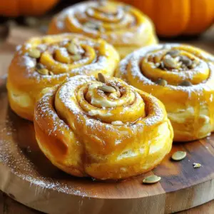 - 2 ½ cups all-purpose flour - ¼ cup granulated sugar - 2 teaspoons instant yeast - ½ teaspoon salt - 1 teaspoon ground cinnamon - ½ teaspoon ground nutmeg I start with the dry ingredients. Flour is the base of our rolls. It gives them structure. Sugar adds sweetness and helps with browning. The yeast makes the dough rise and gives it that fluffy texture. Salt adds flavor and balances the sweetness. Cinnamon and nutmeg add warmth and spice. - ½ cup milk, warmed - ¼ cup unsalted butter, melted - 1 large egg - ½ cup pumpkin puree - 1 teaspoon vanilla extract Next, we move to the wet ingredients. Warmed milk helps activate the yeast. Melted butter adds richness and flavor. The egg gives the dough moisture and helps it bind. Pumpkin puree brings that lovely fall flavor and moisture. Lastly, vanilla extract adds a sweet note to the rolls. - 1 cup cream cheese, softened - ½ cup powdered sugar - 1 tablespoon maple syrup - Extra cinnamon and sugar for sprinkling Now, let’s make the cream cheese filling. Softened cream cheese creates a smooth, rich layer. Powdered sugar adds sweetness and helps it blend well. Maple syrup gives a unique flavor that pairs perfectly with pumpkin. The extra cinnamon and sugar sprinkle on top adds that sweet crunch. - In a mixing bowl, combine the dry ingredients: 2 ½ cups all-purpose flour, ¼ cup granulated sugar, 2 teaspoons instant yeast, ½ teaspoon salt, 1 teaspoon ground cinnamon, and ½ teaspoon ground nutmeg. Whisk them together until blended. - In another bowl, mix the wet ingredients: ½ cup warmed milk, ¼ cup melted unsalted butter, 1 large egg, ½ cup pumpkin puree, and 1 teaspoon vanilla extract. - Pour the wet mixture into the dry ingredients. Stir until they form a rough dough. Gradually add the remaining flour, ½ cup at a time, until a soft dough forms. - Knead the dough on a floured surface for about 5-7 minutes. Work it until it feels smooth and elastic. - Place the kneaded dough in a greased bowl. Cover it with a clean cloth and let it rise in a warm spot. Wait about 1 hour or until it doubles in size. - While the dough rises, prepare the cream cheese filling. In a bowl, mix 1 cup softened cream cheese, ½ cup powdered sugar, and 1 tablespoon maple syrup. Blend until smooth and creamy. - Once the dough has risen, roll it out on a floured surface. Aim for a rectangle about ¼ inch thick. - Spread the cream cheese filling evenly over the dough. Leave a small border around the edges. - Sprinkle extra cinnamon and sugar over the cream cheese layer for more flavor. - Starting from one long edge, roll the dough tightly into a log. Cut the log into 12 equal slices. - Place the rolls in a greased baking dish. Cover them again and let them rise for another 30 minutes. - Preheat your oven to 350°F (175°C). - Bake the rolls for 25-30 minutes. They should turn golden brown. After baking, allow them to cool slightly before adding more maple syrup or a dusting of powdered sugar. To make great cinnamon rolls, you need perfect dough. Start by kneading well. Knead the dough for about 5 to 7 minutes. This builds gluten, making your rolls soft. Use your palms to push and fold the dough. If it feels sticky, sprinkle a little flour. The dough needs a warm place to rise. A spot around 75°F to 80°F works best. Cover it with a clean cloth to keep it warm. Let it rise until it doubles in size. This usually takes about 1 hour. You can change the sweetener in the filling. Instead of granulated sugar, try brown sugar or honey. These add a deeper flavor. You can also mix in some maple syrup for extra sweetness. Adding spices can change the taste too. Try a dash of ginger or cloves with the cinnamon. These spices can make your rolls unique and delicious. Serve your warm rolls on a large platter. Drizzle them with maple syrup for sweetness. A sprinkle of cinnamon on top makes them look pretty. Add some pumpkin seeds for a festive touch. You can also place them in individual serving dishes for a nice touch. {{image_2}} You can change the cream cheese filling for more fun. Try adding nuts like pecans or walnuts. They give a nice crunch. You can also mix in some spices. A pinch of ginger or cardamom can make it more exciting. Adding nuts or dried fruits can make these rolls even better. Walnuts or pecans add a nice texture. They pair well with the creamy filling. You can also use dried fruits like raisins or cranberries. They give a sweet burst in every bite. Just chop them up and sprinkle them on top of the cream cheese filling. Want to make muffins instead? You can adapt the recipe easily. Just pour the dough into a muffin tin instead of rolling it out. Make sure to fill each cup halfway. This way, they rise nicely. Bake them for about 15-20 minutes. Check if they are golden brown and cooked through. Enjoy their fluffy texture! To store leftovers, wrap the rolls in plastic wrap. This keeps them fresh and soft. You can also place them in an airtight container. Store them in the fridge for up to three days. This helps maintain flavor and texture. For freezing cinnamon rolls, let them cool completely. Wrap each roll in plastic wrap and then foil. This protects them from freezer burn. You can freeze them for up to three months. To thaw, place the rolls in the fridge overnight. Reheat them by placing in a warm oven for a few minutes. These cinnamon rolls last three days in the fridge. If kept frozen, they last for three months. Watch for signs of spoilage like mold or an off smell. If the rolls dry out or harden, they may not taste good. Always check before enjoying your treat! Yes, you can use fresh pumpkin. Just cook and puree it first. Make sure it’s smooth and not watery. This adds a fresh flavor to your rolls. If your dough doesn’t rise, it may be too cold. Try moving it to a warmer spot. You can also check your yeast. It should be fresh and active. If it’s old, it won’t work well. To make your rolls more decadent, add more cream cheese to the filling. You can also mix in chocolate chips or nuts. Drizzling with extra maple syrup adds sweetness and richness. Yes, you can prepare the rolls ahead of time. After cutting them, place them in the fridge overnight. Let them rise for 30 minutes before baking the next day. To reheat cinnamon rolls, use the microwave for a quick fix. Heat for about 15-20 seconds. For a crispier texture, warm them in the oven at 350°F for about 10 minutes. In this blog post, we explored how to make delicious pumpkin cream cheese cinnamon rolls. We covered the key ingredients, including both dry and wet components, and detailed each step, from preparing the dough to baking. You also learned helpful tips for perfecting your rolls and creative variations to try. Enjoy these treats fresh or stored properly for later. Baking brings joy, and these rolls will surely delight anyone who tries them. Happy baking!