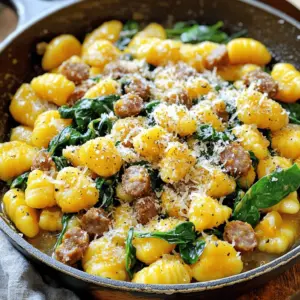 - 2 cups butternut squash, peeled and cubed - 1 cup all-purpose flour, plus extra for dusting - 1 large egg - 8 oz Italian sausage, casings removed - 1 cup baby spinach Butternut squash is sweet and creamy. When roasted, it adds a rich flavor to the gnocchi. You need all-purpose flour to create the dough. It gives the gnocchi the right texture. Italian sausage brings a savory taste. The spice in the sausage complements the squash well. Baby spinach adds color and nutrients. It wilts nicely when mixed into the dish. - 1/2 teaspoon nutmeg - 1/2 teaspoon salt - 1/4 teaspoon black pepper - 1 tablespoon olive oil - 1/2 cup grated Parmesan cheese (optional) Nutmeg adds warmth and depth. It pairs perfectly with the squash. Salt enhances all the flavors in the dish. Black pepper gives it a little kick. Olive oil helps in cooking the sausage and adds richness. Grated Parmesan cheese is optional but highly recommended. It adds a nutty flavor that ties everything together. First, preheat your oven to 400°F (200°C). This is crucial for roasting. Next, peel and cube the butternut squash. Toss the cubes with a drizzle of olive oil. Sprinkle a pinch of salt over them. Spread the squash on a baking sheet in one layer. Roast for about 25-30 minutes. Look for a tender and slightly caramelized finish. Once the squash cools slightly, mash it in a large bowl. Add one large egg to the bowl, then mix in nutmeg, salt, and black pepper. Slowly add the cup of flour. Stir until you form a soft dough. If it sticks, sprinkle in more flour, little by little, until it feels right. Now, turn the dough out onto a floured surface. Divide it into four equal pieces. Roll each piece into a long rope about half an inch thick. Cut each rope into one-inch pieces. Use a fork to press down gently on each piece. This creates those lovely ridges that hold sauce. Bring a large pot of salted water to a boil. Add the gnocchi in small batches. They are ready when they float to the top, which takes about 2-3 minutes. Use a slotted spoon to remove them and set aside. In a large skillet, heat a tablespoon of olive oil over medium heat. Add the Italian sausage, breaking it up with a spatula as it cooks. Keep an eye on it until it turns brown. After that, add minced garlic and cook for another minute until it smells amazing. Add the cooked gnocchi and baby spinach to the skillet with the sausage. Toss everything gently to mix. Cook for another 2-3 minutes until the spinach wilts down. This brings all the flavors together. Serve the gnocchi warm on a plate. If you like, top it with grated Parmesan cheese. For a lovely touch, add a sprinkle of black pepper or fresh herbs. Enjoy your delicious meal! - Consistency of dough: The dough should feel soft but not sticky. If it sticks to your hands, add a bit more flour. This will help shape the gnocchi easily. The right texture is key for tender bites. - Importance of dusting: Always dust your work surface and the gnocchi with flour. This prevents sticking and makes handling easier. Too much moisture can ruin your gnocchi. - Choosing the right sausage: Go for Italian sausage for great flavor. You can use spicy or sweet, depending on your taste. Fresh sausage gives the best results. - Alternate cooking methods: You can grill, bake, or sauté sausage. Grilling adds a nice smoky flavor. Baking is easy and less messy. Sautéing in a pan gives a nice, crispy texture. - Pairings with sauces or sides: Try serving the gnocchi with a light cream sauce or brown butter. A sprinkle of fresh herbs like sage or basil adds nice flavor. You can also pair it with a simple salad for a fresh side. {{image_2}} You can boost flavors in your butternut squash gnocchi with herbs. Fresh sage, thyme, or rosemary add great taste. Just chop them finely and stir them into the dough or sprinkle them while cooking. If you want to change up the meat, try different options. Ground turkey or chicken work well if you prefer leaner meats. You could even mix in some spicy sausage for a kick. For gluten-free gnocchi, use almond flour or a gluten-free blend. You might need to adjust the amount of flour to get the right dough texture. Be sure to check the package instructions for best results. If you're looking for vegetarian options, swap the sausage for mushrooms or lentils. These add a hearty feel and still taste great. You can also enhance the dish with extra veggies like zucchini or bell peppers. You can make this dish shine with seasonal vegetables. In the fall, add roasted Brussels sprouts or kale. In spring, fresh peas or asparagus can brighten up the plate. Choose what’s fresh to keep it tasty and colorful. Adjust cooking times based on the vegetables you select. To keep your cooked gnocchi fresh, store it in an airtight container. Place it in the fridge right after it cools. It will last about three days. Make sure the gnocchi is not crowded in the container. This helps prevent sticking. You can freeze both uncooked and cooked gnocchi. For uncooked gnocchi, spread it on a baking sheet. Freeze it for about one hour until firm. Then, transfer it to a freezer bag. This way, it won’t stick together. For cooked gnocchi, let it cool first. Place it in a freezer-safe bag and remove as much air as possible. It can last up to two months. To reheat gnocchi without losing texture, try these methods: - Boiling: Add gnocchi to boiling water for about one minute. This method revives the soft texture. - Sautéing: Heat some olive oil in a skillet. Add the gnocchi and cook until golden brown. This adds a nice crunch. - Microwaving: Place gnocchi in a bowl with a splash of water. Cover it and heat for one minute. Stir and check until warm. The gnocchi is ready when it floats to the top of the water. This should take about 2-3 minutes. Look for a soft, pillowy texture. If it sinks, give it a little more time. Gnocchi should not feel gummy or sticky. Yes, you can make butternut squash gnocchi ahead. Prepare the dough and shape the gnocchi. Then, lay them on a baking sheet in a single layer. Freeze the gnocchi until firm. Once frozen, transfer them to a bag. You can store them for a few months. Cook them from frozen, just add a couple of extra minutes to the boiling time. Butternut squash gnocchi pairs well with many sauces. A light brown butter sauce adds rich flavor. Sage butter is also a great choice, as it enhances the squash. Creamy sauces like Alfredo or a simple tomato sauce work well too. You can also try a pesto for a fresh twist. Yes, you can use other squash types. Pumpkin or acorn squash can work well as alternatives. Each type will give a slightly different taste and texture. Just ensure they are cooked and pureed similarly to butternut squash. Adjust the seasoning to match the squash you choose. Butternut squash gnocchi is fun to make. You use simple ingredients like squash, sausage, and spinach. Following the steps will result in a tasty dish. I shared tips to make it great and ideas for variations. Whether you want to store leftovers or try new flavors, there's something here for you. Experiment and enjoy the process. Your next meal can be both delicious and creative! Happy cooking!