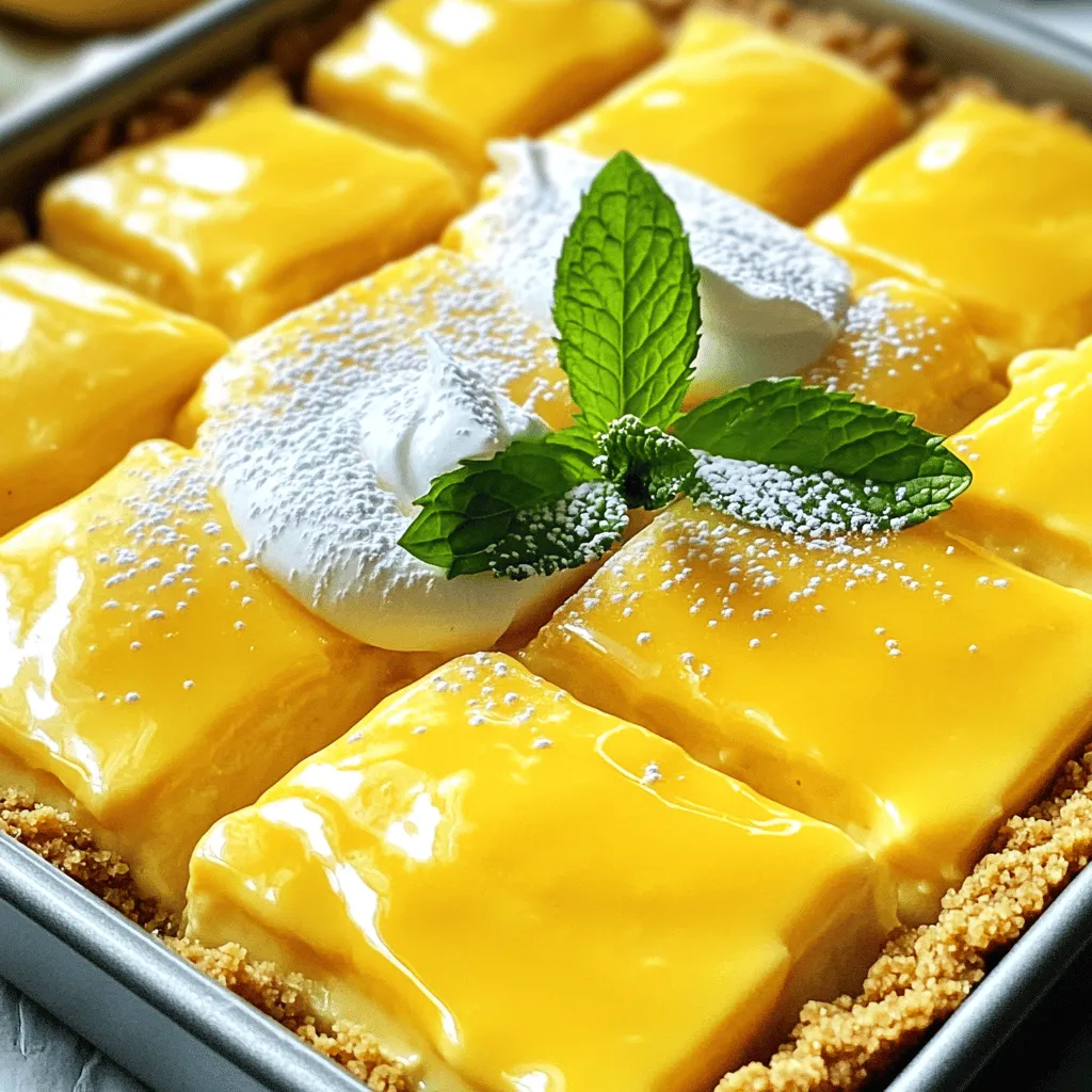 - 1 ½ cups graham cracker crumbs - ½ cup unsalted butter, melted - ¼ cup granulated sugar - 1 teaspoon vanilla extract The crust is the base of our lemon cheesecake squares. I love using graham cracker crumbs for that sweet and crunchy texture. Mixing them with melted butter makes it rich and tasty. The sugar adds a hint of sweetness, while vanilla extract gives it a warm flavor. - 16 oz cream cheese, softened - ¾ cup granulated sugar - 3 large eggs - Zest of 2 lemons - ¼ cup fresh lemon juice - 1 teaspoon vanilla extract The filling is the star of this dish. Softened cream cheese gives it that creamy texture. Sugar sweetens it up just right. Be sure to add the eggs one by one. This keeps it smooth. Lemon zest and juice add a bright, zesty flavor. Finally, a splash of vanilla rounds it out nicely. - ½ cup sour cream - 2 tablespoons powdered sugar - Fresh mint leaves for garnish (optional) The topping adds a nice touch. Sour cream makes it rich, while powdered sugar sweetens it. You can add mint leaves for a pop of color and flavor. This topping is fresh and balances the cheesecake's richness perfectly. Start by preheating your oven to 325°F (160°C). Grease an 8x8 inch baking pan or use parchment paper. This makes it easy to lift out the cheesecake later. In a medium bowl, mix the graham cracker crumbs, melted butter, sugar, and vanilla extract. Stir until the mixture looks like wet sand. Press this mixture firmly into the bottom of your prepared pan. It should form an even layer. Bake the crust for 10 minutes, then take it out and let it cool slightly. Next, we will make the cheesecake filling. In a large bowl, beat the softened cream cheese using an electric mixer. Mix until it is smooth and creamy. Add the granulated sugar and combine well. Now, add the eggs one at a time. Mix on low speed each time until just blended. Be careful not to overmix, as this can make the cheesecake dense. Stir in the lemon zest, lemon juice, and vanilla extract until everything is well combined. Pour the cheesecake filling over the cooled crust. Spread it out evenly. Now, bake it in the preheated oven for 40-45 minutes. The edges should be set, while the center may still jiggle a bit. Turn off the oven when done and leave the cheesecake inside with the door slightly open for about an hour. This helps prevent cracks. After that, mix the sour cream and powdered sugar in a small bowl until smooth. Once the cheesecake is cool, spread this mixture on top. Refrigerate for at least 4 hours, or overnight for the best taste. When ready to serve, lift it out using the parchment paper and cut it into squares. Enjoy your zesty lemon cheesecake squares! To keep your cheesecake smooth, avoid overmixing the batter. Mix just until combined. After baking, let the cheesecake cool slowly in the oven. This helps prevent cracks. Keep the oven door slightly open for about an hour. This gentle cooling keeps the temperature from dropping too fast. For a bright lemon taste, use fresh lemons. Zest two lemons and add both zest and juice. This adds depth to the filling. Taste the batter before baking. If you want more zing, add extra lemon juice. Just a little can make a big difference. Cut the cheesecake into squares for easy serving. A fresh mint leaf on top adds color and flavor. Serve with a drizzle of berry sauce or chocolate for extra flair. These squares are great for parties or a sweet treat after dinner. Enjoy them chilled for the best taste! {{image_2}} You can add fresh fruit to your cheesecake squares. Berries work well. Try strawberries, blueberries, or raspberries for a pop of color. Slice the fruit and arrange it on top before serving. You can also make a fruit sauce. Cook down your favorite fruit with a bit of sugar. Pour it over the cheesecake for a sweet twist. You can easily swap ingredients for dietary needs. For a gluten-free option, use gluten-free graham crackers or almond flour for the crust. If you want a dairy-free cheesecake, use vegan cream cheese. Make sure to check the package for measurements and bake times. You can even use aquafaba instead of eggs for a plant-based spin. Not a fan of graham crackers? You can try other crusts! Use crushed cookies like Oreos for a chocolatey flavor. If you prefer a nutty taste, blend nuts like almonds or pecans with dates. Press this mixture into the pan to form your crust. Each option adds a unique twist to the zesty lemon flavor. Store your zesty lemon cheesecake squares in an airtight container. Place a layer of parchment paper between the squares to prevent sticking. Keep them in the fridge. They stay fresh for up to five days. You can freeze these cheesecake squares too! First, cut them into squares. Wrap each square tightly in plastic wrap. Then, place them in a freezer-safe bag or container. They can last up to three months in the freezer. When you want to enjoy them, thaw in the fridge overnight. If you want to warm them up, do it gently. Place a square on a microwave-safe plate. Heat for about 10-15 seconds. Check to see if it's warm enough. Avoid overheating, as this can make the texture grainy. Enjoy your zesty treat! Yes, you can use a store-bought crust if you want to save time. Just choose a graham cracker crust for the best flavor. Simply skip the crust-making steps. Press the store-bought crust into your baking pan, then follow the rest of the recipe as usual. It makes the process faster without losing taste. Check the edges of your cheesecake. They should be set and firm. The middle may still jiggle slightly when you shake the pan. This is normal. Turn off the oven and let the cheesecake cool with the door ajar. This helps prevent cracks and keeps it creamy. If you need a substitute, use mascarpone cheese or ricotta cheese. Both will give a nice texture. For a dairy-free option, try blended silken tofu or a vegan cream cheese. Adjust the sweetness if needed, as some substitutes may be less sweet than cream cheese. This blog post covered every step to making delicious cheesecake squares. We explored crust ingredients, filling, and toppings. You learned how to prepare, bake, and cool your cheesecake properly. Tips helped you avoid cracks and enhance flavors. Variations allowed for creativity, showing how to swap ingredients or add toppings. Finally, we discussed storage methods to keep your cheesecake fresh. With this knowledge, you can make a perfect cheesecake every time. Enjoy baking and sharing your tasty treats!