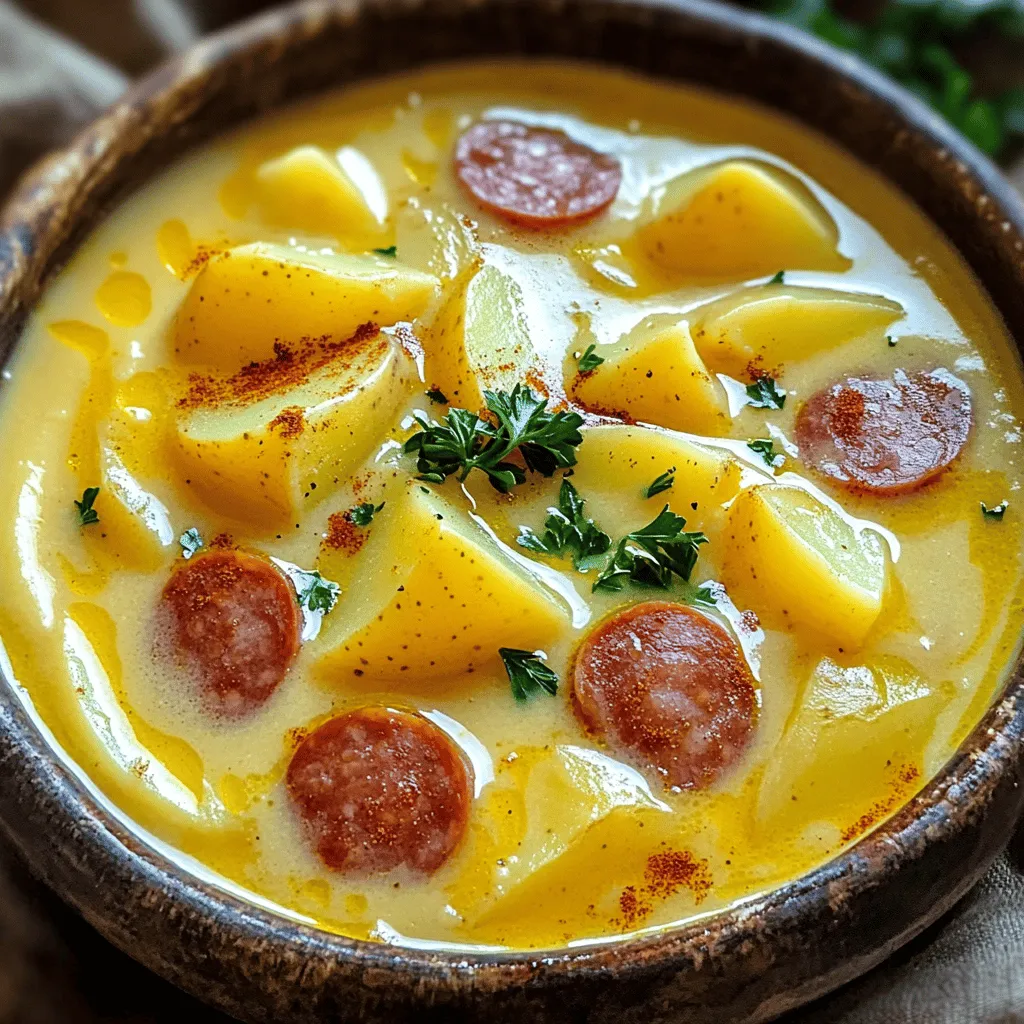 - 1 pound kielbasa, sliced into half-moons - 4 medium potatoes, peeled and diced - 1 medium onion, chopped - 3 cloves garlic, minced - 4 cups chicken or vegetable broth - 1 cup heavy cream The heart of this soup is the kielbasa. It adds a smoky flavor that warms you up. Potatoes bring creaminess and body to the mix. Onions and garlic add depth and aroma. The broth ties everything together and keeps the soup light. Finally, heavy cream gives it a rich texture that is simply inviting. - 1 teaspoon smoked paprika - 1 teaspoon dried thyme - Salt and pepper to taste Smoked paprika is a game changer. It enhances the soup’s flavor without overpowering it. Dried thyme brings an earthy note, adding balance. Salt and pepper adjust the taste. Always taste as you go to find your perfect flavor level. - Chopped fresh parsley Fresh parsley is not just for looks. It brightens the dish and adds freshness. Sprinkle it on right before serving to maintain its color and flavor. This simple step makes the soup even more appealing. - Sautéing the onion Start by heating olive oil in a large pot over medium heat. Add your chopped onion. Cook it for about 5 minutes until it is soft and fragrant. The onion adds a sweet base to the soup. - Browning the kielbasa Next, stir in the minced garlic and sliced kielbasa. Cook for 4 to 5 minutes. You want the kielbasa to brown nicely. This step gives it a rich flavor that makes the soup hearty. - Adding prepped ingredients to the pot After browning the kielbasa, add the diced potatoes to the pot. Pour in 4 cups of chicken or vegetable broth. Sprinkle in 1 teaspoon of smoked paprika and 1 teaspoon of dried thyme. Bring this mix to a gentle boil. - Simmering and thickening the soup Once it boils, reduce the heat. Cover the pot and let it simmer for 15 to 20 minutes. This lets the potatoes become tender. You can check them with a fork. They should be soft but not mushy. - Stirring in heavy cream When the potatoes are cooked, use a potato masher. Mash some of the potatoes to thicken the soup. Leave some chunks for texture. Now, stir in 1 cup of heavy cream. This adds a rich and creamy finish. - Adjusting seasoning Taste your soup and season with salt and pepper. You want the flavors to pop. Allow it to heat through for 5 more minutes. Serve it hot, garnished with chopped fresh parsley. This adds a nice touch of color and flavor. Choosing the right kielbasa Pick a kielbasa that suits your taste. I like to use smoked kielbasa. It adds a rich flavor. Look for fresh sausage at your local store. Check the label for quality. The right kielbasa makes a big difference in taste. How to achieve the perfect soup texture For a creamy soup, mash some potatoes. This gives the soup a thick base. Leave some chunks for a hearty bite. You want a mix of smooth and chunky textures. This balance keeps every spoonful interesting. Using a potato masher effectively When mashing, press down gently. You want to break some potatoes but not all. Start in the middle of the pot, then work your way out. This way, you keep some potatoes whole. It adds to the soup’s heartiness. Tips for sautéing Heat your olive oil before adding onions. This helps them soften faster. Stir often to avoid burning. After the onions, add garlic and kielbasa. Let them brown well for great flavor. A good sauté builds the soup's base. Adding additional spices Spices can change the whole soup. Try adding a pinch of cayenne for heat. A dash of garlic powder can boost flavor too. Adjust spices to match your taste. Experiment to find your perfect blend. Incorporating vegetables You can add more veggies to your soup. Carrots, celery, or spinach work great. Chop them small, so they cook fast. Adding vegetables gives more texture and nutrients. It makes the dish more colorful and fun. {{image_2}} You can switch up the sausage in this soup. Try Italian sausage or turkey sausage for a lighter option. Each type adds unique flavor. For a lighter cream option, swap heavy cream with half-and-half or whole milk. This will keep the soup creamy but reduce calories. To make this soup gluten-free, ensure your broth is gluten-free. Most brands offer this option. You can use gluten-free sausage, too, for full flavor without gluten. If you want a vegetarian version, swap the kielbasa for mushrooms or a plant-based sausage. Use vegetable broth instead of chicken broth for added depth. You can spice things up by adding chili flakes or diced jalapeños for a kick. This adds warmth and excitement to each bite. If you prefer herbs, try adding fresh dill or rosemary. These herbs will enhance the soup's aroma and taste, making it even more comforting. To store leftover soup, let it cool first. Use an airtight container. Place the soup in the fridge. It will stay fresh for about 3 to 4 days. If you want to keep it longer, consider freezing it instead. Freezing Kielbasa Potato Soup is easy. First, let it cool completely. Then, use freezer-safe containers or bags. Leave space at the top since the soup will expand. You can freeze it for up to 3 months. When ready to eat, just thaw it in the fridge overnight. For the best taste, reheat your soup on the stove. Use low heat and stir often. This helps keep the flavors intact. If the soup is too thick, add a splash of broth or cream. You can also use a microwave. Heat it in short bursts, stirring in between. This ensures even heating and a great texture. You can serve many side dishes with Kielbasa Potato Soup. Here are a few great ideas: - Crusty bread for dipping - A fresh garden salad - Roasted vegetables - Garlic breadsticks - A simple coleslaw These sides add texture and flavor. They also help make the meal more filling. Kielbasa Potato Soup can last about 3 to 4 days in the fridge. For best quality, store it in an airtight container. Always let the soup cool to room temperature before refrigerating. If you see any mold or strange odors, discard the soup. Safety first! Yes, you can make Kielbasa Potato Soup in a slow cooker. Here’s how: 1. Sauté the onion and garlic in a pan. Add them to the slow cooker. 2. Add sliced kielbasa, diced potatoes, broth, paprika, thyme, salt, and pepper. 3. Cook on low for 6 to 8 hours or high for 3 to 4 hours. 4. Stir in heavy cream before serving and heat through. This method makes the soup easy and hands-off! In this article, we covered how to make a hearty Kielbasa Potato Soup. You learned about its key ingredients, cooking steps, and helpful tips. I shared storage methods and answers to common questions. Enjoy experimenting with variations to suit your taste! This soup is not only simple to make, but it also warms you up on chilly days. Feel free to share your own twists and favorites. Happy cooking!