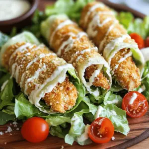 - 2 large boneless chicken breasts - ½ cup all-purpose flour - 1 large egg - 1 cup panko breadcrumbs - 1 cup romaine lettuce, chopped - ½ cup cherry tomatoes, halved - ¼ cup grated Parmesan cheese - 4 large tortilla wraps (flour or whole wheat) - ½ cup Caesar dressing - 1 tablespoon olive oil - Salt and pepper to taste When you gather your ingredients, think about the fresh flavors you will create. For the chicken, boneless breasts are best. They cook evenly and stay juicy. The coating adds crunch. You coat the chicken in flour first. This helps the egg stick. Then, dip it in egg. Finally, coat it in panko breadcrumbs. Panko gives a great crunch. Next, you prepare the wrap filling. Chop the romaine lettuce. Halve the cherry tomatoes. Mix these with the grated Parmesan cheese. The cheese adds a salty bite. It pairs well with the Caesar dressing. The tortillas hold it all together. You can choose flour or whole wheat. The choice depends on your taste. Lastly, don't forget the dressing. Caesar dressing adds creaminess. It binds the filling, making every bite delightful. Try to have everything ready before you start cooking. This will make your meal prep smooth and quick. For the full recipe, check the steps below. 1. First, preheat your oven to 400°F (200°C). Prepare a baking sheet by lining it with parchment paper. 2. Season the chicken breasts with salt and pepper. This adds great flavor. 3. Next, coat each chicken breast in flour, shaking off any extra. This helps the egg stick. 4. In a bowl, beat the egg. Dip each floured chicken breast into the egg. 5. Now, coat the chicken in panko breadcrumbs. Press gently so they stick well. 1. Place the breaded chicken on the prepared baking sheet. Drizzle olive oil over the tops. 2. Bake the chicken for 20-25 minutes. Look for a golden brown color. 3. Use a meat thermometer to check the internal temperature. It should reach 165°F (75°C) for safe eating. 1. While the chicken bakes, mix the filling. In a large bowl, combine chopped romaine, halved cherry tomatoes, Caesar dressing, and grated Parmesan. 2. Toss all the ingredients until they are well mixed. This ensures every bite is tasty. 1. Once the chicken is done, let it rest for a few minutes. Then slice it into strips. 2. Prepare the tortillas by laying them flat. Place an equal portion of the lettuce mixture in the center of each tortilla. 3. Add a few strips of crispy chicken on top of the filling. 4. Fold in the sides of the tortilla. Roll from the bottom up to create a wrap. 5. Slice each wrap in half diagonally. This makes them easier to handle and serve. Now you have a simple and flavorful meal ready to enjoy! For the full recipe, check the details above. To make your chicken extra crispy, I recommend these tips. First, use panko breadcrumbs. They create a light and airy crunch. If you bake the chicken, preheat your oven to 400°F (200°C). Use a parchment-lined baking sheet for easy cleanup. Drizzle olive oil over the chicken before baking. This helps it crisp up nicely. You can also fry the chicken. Use a deep pan with hot oil. This gives it a golden-brown color and a crunchy texture. Frying takes less time than baking, but both methods work well. Pair your wraps with tasty sides or dips. I love serving these wraps with a fresh side salad. You can also add crispy fries for a fun touch. For a dip, use extra Caesar dressing. It adds flavor and fun to the meal. Presentation is key! Slice your wraps in half diagonally. This makes them easy to handle. Arrange them neatly on a platter. Add fresh basil or parsley for a pop of color. Want to kick up the flavor? Consider adding more ingredients. Avocado slices or crispy bacon can add richness. For some heat, sprinkle in red pepper flakes or drizzle with hot sauce. When it comes to dressing, homemade is often better. You can control the taste and ingredients. If you're short on time, store-bought dressing works fine, too. Just find one you really like. For the full recipe, check the section above. {{image_2}} You can switch out the chicken for other proteins. Shrimp makes a tasty option. Just cook the shrimp until pink and tender. Tofu is great for a plant-based meal. Use firm tofu and pan-fry it for a nice texture. Turkey is another healthy choice. It adds a lean protein twist, perfect for any meal. For those on a vegan diet, try chickpeas or lentils. Both add protein and fiber. You can season them with garlic and lemon for extra flavor. If you want to mix things up, try a different dressing. Ranch or Greek yogurt dressing can change the taste completely. You can also make a spicy version. Add some hot sauce or sriracha to your Caesar dressing. For a lighter option, mix yogurt with lemon juice and herbs. These alternatives keep the wrap fresh and exciting. They allow personal taste to shine through. The type of wrap can change your meal. Flour tortillas are classic, but try whole wheat for more fiber. If gluten is a concern, use gluten-free tortillas. They taste great and hold everything well. Another fun idea is a salad bowl. Instead of a wrap, serve your filling in a bowl. This is a low-carb option that’s filling and healthy. Use the same fresh ingredients and dressing for a delicious twist. For the full recipe, check the earlier section. Enjoy experimenting with these variations! To keep your Crispy Chicken Caesar Wraps fresh, wrap them tightly in plastic wrap or aluminum foil. Place them in an airtight container. Store them in the fridge. They stay fresh for about 2 to 3 days. If you notice them getting soggy, it’s best to eat them sooner. You can freeze assembled wraps for later use. Wrap each one tightly in plastic wrap and then place in a freezer bag. They can last up to 2 months in the freezer. When ready, remove them from the freezer and let them thaw in the fridge overnight. Reheat them in the oven at 350°F (175°C) for about 10-15 minutes. This brings back their crispy goodness. Prep your ingredients in advance for quick meals. Cook the chicken and chop the veggies ahead of time. Store these separately in the fridge. When it’s time to eat, just assemble the wraps. This way, you can enjoy a fresh meal without a lot of fuss. Consider prepping several wraps at once for busy weekdays. You can bake the chicken for a crispy texture. Start by coating the chicken in flour, egg, and panko breadcrumbs. The panko gives it that nice crunch. Drizzle a little olive oil on the chicken before baking. Set your oven to 400°F (200°C). Bake for about 20-25 minutes until golden brown. This method keeps it healthier and still tasty. Yes, rotisserie chicken is a great time-saver. Shred the chicken into bite-sized pieces. This way, you skip the cooking step. Just mix it with your wrap filling. It adds flavor and saves you prep time. Look for skinless options for a lighter meal. If you want a change, try ranch or Greek yogurt dressing. Both pair well with the chicken and veggies. For a spicy twist, use buffalo sauce. You can also mix sour cream with herbs for a fresh taste. These alternatives keep the wraps fun and flavorful. To keep your wraps fresh, wrap them in foil or plastic. Store them in the fridge for up to three days. This way, they stay crisp. Avoid sogginess by keeping the filling separate if possible. Just assemble when you're ready to eat. Yes, you can prepare the filling ahead of time. Store the chicken and filling separately in the fridge. You can make the wraps just before serving. This keeps everything fresh and crunchy. Enjoy your wraps at their best with minimal effort. Check out the Full Recipe for more details! In this blog post, we covered how to make Crispy Chicken Caesar Wraps from scratch. We went through the key ingredients, step-by-step instructions, and tips for perfecting your wrap. Remember, you can customize your filling and dressings for a unique touch. Embrace the flexibility of these wraps. They can be a quick meal or a fun dish to share. Happy wrapping!