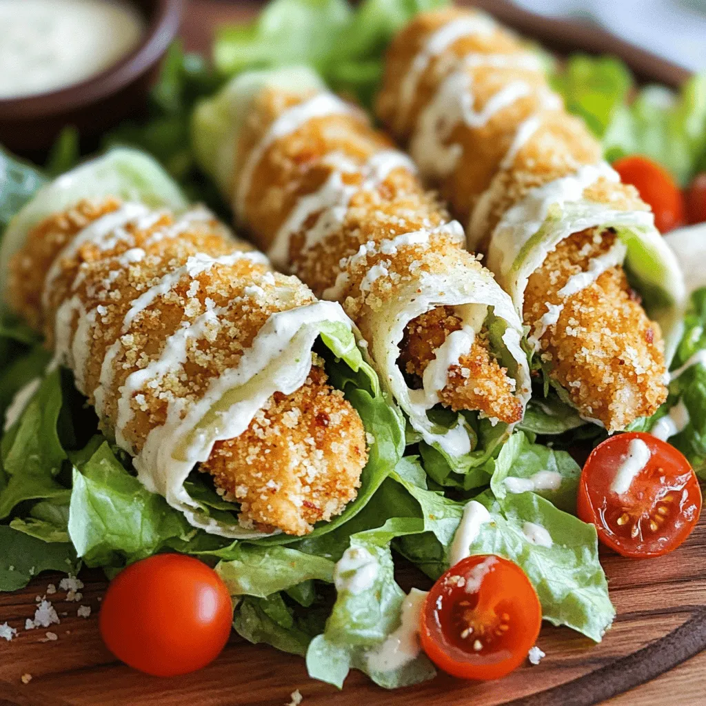 - 2 large boneless chicken breasts - ½ cup all-purpose flour - 1 large egg - 1 cup panko breadcrumbs - 1 cup romaine lettuce, chopped - ½ cup cherry tomatoes, halved - ¼ cup grated Parmesan cheese - 4 large tortilla wraps (flour or whole wheat) - ½ cup Caesar dressing - 1 tablespoon olive oil - Salt and pepper to taste When you gather your ingredients, think about the fresh flavors you will create. For the chicken, boneless breasts are best. They cook evenly and stay juicy. The coating adds crunch. You coat the chicken in flour first. This helps the egg stick. Then, dip it in egg. Finally, coat it in panko breadcrumbs. Panko gives a great crunch. Next, you prepare the wrap filling. Chop the romaine lettuce. Halve the cherry tomatoes. Mix these with the grated Parmesan cheese. The cheese adds a salty bite. It pairs well with the Caesar dressing. The tortillas hold it all together. You can choose flour or whole wheat. The choice depends on your taste. Lastly, don't forget the dressing. Caesar dressing adds creaminess. It binds the filling, making every bite delightful. Try to have everything ready before you start cooking. This will make your meal prep smooth and quick. For the full recipe, check the steps below. 1. First, preheat your oven to 400°F (200°C). Prepare a baking sheet by lining it with parchment paper. 2. Season the chicken breasts with salt and pepper. This adds great flavor. 3. Next, coat each chicken breast in flour, shaking off any extra. This helps the egg stick. 4. In a bowl, beat the egg. Dip each floured chicken breast into the egg. 5. Now, coat the chicken in panko breadcrumbs. Press gently so they stick well. 1. Place the breaded chicken on the prepared baking sheet. Drizzle olive oil over the tops. 2. Bake the chicken for 20-25 minutes. Look for a golden brown color. 3. Use a meat thermometer to check the internal temperature. It should reach 165°F (75°C) for safe eating. 1. While the chicken bakes, mix the filling. In a large bowl, combine chopped romaine, halved cherry tomatoes, Caesar dressing, and grated Parmesan. 2. Toss all the ingredients until they are well mixed. This ensures every bite is tasty. 1. Once the chicken is done, let it rest for a few minutes. Then slice it into strips. 2. Prepare the tortillas by laying them flat. Place an equal portion of the lettuce mixture in the center of each tortilla. 3. Add a few strips of crispy chicken on top of the filling. 4. Fold in the sides of the tortilla. Roll from the bottom up to create a wrap. 5. Slice each wrap in half diagonally. This makes them easier to handle and serve. Now you have a simple and flavorful meal ready to enjoy! For the full recipe, check the details above. To make your chicken extra crispy, I recommend these tips. First, use panko breadcrumbs. They create a light and airy crunch. If you bake the chicken, preheat your oven to 400°F (200°C). Use a parchment-lined baking sheet for easy cleanup. Drizzle olive oil over the chicken before baking. This helps it crisp up nicely. You can also fry the chicken. Use a deep pan with hot oil. This gives it a golden-brown color and a crunchy texture. Frying takes less time than baking, but both methods work well. Pair your wraps with tasty sides or dips. I love serving these wraps with a fresh side salad. You can also add crispy fries for a fun touch. For a dip, use extra Caesar dressing. It adds flavor and fun to the meal. Presentation is key! Slice your wraps in half diagonally. This makes them easy to handle. Arrange them neatly on a platter. Add fresh basil or parsley for a pop of color. Want to kick up the flavor? Consider adding more ingredients. Avocado slices or crispy bacon can add richness. For some heat, sprinkle in red pepper flakes or drizzle with hot sauce. When it comes to dressing, homemade is often better. You can control the taste and ingredients. If you're short on time, store-bought dressing works fine, too. Just find one you really like. For the full recipe, check the section above. {{image_2}} You can switch out the chicken for other proteins. Shrimp makes a tasty option. Just cook the shrimp until pink and tender. Tofu is great for a plant-based meal. Use firm tofu and pan-fry it for a nice texture. Turkey is another healthy choice. It adds a lean protein twist, perfect for any meal. For those on a vegan diet, try chickpeas or lentils. Both add protein and fiber. You can season them with garlic and lemon for extra flavor. If you want to mix things up, try a different dressing. Ranch or Greek yogurt dressing can change the taste completely. You can also make a spicy version. Add some hot sauce or sriracha to your Caesar dressing. For a lighter option, mix yogurt with lemon juice and herbs. These alternatives keep the wrap fresh and exciting. They allow personal taste to shine through. The type of wrap can change your meal. Flour tortillas are classic, but try whole wheat for more fiber. If gluten is a concern, use gluten-free tortillas. They taste great and hold everything well. Another fun idea is a salad bowl. Instead of a wrap, serve your filling in a bowl. This is a low-carb option that’s filling and healthy. Use the same fresh ingredients and dressing for a delicious twist. For the full recipe, check the earlier section. Enjoy experimenting with these variations! To keep your Crispy Chicken Caesar Wraps fresh, wrap them tightly in plastic wrap or aluminum foil. Place them in an airtight container. Store them in the fridge. They stay fresh for about 2 to 3 days. If you notice them getting soggy, it’s best to eat them sooner. You can freeze assembled wraps for later use. Wrap each one tightly in plastic wrap and then place in a freezer bag. They can last up to 2 months in the freezer. When ready, remove them from the freezer and let them thaw in the fridge overnight. Reheat them in the oven at 350°F (175°C) for about 10-15 minutes. This brings back their crispy goodness. Prep your ingredients in advance for quick meals. Cook the chicken and chop the veggies ahead of time. Store these separately in the fridge. When it’s time to eat, just assemble the wraps. This way, you can enjoy a fresh meal without a lot of fuss. Consider prepping several wraps at once for busy weekdays. You can bake the chicken for a crispy texture. Start by coating the chicken in flour, egg, and panko breadcrumbs. The panko gives it that nice crunch. Drizzle a little olive oil on the chicken before baking. Set your oven to 400°F (200°C). Bake for about 20-25 minutes until golden brown. This method keeps it healthier and still tasty. Yes, rotisserie chicken is a great time-saver. Shred the chicken into bite-sized pieces. This way, you skip the cooking step. Just mix it with your wrap filling. It adds flavor and saves you prep time. Look for skinless options for a lighter meal. If you want a change, try ranch or Greek yogurt dressing. Both pair well with the chicken and veggies. For a spicy twist, use buffalo sauce. You can also mix sour cream with herbs for a fresh taste. These alternatives keep the wraps fun and flavorful. To keep your wraps fresh, wrap them in foil or plastic. Store them in the fridge for up to three days. This way, they stay crisp. Avoid sogginess by keeping the filling separate if possible. Just assemble when you're ready to eat. Yes, you can prepare the filling ahead of time. Store the chicken and filling separately in the fridge. You can make the wraps just before serving. This keeps everything fresh and crunchy. Enjoy your wraps at their best with minimal effort. Check out the Full Recipe for more details! In this blog post, we covered how to make Crispy Chicken Caesar Wraps from scratch. We went through the key ingredients, step-by-step instructions, and tips for perfecting your wrap. Remember, you can customize your filling and dressings for a unique touch. Embrace the flexibility of these wraps. They can be a quick meal or a fun dish to share. Happy wrapping!