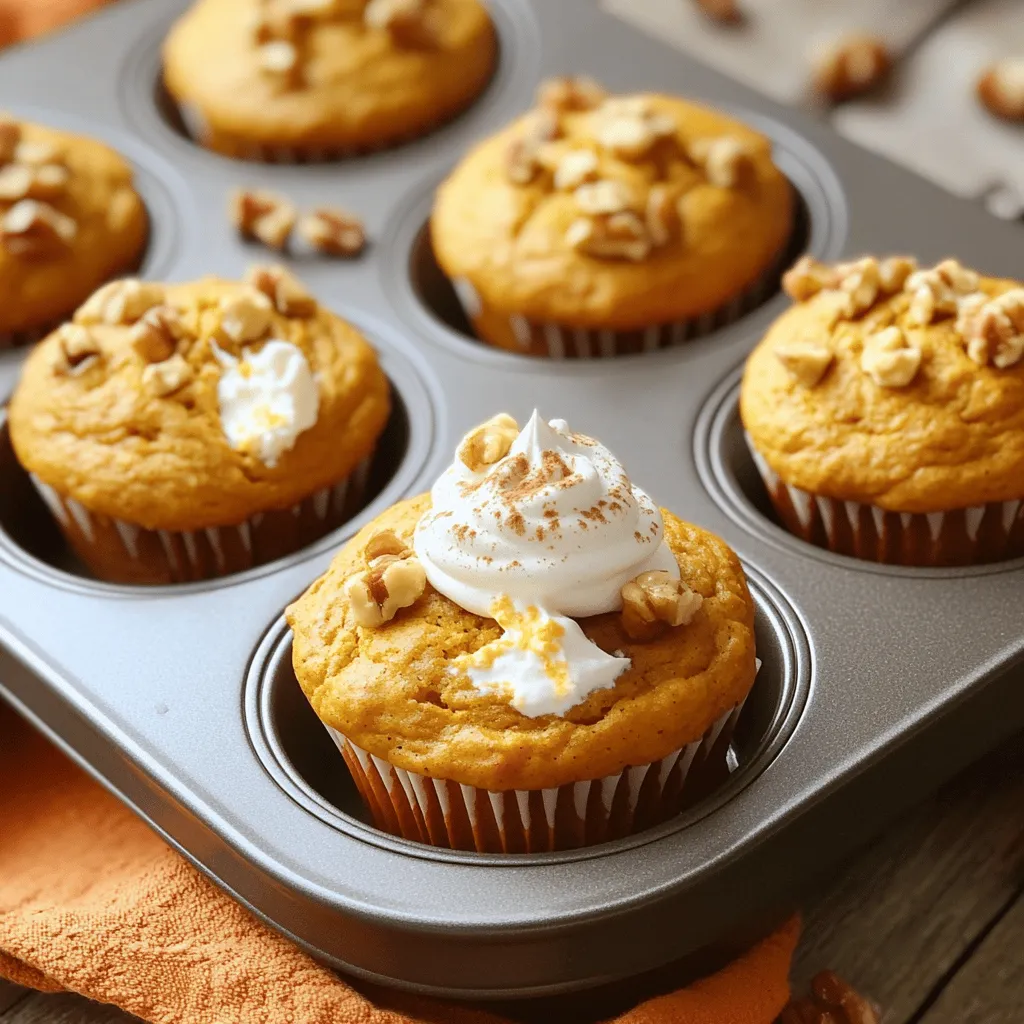 - 1 ½ cups all-purpose flour - 1 teaspoon baking powder - ½ teaspoon baking soda - 1 teaspoon ground cinnamon - ½ teaspoon ground nutmeg - ¼ teaspoon ground ginger - ½ teaspoon salt - ½ cup granulated sugar - ½ cup brown sugar, packed - 1 cup pumpkin puree (canned or fresh) - 2 large eggs - ½ cup vegetable oil - 1 teaspoon vanilla extract - 4 oz cream cheese, softened and cubed - Optional toppings: Chopped walnuts or pecans To make pumpkin cream cheese muffins, you need a few simple ingredients. The dry mix creates the base for the muffins. All-purpose flour gives the muffins their structure. Baking powder and baking soda help them rise. Spices like cinnamon, nutmeg, and ginger add warmth and flavor. Salt enhances the sweetness. Next, you have the wet ingredients. Granulated and brown sugar bring sweetness and moisture. Pumpkin puree gives the muffins their rich flavor and color. Eggs help bind everything together, while vegetable oil keeps them soft. Vanilla extract adds a nice touch of flavor. Finally, the cream cheese filling is the star. Softened cream cheese adds a creamy, rich center. You can also top the muffins with walnuts or pecans for added crunch. These ingredients mix together to create a delightful fall treat. They combine flavors and textures to make every bite a joy. - Preheat the oven to 350°F (175°C). - Line a 12-cup muffin tin with paper liners or spray with non-stick cooking spray. Make sure your oven is hot before baking. This step helps the muffins rise well. Lining the tin makes it easy to take out the muffins later. - Whisk together all dry ingredients until combined. In a medium bowl, mix 1 ½ cups of flour, 1 teaspoon of baking powder, ½ teaspoon of baking soda, 1 teaspoon of cinnamon, ½ teaspoon of nutmeg, ¼ teaspoon of ginger, and ½ teaspoon of salt. This mix gives your muffins flavor and helps them rise. - Mix granulated sugar, brown sugar, pumpkin puree, eggs, vegetable oil, and vanilla until smooth. In a large bowl, blend ½ cup of granulated sugar, ½ cup of brown sugar, 1 cup of pumpkin puree, 2 eggs, ½ cup of vegetable oil, and 1 teaspoon of vanilla extract. Stir until there are no lumps. This mix adds moisture and sweetness. - Gradually add dry ingredients to wet, mixing gently. Slowly add the dry mix to the wet mix. Stir gently until just combined. Be careful not to overmix. A few lumps are fine. This step keeps your muffins soft. - Fold in cubed cream cheese gently. Take 4 oz of softened cream cheese and cut it into small cubes. Gently fold it into the batter. This creates creamy pockets in your muffins. It adds richness and flavor. - Divide batter into muffin cups and bake for 18-20 minutes. Scoop the batter into the muffin cups, filling each about two-thirds full. Bake in your preheated oven for 18 to 20 minutes. Check with a toothpick in the center. If it comes out clean, your muffins are done! Let the muffins cool for a few minutes before taking them out of the tin. Enjoy the warm, spiced aroma as they bake! Measuring ingredients is key for great muffins. Use dry measuring cups for flour and sugar. Fill the cup, then level it off. This step keeps the muffin batter from being too thick or too thin. Too much flour can make your muffins dry. So, always measure with care to get the best results. To check if muffins are done, use a toothpick. Insert it into the center of a muffin. If it comes out clean, your muffins are ready. If it has batter on it, bake a few more minutes. Keep an eye on them during the last few minutes. Each oven is different, so adjust the time as needed. Mixing your batter too much can spoil the texture. Stir just until the dry and wet ingredients combine. A few lumps are okay. This keeps the muffins light and fluffy. Gently fold in the cream cheese to create tasty pockets. Avoid overmixing at all costs; it’s a common mistake! {{image_2}} If you want a nut-free version of these muffins, it's easy. Just leave out the nuts completely. You can also swap in seeds, like pumpkin or sunflower seeds, for a nice crunch. This keeps the muffins safe for those with nut allergies. Plus, you still get that lovely texture. To make these muffins healthier, consider using whole wheat flour instead of all-purpose flour. Whole wheat flour adds fiber and nutrients. You can also use natural sweeteners. Try honey or maple syrup instead of granulated sugar. This choice adds flavor and cuts refined sugars. Your muffins will still taste great! Want to boost the flavor? Add more spices! A pinch of allspice or cloves pairs well with pumpkin. You can also mix in chocolate chips or dried cranberries. These add sweetness and extra texture. Experiment with different flavors to make your muffins unique. Enjoy the process of creating your perfect treat! To keep your pumpkin cream cheese muffins fresh, store them in an airtight container. Place parchment paper between layers to prevent sticking. Keep them at room temperature for up to three days. If you want them to last a bit longer, put them in the fridge. This way, you can enjoy them for about a week. If you have extra muffins, freezing them is a great option. Let the muffins cool completely first. Wrap each muffin tightly in plastic wrap. Then, place them in a freezer bag or container. They can last for up to three months in the freezer. When you want to enjoy one, simply thaw it in the fridge overnight and reheat it in the microwave or oven. To keep your muffins moist, add a slice of bread in the storage container. The bread helps keep the muffins soft. Avoid refrigerating them if you plan to eat them soon, as this can dry them out. Enjoy your muffins warm for the best taste! Yes, you can use fresh pumpkin. Start by choosing a sugar pumpkin. These are small and sweet. Cut it in half and remove the seeds. Roast the halves in the oven at 350°F for about 45 minutes. Once soft, scoop out the flesh. Puree it in a blender until smooth. Use this fresh pumpkin puree in your muffins. It adds a lovely taste and texture. To check if your muffins are done, use a toothpick. Insert it into the center of a muffin. If it comes out clean or with a few crumbs, they are ready. If the toothpick has wet batter, bake them for a few more minutes. Keep an eye on them, as every oven varies. The muffins should also be golden and spring back when touched. Yes, you can substitute cream cheese. Here are a few options: - Use Greek yogurt for a tangy twist. - Try ricotta cheese for a lighter filling. - Use mascarpone for a rich, creamy taste. Each of these adds a unique flavor and keeps the muffins moist. You have learned how to create delicious pumpkin muffins. We covered ingredients, step-by-step baking, storage, and fun variations. Always measure carefully for the best results. Remember, slight changes can also yield great flavors. Enjoy experimenting with add-ins or alternative ingredients. Your muffins will be delightful treats to share! Keep these tips in mind to ensure every batch is a success. Happy baking!