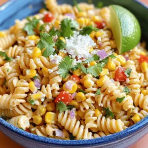 To make this vibrant salad, gather the following ingredients: - 8 oz small pasta (elbow or rotini) - 2 cups corn kernels (fresh, frozen, or canned) - 1 red bell pepper, diced - 1/2 red onion, finely chopped - 1 jalapeño, finely diced (seeds removed for less heat) - 1/2 cup crumbled cotija cheese - 1/4 cup fresh cilantro, chopped - 1/4 cup mayonnaise - 2 tablespoons sour cream - 1 tablespoon lime juice - 1 teaspoon chili powder - Salt and pepper to taste You can swap ingredients based on what you have. If you need a pasta substitute, use quinoa or gluten-free pasta. Instead of cotija cheese, try feta or goat cheese for a similar taste. If you want a lighter dressing, use Greek yogurt instead of mayo. For a creamier texture, add more sour cream. You can also adjust the lime juice for more or less tartness. When selecting corn, fresh is always best if it's in season. Look for bright yellow kernels that feel firm. If fresh isn't an option, frozen corn works well. It locks in flavor and nutrients. Canned corn is convenient, but rinse it well to remove excess salt. Always check the expiration date if you choose canned corn. Start by boiling a large pot of salted water. Once it bubbles, add 8 oz of small pasta, like elbow or rotini. Cook it according to the package until it’s al dente. Drain the pasta, then rinse it under cold water. This stops the cooking and keeps it firm. For the corn, you have options. If fresh corn is available, grilling gives it a nice smoky taste. Brush it with a little oil, grill it until charred, and then cut off the kernels. If you prefer frozen corn, boil it in water for just a few minutes until tender, then drain. Canned corn is easy; just drain and rinse it well. Now, let’s make the dressing. In a small bowl, mix 1/4 cup mayonnaise, 2 tablespoons sour cream, 1 tablespoon lime juice, and 1 teaspoon chili powder. Add salt and pepper to taste. Whisk until it’s smooth and creamy. This dressing brings everything together and adds a lot of flavor. To make your Mexican street corn pasta salad shine, start with fresh ingredients. Fresh corn gives you a sweet crunch. If you can, grill the corn. The smoky flavor adds depth. Use a mix of sweet and spicy peppers. The red bell pepper adds sweetness. The jalapeño gives a nice kick. For the dressing, balance creaminess with lime juice. This adds brightness to the dish. Also, don't forget the cotija cheese. Its salty flavor lifts the other tastes. One mistake is overcooking the pasta. You want it al dente for the best texture. Another mistake is skipping the chill time. Letting it sit in the fridge helps the flavors blend. Also, don’t skip on seasoning. A little salt and pepper can transform your dish. Lastly, don’t add too much dressing at once. You can always add more if needed. You can boost the flavor with some extras. Try adding black beans for protein and fiber. Avocado adds creaminess and richness. You can also toss in some cherry tomatoes for color and sweetness. If you want more heat, add diced serrano peppers. For a zesty twist, sprinkle lime zest on top before serving. Each of these extras can make your salad unique and delicious! {{image_2}} You can easily make this salad vegetarian or vegan. For a vegan version, swap the mayonnaise and sour cream for avocado or a vegan mayo. You can also use cashew cream for a rich texture. Use nutritional yeast instead of cotija cheese for a cheesy flavor. This way, you keep it creamy and delicious without any animal products. If you want to add protein, consider grilled chicken, shrimp, or tofu. Grilled chicken adds a nice smokiness. Simply grill seasoned chicken breasts, chop them, and mix them in. For shrimp, grill or sauté them until they turn pink. Tofu offers a plant-based option. Press and cube tofu, then sauté it until golden. Each protein will make your salad more filling and hearty. To change the heat level, adjust the jalapeño. For less spice, remove the seeds or use just half. If you like more heat, add more jalapeño or some diced serrano peppers. You can also sprinkle in red pepper flakes for an extra kick. Remember, the key is to find the right balance that suits your taste. To store your Mexican street corn pasta salad, place it in an airtight container. Make sure the container seals well to keep the salad fresh. You can also cover it tightly with plastic wrap. Avoid leaving the salad out at room temperature for too long. Your pasta salad will last about 3 to 5 days in the fridge. The flavors will meld together over time, making it even tastier. Just be sure to check for any signs of spoilage, like an off smell or mold. I do not recommend freezing this salad. The texture of the pasta and veggies may change when thawed. If you must freeze it, store it in a freezer-safe container. To thaw, move it to the fridge overnight. Before serving, mix it well, and consider adding fresh cilantro and lime juice for a refresh. Yes, you can make this salad ahead of time. I often prepare it the night before. This allows the flavors to mix well. Just cover it and store it in the fridge. Serve it chilled for the best taste. If you can't find cotija cheese, try feta or queso fresco. Both have a similar taste. They will add that creamy texture you want. You can also use shredded mozzarella for a milder flavor. Absolutely! You can use gluten-free pasta made from rice or lentils. These options work well in this salad. Just cook them as the package directs. They will soak up the flavors nicely. To make the salad less spicy, skip the jalapeño. You can also remove the seeds and ribs if you want some heat. Another tip is to add more sour cream or mayonnaise. This will help cool down the spice. This blog post walks you through making a tasty Mexican Street Corn Pasta Salad. You learned about key ingredients, their substitutions, and how to pick the best corn. We covered step-by-step cooking methods and tips for great flavor. Plus, we explored fun variations and proper storage tips. In conclusion, this salad is easy to customize and perfect for many diets. Enjoy experimenting with flavors and have fun making it your own!