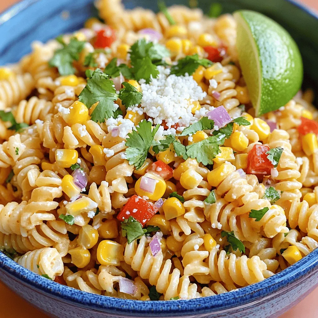 To make this vibrant salad, gather the following ingredients: - 8 oz small pasta (elbow or rotini) - 2 cups corn kernels (fresh, frozen, or canned) - 1 red bell pepper, diced - 1/2 red onion, finely chopped - 1 jalapeño, finely diced (seeds removed for less heat) - 1/2 cup crumbled cotija cheese - 1/4 cup fresh cilantro, chopped - 1/4 cup mayonnaise - 2 tablespoons sour cream - 1 tablespoon lime juice - 1 teaspoon chili powder - Salt and pepper to taste You can swap ingredients based on what you have. If you need a pasta substitute, use quinoa or gluten-free pasta. Instead of cotija cheese, try feta or goat cheese for a similar taste. If you want a lighter dressing, use Greek yogurt instead of mayo. For a creamier texture, add more sour cream. You can also adjust the lime juice for more or less tartness. When selecting corn, fresh is always best if it's in season. Look for bright yellow kernels that feel firm. If fresh isn't an option, frozen corn works well. It locks in flavor and nutrients. Canned corn is convenient, but rinse it well to remove excess salt. Always check the expiration date if you choose canned corn. Start by boiling a large pot of salted water. Once it bubbles, add 8 oz of small pasta, like elbow or rotini. Cook it according to the package until it’s al dente. Drain the pasta, then rinse it under cold water. This stops the cooking and keeps it firm. For the corn, you have options. If fresh corn is available, grilling gives it a nice smoky taste. Brush it with a little oil, grill it until charred, and then cut off the kernels. If you prefer frozen corn, boil it in water for just a few minutes until tender, then drain. Canned corn is easy; just drain and rinse it well. Now, let’s make the dressing. In a small bowl, mix 1/4 cup mayonnaise, 2 tablespoons sour cream, 1 tablespoon lime juice, and 1 teaspoon chili powder. Add salt and pepper to taste. Whisk until it’s smooth and creamy. This dressing brings everything together and adds a lot of flavor. To make your Mexican street corn pasta salad shine, start with fresh ingredients. Fresh corn gives you a sweet crunch. If you can, grill the corn. The smoky flavor adds depth. Use a mix of sweet and spicy peppers. The red bell pepper adds sweetness. The jalapeño gives a nice kick. For the dressing, balance creaminess with lime juice. This adds brightness to the dish. Also, don't forget the cotija cheese. Its salty flavor lifts the other tastes. One mistake is overcooking the pasta. You want it al dente for the best texture. Another mistake is skipping the chill time. Letting it sit in the fridge helps the flavors blend. Also, don’t skip on seasoning. A little salt and pepper can transform your dish. Lastly, don’t add too much dressing at once. You can always add more if needed. You can boost the flavor with some extras. Try adding black beans for protein and fiber. Avocado adds creaminess and richness. You can also toss in some cherry tomatoes for color and sweetness. If you want more heat, add diced serrano peppers. For a zesty twist, sprinkle lime zest on top before serving. Each of these extras can make your salad unique and delicious! {{image_2}} You can easily make this salad vegetarian or vegan. For a vegan version, swap the mayonnaise and sour cream for avocado or a vegan mayo. You can also use cashew cream for a rich texture. Use nutritional yeast instead of cotija cheese for a cheesy flavor. This way, you keep it creamy and delicious without any animal products. If you want to add protein, consider grilled chicken, shrimp, or tofu. Grilled chicken adds a nice smokiness. Simply grill seasoned chicken breasts, chop them, and mix them in. For shrimp, grill or sauté them until they turn pink. Tofu offers a plant-based option. Press and cube tofu, then sauté it until golden. Each protein will make your salad more filling and hearty. To change the heat level, adjust the jalapeño. For less spice, remove the seeds or use just half. If you like more heat, add more jalapeño or some diced serrano peppers. You can also sprinkle in red pepper flakes for an extra kick. Remember, the key is to find the right balance that suits your taste. To store your Mexican street corn pasta salad, place it in an airtight container. Make sure the container seals well to keep the salad fresh. You can also cover it tightly with plastic wrap. Avoid leaving the salad out at room temperature for too long. Your pasta salad will last about 3 to 5 days in the fridge. The flavors will meld together over time, making it even tastier. Just be sure to check for any signs of spoilage, like an off smell or mold. I do not recommend freezing this salad. The texture of the pasta and veggies may change when thawed. If you must freeze it, store it in a freezer-safe container. To thaw, move it to the fridge overnight. Before serving, mix it well, and consider adding fresh cilantro and lime juice for a refresh. Yes, you can make this salad ahead of time. I often prepare it the night before. This allows the flavors to mix well. Just cover it and store it in the fridge. Serve it chilled for the best taste. If you can't find cotija cheese, try feta or queso fresco. Both have a similar taste. They will add that creamy texture you want. You can also use shredded mozzarella for a milder flavor. Absolutely! You can use gluten-free pasta made from rice or lentils. These options work well in this salad. Just cook them as the package directs. They will soak up the flavors nicely. To make the salad less spicy, skip the jalapeño. You can also remove the seeds and ribs if you want some heat. Another tip is to add more sour cream or mayonnaise. This will help cool down the spice. This blog post walks you through making a tasty Mexican Street Corn Pasta Salad. You learned about key ingredients, their substitutions, and how to pick the best corn. We covered step-by-step cooking methods and tips for great flavor. Plus, we explored fun variations and proper storage tips. In conclusion, this salad is easy to customize and perfect for many diets. Enjoy experimenting with flavors and have fun making it your own!
