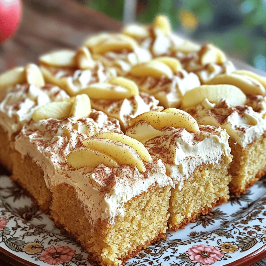 - 2 cups unsweetened applesauce - 1 ½ cups all-purpose flour - 1 cup granulated sugar - ½ cup brown sugar, packed - ½ cup vegetable oil - 3 large eggs - 1 teaspoon vanilla extract The main star of this cake is the applesauce. It adds moisture and a natural sweetness. I love using unsweetened applesauce to keep the cake balanced. The combination of granulated and brown sugar gives it a rich flavor. - 8 oz cream cheese, softened - ½ cup unsalted butter, softened - 4 cups powdered sugar - 1 teaspoon vanilla extract - 1 teaspoon ground cinnamon For the frosting, softened cream cheese and butter mix well. The powdered sugar sweetens it just right. Ground cinnamon adds a warm spice that pairs perfectly with the cake. - Sprinkle of cinnamon - Thin slice of apple for garnish - Chopped nuts for added texture You can sprinkle a little cinnamon on top for flair. A thin slice of apple makes a lovely garnish. Chopped nuts add a delightful crunch and flavor. These extras can really elevate your cake. 1. Preheat your oven to 350°F (175°C). Grease and flour a 9x13-inch baking dish. 2. In a large bowl, whisk together: - 1 ½ cups all-purpose flour - 1 teaspoon baking soda - 1 teaspoon baking powder - 1 teaspoon ground cinnamon - ½ teaspoon ground nutmeg - ½ teaspoon salt 3. In another bowl, combine: - 2 cups unsweetened applesauce - 1 cup granulated sugar - ½ cup brown sugar, packed - ½ cup vegetable oil - 3 large eggs - 1 teaspoon vanilla extract Mix until everything is well blended. 1. Gradually fold the dry ingredients into the wet mixture. Stir until just combined. 2. Pour the batter into your prepared dish. Spread the batter evenly. 3. Bake for 30 to 35 minutes. Check doneness with a toothpick. It should come out clean. 4. Cool the cake in the pan for 15 minutes. Then, transfer it to a wire rack to cool completely. 1. In a large bowl, beat together: - 8 oz cream cheese, softened - ½ cup unsalted butter, softened Beat until smooth and creamy. 2. Gradually add in 4 cups powdered sugar. Mix until fully combined. 3. Stir in: - 1 teaspoon vanilla extract - 1 teaspoon ground cinnamon Continue mixing until the frosting is completely smooth. Once your cake cools, spread the frosting evenly across the top. Enjoy your delightful cake! - Use room temperature ingredients: Bring your eggs and cream cheese to room temp. This helps them mix well and makes a smoother batter. - Do not overmix the batter: Mix just until combined. Overmixing can make the cake tough. - Check for doneness using the toothpick method: Insert a toothpick in the center. If it comes out clean, your cake is ready! - Substitute half of the granulated sugar for brown sugar: Brown sugar adds moisture, making your cake softer and sweeter. - Add a dash of vanilla extract to the cake batter: This simple addition can boost the cake’s flavor profile. - Ensure cream cheese and butter are softened: Soft ingredients mix better. Leave them out for about 30 minutes before mixing. - Chill the frosting for a few minutes if too soft: If your frosting is runny, pop it in the fridge for a bit. This will help it firm up for spreading. {{image_2}} You can add fun flavors to your applesauce cake. Chopped nuts, like walnuts or pecans, bring a nice crunch. They add texture and flavor. You can also mix in raisins or dried cranberries. This makes the cake sweeter and fruitier. Both options work well and make the cake more exciting! If you need a gluten-free cake, just swap the all-purpose flour with gluten-free flour. This simple switch keeps the cake soft and tasty. For a vegan version, use a dairy-free cream cheese alternative. This way, everyone can enjoy the cake, no matter their diet. You can change the flavor of your cake based on the season. For fall, try adding pumpkin spice. It gives a warm, cozy taste that matches the season. For a fresh twist, add freshly grated lemon zest. This brightens the cake and adds a pop of flavor. Each variation keeps the cake fun and interesting! To keep leftover cake fresh, store it in the refrigerator. Place the cake in an airtight container or cover it tightly with plastic wrap. This helps keep moisture in and prevents the cake from drying out. The cake will stay fresh for about five days. For longer shelf life, you can freeze the un-frosted cake. Wrap it in plastic wrap and then in aluminum foil. This prevents freezer burn. You can enjoy it for up to three months. If you need to freeze the frosting, place it in an airtight container. Make sure to label it with the date, so you know when to use it. When you’re ready to enjoy the cake again, reheat it gently. You can use the microwave for about 10-15 seconds. This warms the cake without drying it out. Serve it warm with a fresh dollop of cinnamon cream cheese frosting. This adds extra flavor and makes it feel like a special treat again. Yes, you can use homemade applesauce. It adds a fresh taste and aroma to the cake. Plus, you control the sweetness. Homemade applesauce is often thicker, which can make the cake moist and flavorful. You can also add your favorite spices or even nuts to your homemade version for a unique twist. To check if the cake is done, insert a toothpick into the center. If it comes out clean, the cake is ready. You can also look for a golden-brown top and a firm edge. The cake will pull away slightly from the sides of the pan when it's fully baked. Absolutely! You can make the frosting ahead of time. Just store it in an airtight container in the fridge. When you are ready to use it, let it sit at room temperature. You can re-whip it for a smooth texture. This method saves time when you bake the cake later. Applesauce Cake pairs well with a scoop of vanilla ice cream or a dollop of whipped cream. You can also serve it with a cup of warm apple cider or coffee. For a fun twist, add some caramel sauce on top of the frosting. This makes for a delightful dessert experience! This blog post covered the key ingredients and steps for making a delicious applesauce cake topped with cinnamon cream cheese frosting. Remember to use fresh ingredients and adapt the recipe to your taste. You can try different flavors or make it gluten-free. Store your cake properly to enjoy it later. I hope you feel inspired to bake and share this delightful dessert with others. Enjoy creating your applesauce cake!