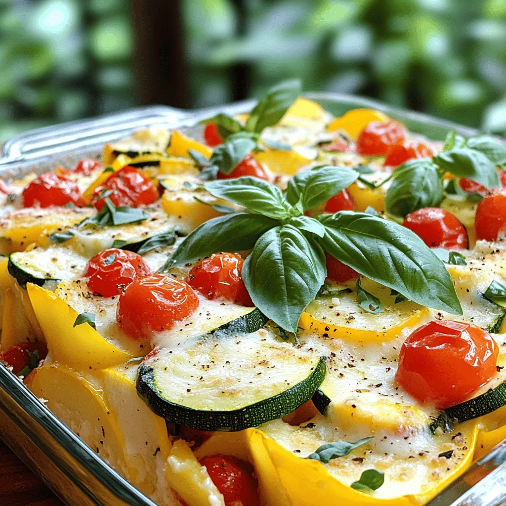 To make a delicious Summer Veggie Gratin, gather these fresh ingredients: - Summer Vegetables - 2 medium zucchini, sliced - 2 medium yellow squash, sliced - 1 red bell pepper, diced - 1 cup cherry tomatoes, halved - 1 medium onion, thinly sliced - 2 cloves garlic, minced - Cheese Components - 1 cup ricotta cheese - 1 cup shredded mozzarella cheese - 1/2 cup grated Parmesan cheese - Seasoning and Other Ingredients - 1 teaspoon dried Italian herbs (like oregano, thyme, and basil) - 1/4 teaspoon red pepper flakes (optional) - Salt and pepper to taste - 2 tablespoons olive oil - Garnish - Fresh basil leaves for garnish These ingredients come together for a dish that's both tasty and colorful. You can easily swap veggies based on what you have. This dish is perfect for using up summer produce. The blend of cheese makes it creamy and rich. The herbs add great flavor, too. Each bite will remind you of summer days. First, preheat the oven to 375°F (190°C). This sets the stage for baking your gratin. In a large skillet, heat two tablespoons of olive oil over medium heat. Once the oil is hot, add one thinly sliced onion and two minced garlic cloves. Sauté them for about 3-4 minutes until they become translucent and fragrant. This step builds the base flavor for your dish. Next, add two sliced medium zucchini, two sliced yellow squash, and one diced red bell pepper into the skillet. Season the veggies with salt, pepper, and one teaspoon of dried Italian herbs. If you like a bit of heat, add a 1/4 teaspoon of red pepper flakes. Cook for an additional 5-7 minutes. Stir occasionally until the veggies are tender but still crisp. In a separate mixing bowl, combine one cup of ricotta cheese, half of the shredded mozzarella cheese, and half of the grated Parmesan cheese. Mix well and season to taste with a pinch of salt and pepper. This creamy mixture adds richness to your gratin. In a greased baking dish, start layering. Spread half of the sautéed vegetable mix on the bottom. Next, evenly spread the ricotta cheese mixture over the veggies. Top this with the remaining sautéed veggies and sprinkle the rest of the mozzarella and Parmesan on top. For a pop of color, arrange halved cherry tomatoes over the cheese layer. Cover the dish with aluminum foil and bake for 25 minutes. This helps the flavors meld together. After 25 minutes, remove the foil and bake uncovered for an additional 10-15 minutes. The top should turn golden and bubbly, which means it’s nearly ready. Once baked, remove the dish from the oven. Let it sit for a few minutes to set. Before serving, garnish with fresh basil leaves for a burst of flavor. - Sautéing Vegetables: Start with high heat to keep veggies crisp. Add them in stages. Begin with onions and garlic, then add peppers and squashes. This way, each vegetable cooks just right. - Golden, Bubbly Top: Cover the dish with foil for the first 25 minutes. This keeps moisture in. Then, uncover it to let the top brown. The cheeses will melt and form a lovely crust. - Herbs and Spices: Fresh herbs add a nice kick. Try basil or thyme. Add red pepper flakes for some heat. Experiment with your favorite spices to make it your own. - Fresh vs. Canned Tomatoes: Fresh cherry tomatoes give a burst of flavor. They add a sweet touch. Canned tomatoes work too but may be softer. Choose based on your taste preference. - Ideal Pairings: Serve the gratin with a crisp salad. It balances the richness. Grilled chicken or fish also makes a great main dish. - Creative Serving Ideas: Enjoy it as a main meal or a side dish. You can even scoop it into a baked potato for a fun twist. This dish works well for lunch or dinner. {{image_2}} You can swap out the zucchini and yellow squash for other veggies. Try using eggplant or asparagus for new flavors. Seasonal produce can also inspire your choice. In spring, consider fresh peas or asparagus. In fall, root veggies like sweet potatoes can add sweetness. Use what you love to create a dish that excites your taste buds. If you want a dairy-free option, try using cashew cheese or almond cheese. These give a creamy texture. Mixing different cheeses can also boost flavor. You might blend ricotta with goat cheese for a tangy twist. Or use sharp cheddar with mozzarella for extra depth. Explore your favorite cheeses for a unique touch. For a gluten-free version, skip any bread crumbs. You can also use cauliflower rice instead of grains for a low-carb meal. If you want to cut calories, use low-fat cheese or reduce the amount of cheese used. Adding more veggies can fill you up without adding extra calories. Adjust the recipe to fit your diet while still keeping it tasty. To store leftover gratin properly, let it cool first. Place it in a shallow dish to speed up cooling. Cover the dish tightly with plastic wrap or aluminum foil. This keeps the flavors fresh and prevents drying out. The ideal container types for storage are glass or plastic containers with lids. These containers do a great job of sealing in moisture. For the best taste when reheating, use an oven. Preheat it to 350°F (175°C). Place the gratin in an oven-safe dish, cover it with foil, and heat for about 15-20 minutes. This method warms the dish evenly. If you use the microwave, heat in short bursts of 1-2 minutes. Stir between intervals to ensure even heating. The oven gives a better texture, while the microwave is quicker. To freeze for later, let the gratin cool completely. Cut it into portions for easy serving. Wrap each piece in plastic wrap, then place them in a freezer bag. Make sure to remove as much air as possible. This helps prevent freezer burn. For thawing, move it to the fridge overnight before reheating. Reheat it in the oven as mentioned earlier for the best results. Yes, you can prepare Summer Veggie Gratin ahead of time. To do this, follow these best practices: - Prep the vegetables: Chop and slice your veggies a day before. Store them in an airtight container in the fridge. - Make the cheese mixture: Combine the ricotta and other cheeses in advance. Keep it covered in the fridge. - Assemble the gratin: Layer everything in the baking dish but do not bake it. Cover it tightly with foil or plastic wrap. When you're ready to serve, just bake it straight from the fridge. You might need to add a few extra minutes to the cooking time. The best vegetables for a veggie gratin are fresh and seasonal. Here are some popular options: - Zucchini - Yellow squash - Red bell pepper - Cherry tomatoes - Onions - Garlic Feel free to customize your gratin based on what you have. Other great choices include eggplant, asparagus, and spinach. Knowing when your gratin is done is simple. Look for these signs: - Color: The top should be golden brown. - Bubbling: You should see bubbles around the edges. - Texture: The cheese should look melted and slightly crispy. If these signs are present, the gratin is ready to serve! Yes, you can use frozen vegetables in your gratin. Here are some tips: - Thaw first: Let the frozen veggies thaw and drain excess moisture. - Sauté briefly: Sauté them for a shorter time since they are already cooked. - Flavor: You may need to adjust seasoning since frozen veggies can taste different. Fresh vegetables give the best flavor, but frozen ones can work in a pinch. Summer Veggie Gratin can be a healthy choice. Here's a quick look at the nutritional benefits: - Vegetables: They provide fiber, vitamins, and minerals. - Cheese: Offers protein and calcium, but use it in moderation. - Olive oil: A healthy fat option when used in small amounts. Overall, this dish can fit well in a balanced diet. Just be mindful of portion sizes! This blog post covered how to make a delicious Summer Veggie Gratin. We explored the key ingredients, from fresh summer vegetables to various cheeses. You learned the step-by-step instructions, along with tips to enhance flavors and textures. We also discussed variations and storage methods to keep your dish fresh. In conclusion, this gratin is a flexible and tasty dish, perfect for warm days. Enjoy making it your own with different veggies and cheeses!