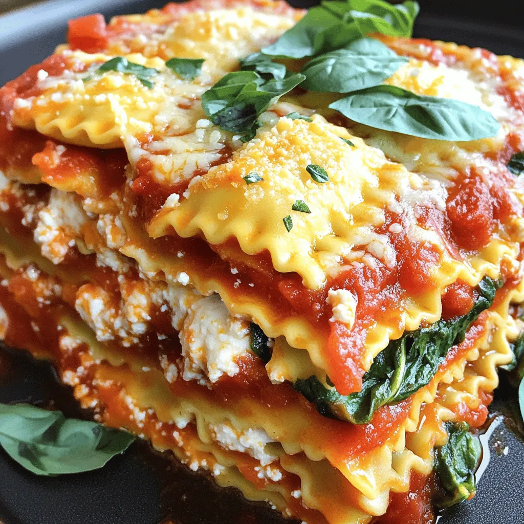 - 2 cups marinara sauce - 1 (25 oz) package frozen cheese ravioli - 2 cups ricotta cheese - 2 cups shredded mozzarella cheese - 1 cup grated Parmesan cheese - 1 large egg - 2 cups spinach (fresh or frozen) - Seasoning and garnishes (garlic powder, Italian seasoning, salt, pepper, fresh basil) For this dish, the marinara sauce serves as a rich base. I love using a good quality sauce for the best flavor. The cheese ravioli adds heartiness and makes it filling. I prefer frozen ravioli for ease, but fresh works too! Ricotta cheese gives a creamy texture that mixes well with spinach. The egg helps bind the filling. Spinach adds a nice green touch and boosts nutrition. You can use fresh or frozen spinach; just be sure to thaw and drain it if frozen. The mozzarella cheese melts beautifully, while Parmesan adds a savory finish. I suggest using fresh basil as a garnish for a pop of color and taste. You can find the full recipe with all these ingredients detailed for your cooking adventure! To start, you need to make the ricotta mixture. In a bowl, combine: - 2 cups ricotta cheese - 1 large egg - 2 cups spinach (fresh or frozen) - 1 teaspoon garlic powder - 1 teaspoon Italian seasoning - Salt and pepper to taste Mix these ingredients well until they are smooth. This mix will add creaminess to your dish. Next, prepare your crockpot. Spread a thin layer of marinara sauce on the bottom. This helps keep the ravioli from sticking. Now, it's time to layer! Start with a third of the frozen ravioli. Place them directly on the marinara sauce. Then, spoon some of your ricotta mixture over the ravioli. Add a sprinkle of mozzarella and Parmesan cheese. Repeat this layering two more times. Keep going until all your ingredients are used. Finish with a last layer of marinara sauce. Top this layer with the remaining mozzarella and Parmesan cheese. This will give you a nice gooey topping. Cover your crockpot with the lid. Cook on low for 4-6 hours. Check to see if the ravioli are tender. The cheese should be melted and bubbly. After cooking, turn off the crockpot. Let it sit for 10-15 minutes before serving. This helps the layers set nicely. If you want, you can garnish with fresh basil leaves for a bit of color and taste. You can find the full recipe in the article. Enjoy your hearty and savory delight! - Check for doneness by ensuring ravioli are tender and cheese is bubbly. - Adjust cooking time based on your crockpot model. Some cook faster than others. - Use fresh ingredients for better flavor. Fresh spinach and homemade marinara make a big difference. - Make ahead of time for easier meal prep. You can layer it and store it in the fridge overnight. - Serve with garlic bread or a side salad. A crisp salad pairs well with the rich flavors. - Garnish with fresh basil for added flavor. It looks nice and gives a fresh taste. {{image_2}} You can easily switch up the ravioli in this dish. Swap cheese ravioli for meat or vegetable ravioli. This change gives you a new taste. You can also try different cheeses. Fontina or gouda add rich flavors that surprise your taste buds. If you want a vegetarian dish, just skip any meat-based ravioli. This keeps it hearty and delicious. For those who need gluten-free options, look for gluten-free ravioli. Many brands make tasty gluten-free choices that work well. To boost the veggie count, add mushrooms, bell peppers, or zucchini. These add color and nutrients. You can also stir in Italian sausage for added protein. This makes the dish even heartier and more flavorful. Enjoy experimenting with these variations to find your perfect bowl! Store any leftover Crockpot Ravioli Lasagna in an airtight container. This will keep it fresh for 3-4 days. Remember to let it cool before sealing it up. You can freeze portions of lasagna for later. Use airtight containers or freezer bags. It will stay good for up to 3 months. When you want to eat it, thaw it in the refrigerator overnight. This helps keep the texture nice. Reheat the lasagna in the microwave or oven. Make sure it heats through. If it seems dry, add a splash of marinara sauce. This keeps it moist and tasty. Enjoy your delicious meal again! To make ravioli from scratch, mix flour, eggs, and water until smooth. Roll the dough thin, then cut it into squares. Fill each square with your choice of cheese or meat. Seal them well before using in your lasagna. Yes, you can cook it on high. This method cuts the cook time to about 2-3 hours. Just make sure to check for doneness. The ravioli should be soft, and the cheese needs to be melted. No, you do not need to thaw the ravioli. You can add frozen ravioli straight into the crockpot. This makes prep easier and saves time. I love to serve it with garlic bread. A fresh green salad or roasted vegetables are great sides too. These pairs bring extra flavors and textures to your meal. This recipe for Crockpot Ravioli Lasagna combines simple ingredients and easy steps. You learned to layer cheese, ravioli, and sauce perfectly. Remember to check for doneness and adjust cooking time as needed. Feel free to try different ingredients for variety. This meal is great for busy days and can be made ahead. Enjoy it with garlic bread or a salad for a complete dish. Cooking should be fun, and this recipe makes it easy. Happy cooking!