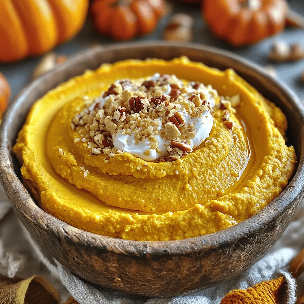 - 1 cup canned pumpkin puree - 1 cup coconut cream (chilled) - 1/4 cup maple syrup - 1 teaspoon vanilla extract - 1 teaspoon pumpkin pie spice - 1/4 teaspoon salt - Optional: crushed graham crackers or pecans for topping To make this Vegan Pumpkin Fluff Dip, you need simple ingredients. First, grab one cup of canned pumpkin puree. This gives the dip a rich pumpkin flavor. Next, use one cup of chilled coconut cream. This will make the dip creamy and fluffy. You will also need a quarter cup of maple syrup. This adds sweetness and a nice depth of flavor. Don't forget one teaspoon of vanilla extract. It enhances the overall taste and makes it more enjoyable. Add one teaspoon of pumpkin pie spice for that warm, cozy taste. It has a mix of spices like cinnamon and nutmeg. Finally, include a quarter teaspoon of salt. Salt brings out the flavors and balances the sweetness. For toppings, you can use crushed graham crackers or pecans. They add a nice crunch and texture to the dip. - Combining the pumpkin mixture Start by taking a mixing bowl. Add the canned pumpkin puree, maple syrup, vanilla extract, pumpkin pie spice, and salt. Stir it all together until you see a smooth mix. You want every ingredient to blend well for a rich flavor. - Whipping the coconut cream Next, grab a separate bowl and scoop out the chilled coconut cream. Remember to leave the liquid behind. Whisk the cream until it becomes light and fluffy. This step makes the dip airy and delightful. - Folding the mixtures together Now, gently fold the whipped coconut cream into the pumpkin mixture. Use a spatula and be careful not to deflate the cream too much. This keeps the dip light. Mix until you see a nice swirl of cream and pumpkin. - Adjusting sweetness Take a taste of your dip. If you like it sweeter, add a little more maple syrup. Stir it in and taste again. This step lets you customize the flavor just for you. - Serving presentation Transfer the pumpkin fluff dip to a serving bowl. Smooth the top for a nice look. If you want, sprinkle crushed graham crackers or pecans on top. This adds a fun crunch and makes it pretty. - Chilling time Place the dip in the refrigerator for at least 30 minutes. Chilling helps the flavors mix well and improves the dip's texture. Trust me, it tastes even better cold! To make your coconut cream fluffy, start with chilled cream. Use the thick part only. Whip it with a hand mixer. Beat until light and airy. This step is key for a fluffy dip. When you fold the coconut cream into the pumpkin mix, do it gently. Use a spatula and lift the cream from the bottom. Turn it over the pumpkin mix. This keeps the air inside. If you stir too hard, you lose the fluffiness. Sweetness is personal. Start with 1/4 cup of maple syrup. Taste the mixture after mixing. If it needs more sweetness, add more syrup. Do this slowly. You want it just right. Some like it sweeter, while others prefer less. You can also use different sweeteners. Agave syrup or honey work well too. Adjust to your taste and enjoy your dip! {{image_2}} You can change the flavor of your Vegan Pumpkin Fluff Dip by adding spices. Nutmeg and cinnamon make great additions. Just a pinch can add warmth and depth. You might also try a dash of ginger for a zesty kick. Sweeteners can also vary. While maple syrup is my go-to, agave syrup works nicely too. If you like honey, you can use it, but keep it vegan-friendly. Each sweetener adds its own unique twist. Dippers are fun! Fresh fruit like apple slices or pears taste great with the dip. Cookies and crackers also work well. Think about using gingersnaps for a spiced option. You can pair this dip with desserts too. Serve it alongside pumpkin pie or brownies. It makes a great topping for pancakes or waffles. Try it in a parfait with granola and yogurt for a sweet treat. Store any leftovers of your vegan pumpkin fluff dip in an airtight container. This keeps it fresh and tasty. You can keep it in the fridge for up to five days. Before serving again, stir it gently. If it seems a bit thick, you can add a splash of coconut cream or maple syrup to restore its creamy texture. You can freeze this dip if you want to save it for later. Just scoop it into a freezer-safe container. Leave some space at the top for it to expand. It will stay good for about a month in the freezer. To thaw, move it to the fridge overnight. Once thawed, mix it well before serving. If it seems watery, just whip it a bit more to get that fluff back. Can I make this dip nut-free? Yes, you can make this dip nut-free. Just use coconut cream. It gives a rich and creamy texture without nuts. You can choose a nut-free sweetener, like maple syrup, too. How long does this dip last in the fridge? This dip lasts about 3 to 5 days in the fridge. Store it in an airtight container. The flavors may deepen over time, making it even better! Is there a substitute for coconut cream? If you need a substitute for coconut cream, try using silken tofu. Blend it until smooth for a creamy texture. You can add a bit of coconut extract for flavor. Another option is to use vegan whipped topping if you want a quick fix. This blog post covered how to make a delicious vegan pumpkin fluff dip. We explored the essential ingredients, like pumpkin puree and coconut cream. I shared step-by-step instructions, tips for fluffiness, and creative variations to enhance flavor. Don't forget proper storage tips for leftovers and answers to common questions. With these insights, you can craft a tasty dip that suits your taste perfectly. Enjoy making it, and share the joy of this easy treat!