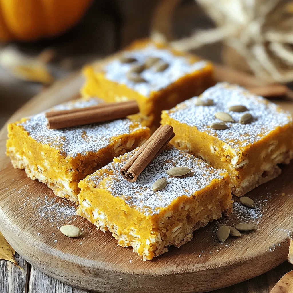 - 1 ½ cups rolled oats - 1 cup pumpkin puree - 1/2 cup almond milk (or milk of choice) - 1/4 cup maple syrup - 1/4 cup honey or agave syrup These main ingredients give the bars their base flavor and texture. The rolled oats provide a hearty chewiness. Pumpkin puree adds a rich, moist quality. Almond milk makes it creamy, while maple syrup and honey add a touch of sweetness. - 2 large eggs - 1 teaspoon vanilla extract - 1 teaspoon ground cinnamon - 1/2 teaspoon ground nutmeg - 1 teaspoon baking powder - 1/4 teaspoon salt These extra ingredients help bind everything together. Eggs add structure and moisture. Vanilla extract enhances the sweetness. Ground cinnamon and nutmeg bring warm spice notes. Baking powder helps the bars rise, while salt balances the flavors. - 1/2 cup chopped nuts (e.g., walnuts or pecans) - 1/4 cup dried cranberries or chocolate chips You can add nuts for crunch and texture. Dried cranberries bring a sweet-tart flavor, while chocolate chips satisfy sweet cravings. Feel free to mix and match based on your taste. 1. Preheat your oven to 350°F (175°C). 2. Grease an 8x8-inch baking pan or line it with parchment paper. 3. In a large bowl, combine these dry ingredients: - 1 ½ cups rolled oats - 1 teaspoon baking powder - 1 teaspoon ground cinnamon - 1/2 teaspoon ground nutmeg - 1/4 teaspoon salt Mix them well until they are evenly blended. 1. In another bowl, whisk together these wet ingredients: - 1 cup pumpkin puree - 1/2 cup almond milk (or any milk you prefer) - 1/4 cup maple syrup - 1/4 cup honey or agave syrup - 2 large eggs - 1 teaspoon vanilla extract Whisk until the mixture is smooth and well combined. 1. Pour the wet mixture into the dry ingredients. Stir until just combined. 2. Fold in your choice of add-ins like: - 1/2 cup chopped nuts (like walnuts or pecans) - 1/4 cup dried cranberries or chocolate chips (optional) 3. Pour this mix into the prepared pan, spreading it evenly. 4. Bake in your preheated oven for 25-30 minutes. The edges should turn golden. Check doneness by inserting a toothpick in the center. It should come out clean. 5. Let the bars cool for about 10 minutes in the pan. Then, transfer them to a wire rack to cool completely. 6. Once cooled, cut them into squares or rectangles and enjoy! To make your pumpkin oatmeal bars fluffy, mix the ingredients well. When you combine the dry and wet mixes, do not over-mix. Just stir until everything is blended. This helps keep air in the batter, making it light. Using room temperature ingredients is key. Eggs and milk mix better at room temperature. This helps your bars rise nicely and stay fluffy. To check if your bars are done, insert a toothpick in the center. If it comes out clean, your bars are ready. If it has batter on it, bake a bit longer. For golden edges, keep an eye on the sides. They should turn a nice golden brown. You can also rotate the pan halfway through baking for even color. For a beautiful presentation, serve the bars on a wooden platter. Lightly dust them with powdered sugar for a sweet touch. Add a sprinkle of pumpkin seeds or cinnamon sticks on the side. These bars pair well with a warm cup of tea or coffee. You can also enjoy them with a dollop of yogurt for extra creaminess. {{image_2}} To make these bars a bit healthier, you can change the sweeteners. Instead of using honey, try using more maple syrup or agave syrup. Both are great for sweetness and have fewer calories. Using gluten-free oats is another option. If you or someone you know has a gluten allergy, this switch helps keep everyone safe. Just check the package to ensure they are truly gluten-free. You can switch up the spices too. If you want more heat, add ginger or cloves. They will give your bars a warm kick. You can also mix in different nuts, like almonds or cashews, for a new crunch. Dried fruits are a fun add-in. Try raisins or chopped dates for a sweet twist. You can even add chocolate chips if you want extra sweetness. Just remember to keep the mix balanced! If you need vegan options, swap the eggs for flax eggs. To make one flax egg, mix one tablespoon of ground flaxseed with three tablespoons of water. Let it sit for a few minutes to thicken. For allergen substitutions, you can use plant-based milk instead of almond milk. Coconut milk or oat milk work well too. These simple swaps help everyone enjoy the bars without worry. To keep your fluffy pumpkin oatmeal bars fresh, use airtight containers. Glass or plastic containers work great. Make sure they close tightly to keep out air and moisture. You can store the bars at room temperature for a day or two. If you want to keep them longer, place them in the fridge. This helps preserve their taste and texture. These bars last up to a week in the fridge. If you keep them at room temperature, they are best within two days. Always check for signs of spoilage. If you see mold or smell something off, it’s best to toss them. To freeze the bars, first cut them into pieces. Wrap each piece in plastic wrap or foil. Then, place them in a freezer-safe bag or container. They can last for up to three months in the freezer. When you want to enjoy them again, simply take out a piece. Let it thaw in the fridge overnight or at room temperature for a few hours. You can also warm them in the oven for a few minutes to bring back that fresh-baked taste. Can I substitute pumpkin puree with something else? Yes, you can use applesauce instead of pumpkin puree. It will keep the bars moist. How can I make these bars vegan? To make these bars vegan, replace the eggs with flax eggs. Use 1 tablespoon of flaxseed mixed with 2.5 tablespoons of water for each egg. Can I use quick oats instead of rolled oats? You can use quick oats, but the texture may change. Rolled oats give a chewier bite. What is the best way to reheat these bars? Reheat the bars in the microwave for about 15 seconds. This warms them without drying them out. How do I know when they are done baking? The bars are done when the edges are golden brown. A toothpick inserted in the center should come out clean. These fluffy pumpkin oatmeal bars are easy to make and tasty. You combine simple ingredients like oats, pumpkin puree, and spices. The step-by-step guide helps you mix and bake them perfectly. For fluffiness, follow our tips on mixing and temperature. You can even customize flavors and make them healthier. Store them right, and they stay fresh longer. Enjoy this versatile snack any time. Make these delicious bars today and share them with friends!