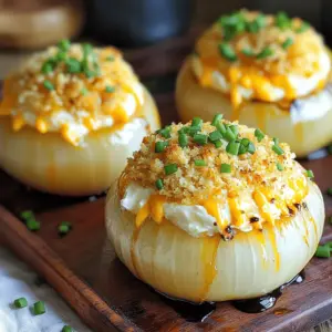 - 4 large Vidalia onions - 1 cup shredded sharp cheddar cheese - 1/2 cup cream cheese, softened - 1/4 cup grated Parmesan cheese - 1/4 cup breadcrumbs - 2 tablespoons fresh chives, chopped - 1 tablespoon olive oil - 1 teaspoon garlic powder - Salt and pepper to taste - 1/4 teaspoon paprika (for garnish) You can swap cheeses if you like. For a milder flavor, use Monterey Jack or Gouda. If you want a bolder taste, try blue cheese or feta. For gluten-free options, use crushed rice crackers or gluten-free breadcrumbs. These choices still give great taste. When picking Vidalia onions, look for ones that feel firm. They should have a smooth skin with no spots or soft areas. Check for strong, sweet aroma. The best time to buy fresh Vidalia onions is from late spring to early summer. This is when they are in season and taste their best. 1. Preheat your oven to 375°F (190°C). This helps cook the onions evenly. 2. Grease a baking dish with a little olive oil. This keeps the onions from sticking. 3. Take your large Vidalia onions. Cut off the tops carefully. 4. Scoop out the insides using a spoon. Leave about half an inch of onion on the sides. 5. Save the onion flesh for the cheese filling. 1. In a mixing bowl, combine the following ingredients: - 1 cup of shredded sharp cheddar cheese - 1/2 cup of softened cream cheese - 1/4 cup of grated Parmesan cheese - The reserved onion flesh from earlier - 2 tablespoons of chopped fresh chives - 1 teaspoon of garlic powder - Salt and pepper to taste 2. Mix everything until it’s well blended. This creates a creamy and tasty filling. 1. Stuff each hollowed onion with the cheese mixture. Press it down slightly to pack it tightly. 2. In a small bowl, mix 1/4 cup of breadcrumbs with a drizzle of olive oil and a pinch of paprika. 3. Sprinkle this breadcrumb mix over the stuffed onions. This gives a crispy topping when baked. 4. Place the stuffed onions upright in the greased baking dish. 5. Cover the dish with foil. Bake for 25 minutes. This keeps the moisture inside. 6. Remove the foil and bake for another 10-15 minutes. You want the tops golden brown and the onions tender. 7. After baking, let the onions sit for a few minutes before serving. This helps them hold their shape. To boost the taste, try adding some herbs. Fresh thyme and rosemary work well. You can also mix in spices like cayenne pepper for heat or paprika for smokiness. Different cheeses can change the flavor too. Use Gruyère for a nutty taste or feta for a briny twist. Sharp cheddar gives a robust flavor, while cream cheese adds creaminess. For a crispy topping, mix breadcrumbs with olive oil. This helps them brown nicely. A pinch of paprika adds color and extra flavor. Bake the onions covered first, then uncover for the last part. This keeps them tender while letting the tops crisp up. Aim for soft onions but not mushy. Serve each cheesy baked onion on a small plate. This makes it look fancy. A sprinkle of fresh chives adds color and flavor. Drizzle some balsamic reduction around the plate for a touch of elegance. It makes the dish pop visually and tastes great too. {{image_2}} You can change the cheese filling for a new twist. Try adding spinach or mushrooms for more flavor. You can also use different kinds of cheese. Feta cheese brings a tangy taste. Goat cheese adds creaminess. Mix in some roasted red peppers for a sweeter note. You can go wild with flavors. Just stay true to your taste! Let’s spice things up! Add jalapeños or crushed red pepper for heat. You can also sprinkle in smoked paprika for a smoky flavor. If you want something sweet, toss in some caramelized onions. They balance well with the cheese. You can even try adding herbs like thyme or rosemary. These herbs add depth to each bite. These cheesy baked onions shine as a main dish. Pair them with a fresh salad or a hearty soup. They also work great as a side dish. Serve them alongside grilled meats or roasted veggies. For drinks, a light white wine complements the flavors well. You can also enjoy them with a crisp iced tea. Each pairing brings out the best in the onions! To store leftover cheesy baked Vidalia onions, first let them cool completely. Place them in an airtight container. Refrigerate them within two hours of baking. The onions will stay fresh for up to three days. If you want to keep them longer, consider freezing. Wrap each onion in plastic wrap, then in foil. This helps prevent freezer burn. They can last up to three months in the freezer. When it's time to enjoy your leftovers, reheating is key. The best way to reheat is in the oven. Preheat your oven to 350°F (175°C). Place the onions in a baking dish and cover with foil. This keeps them moist. Heat for about 20-25 minutes. If you want a crispy top, remove the foil for the last 5 minutes. You can also use a microwave, but this may make the onions soggy. Use a low power setting and check often. Understanding when to discard your leftovers is important. If the onions have been in the fridge for more than three days, it's best to throw them out. Watch for any off smells or changes in color. If you freeze them, mark the date on the container. After three months, they may lose taste and texture. Always err on the side of caution when it comes to food safety. Cheesy baked Vidalia onions take about 50 minutes to cook. This includes 15 minutes for prep and 35 minutes for baking. Here’s the breakdown: - Prep Time: 15 minutes - Baking Time: 25 minutes covered, 10-15 minutes uncovered Yes, you can make cheesy baked Vidalia onions ahead of time. Prepare the onions and fill them with the cheese mixture. Once assembled, cover with foil and store them in the fridge. Bake them the next day. Just add a few extra minutes to the baking time if they are cold. Cheesy baked Vidalia onions pair well with many side dishes. Here are a few ideas: - A fresh green salad with vinaigrette - Roasted vegetables like asparagus or Brussels sprouts - Grilled chicken or fish for added protein - Crusty bread or garlic bread to soak up the flavors These options make your meal complete and delicious! Cheesy baked Vidalia onions are a tasty dish full of flavor. We covered the ingredients needed and how to choose fresh onions. I shared tips for preparing, stuffing, and baking them perfectly. We explored variations and storage tips, ensuring your dish remains delicious. Finally, I answered common questions to make your cooking easier. I hope you feel inspired to try this recipe and enjoy every delicious bite!