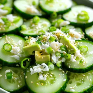 - 2 large cucumbers, thinly sliced - 1 avocado, diced - 2 green onions, finely chopped - 1 cup imitation crab meat, shredded - 1/4 cup cream cheese, softened - 2 tablespoons rice vinegar - 1 tablespoon soy sauce (or tamari for gluten-free) - 1 teaspoon sesame oil - Sea salt and freshly ground black pepper, to taste - 1 tablespoon sesame seeds, toasted The ingredients in this California Roll Cucumber Salad are fresh and vibrant. The cucumbers add a crisp bite that is refreshing. I love how the creamy avocado balances the crunch. The imitation crab meat brings a rich, savory flavor. For the dressing, I use cream cheese to give a nice, creamy texture. The rice vinegar adds a tang that brightens the salad. I like to use soy sauce or tamari to keep it gluten-free. The sesame oil gives a nutty aroma that ties everything together. To finish it off, I sprinkle toasted sesame seeds on top. They add a nice crunch and look beautiful. I often enjoy this salad as a side or light meal. It’s perfect for warm days when you want something fresh! - Start by slicing the cucumbers thinly. Use a sharp knife for clean cuts. - Place the slices in a colander and sprinkle them lightly with sea salt. - Let the cucumbers sit for about 15 minutes. This helps pull out excess water. - After 15 minutes, rinse the cucumbers with cold water. This removes the salt. - Use a paper towel to gently pat them dry. They should be crisp and ready. - In a mixing bowl, add the shredded imitation crab meat. - Dice the avocado and add it to the bowl. - Take the softened cream cheese and mix it in. Blend until smooth and well combined. - In a small bowl, whisk together the rice vinegar, soy sauce, and sesame oil. - Pour this dressing over the crab and avocado mixture. Toss gently to coat. - Add the well-prepared cucumber slices to the crab mixture. - Gently fold in the cucumbers until they are evenly mixed. - Finally, top the salad with chopped green onions. - Sprinkle toasted sesame seeds on top for added crunch. - Taste the salad and adjust seasoning with salt and pepper if needed. - For the best flavor, chill the salad in the fridge for at least 30 minutes. Chilling the salad helps the flavors blend. I suggest refrigerating it for at least 30 minutes. This time allows the ingredients to mingle and create a fresh taste. You can taste the salad after chilling. If you need to, adjust the seasoning to your liking. Sometimes, a little extra salt or pepper makes a big difference. You can easily make this salad ahead of time. Just follow the steps and chill it. It stays fresh for a couple of days. For storage, use an airtight container to keep it crisp. If you have leftovers, store them in the fridge. Enjoy it cold for a quick snack! To make your salad look great, use a nice bowl. A clear glass bowl shows off the layers well. You can add a sprinkle of sesame seeds on top. This adds a nice crunch and looks pretty. Serve it as a side dish at parties or gatherings. Everyone will love the vibrant colors and fresh taste! {{image_2}} You can make this salad even better by adding more ingredients. Consider adding extra vegetables like bell peppers or carrots for crunch. You can also include avocado, which adds creaminess. If you like protein, try swapping the imitation crab for cooked shrimp or real crab meat. This keeps the dish fresh and exciting. For those who need gluten-free options, use tamari instead of soy sauce. This simple change keeps the flavor without the gluten. If you want a dairy-free version, skip the cream cheese. You can substitute it with a plant-based cream alternative. This way, everyone can enjoy this salad. To change the flavor, experiment with different dressings. You might try a spicy mayo or a citrus vinaigrette. Adding fresh herbs like cilantro or basil can enhance the taste too. If you prefer a kick, sprinkle in some red pepper flakes or a dash of sriracha. These tweaks allow you to customize your salad to your liking. To keep your salad fresh, use airtight containers. Glass or plastic containers work well. Make sure to store the salad in the fridge right after serving. This helps keep the flavors bright and crisp. Best practices for freshness: - Avoid mixing the salad with dressing until you are ready to eat. - Cover the container tightly to keep out air. - Keep it away from strong-smelling foods to avoid flavor changes. California Roll Cucumber Salad lasts about 2 to 3 days in the fridge. After that, the texture and taste can change. Signs the salad has gone bad: - Look for a slimy texture on cucumbers. - Check for off smells or discoloration. - If the dressing separates and looks unappealing, it’s time to toss it. You do not need to reheat this salad. It tastes best cold. If you want to refresh it, just add a bit of dressing and mix gently. This can help bring back some of the flavors. Yes, you can use real crab meat. It will enhance the flavor. Real crab adds a fresh taste. If you choose this option, ensure it is cooked and shredded. You can also mix the crab with cream cheese for a creamy texture. Absolutely! This salad is great for meal prep. You can prepare it a day ahead. Store it in an airtight container in the fridge. The flavors will blend nicely overnight. Just remember to add the green onions right before serving for freshness. This salad pairs well with many dishes. You can serve it as a side with sushi or grilled fish. It also goes well with rice bowls or teriyaki chicken. For a light meal, add some grilled shrimp. Enjoy it with a refreshing drink for the perfect meal! This California Roll Cucumber Salad combines fresh ingredients and simple steps. You learned how to prepare crunchy cucumbers, creamy avocado, and tasty crab. The seasoning tips offer solutions to enhance flavor easily. With possible variations, it fits different diets and preferences. Try this salad for a light, refreshing dish. Enjoy it alone or pair it with your favorite sides. You can make this anytime, knowing it’s easy and fun! Keep experimenting with flavors to make it your own.