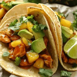 - 1 lb chicken breast, diced - 1 cup fresh pineapple, diced - 2 tablespoons chipotle sauce - 1 tablespoon olive oil - 1 teaspoon ground cumin - 1 teaspoon smoked paprika - 1/2 teaspoon garlic powder - Salt and pepper to taste - 8 small corn tortillas - 1 avocado, sliced - 1/4 cup fresh cilantro, chopped - Lime wedges for serving The first step is to gather your main ingredients. You need one pound of diced chicken breast. Fresh pineapple is key; use one cup, diced. This fruit adds sweetness to the dish. Next, let’s spice it up. You’ll need two tablespoons of chipotle sauce. Adjust this based on your spice level. Then, grab one tablespoon of olive oil for cooking. For flavor, add one teaspoon each of ground cumin and smoked paprika. A touch of garlic powder is also great; use half a teaspoon. Don’t forget salt and pepper to taste. Finally, for serving, prepare eight small corn tortillas. You’ll also want one sliced avocado, a quarter cup of chopped cilantro, and some lime wedges. These toppings will bring freshness and balance to your tacos. To start, take a large bowl. Add 1 pound of diced chicken breast. Pour in 2 tablespoons of chipotle sauce. Adjust the sauce for your spice level. Next, add 1 tablespoon of olive oil, 1 teaspoon of ground cumin, 1 teaspoon of smoked paprika, and 1/2 teaspoon of garlic powder. Season with salt and pepper. Mix everything well until the chicken is coated evenly. This step builds great flavor. Now, preheat your skillet over medium-high heat. Once it's hot, add the marinated chicken. Cook for about 6 to 8 minutes. Stir occasionally to avoid sticking. Look for nice char marks and ensure the chicken is fully cooked. This gives the chicken a tasty texture. After cooking the chicken, add 1 cup of diced fresh pineapple. Stir it in and cook for another 2 to 3 minutes. You want the pineapple heated through and slightly caramelized. While this cooks, warm 8 small corn tortillas in another pan or microwave. To assemble, scoop the chicken and pineapple onto each tortilla. Top with sliced avocado and chopped cilantro. Serve with lime wedges on the side for a zesty kick! To get that perfect char on your chicken, start with even pieces. Dice your chicken breast into uniform chunks. This helps them cook at the same rate. Use a hot skillet for best results. Preheat it for a few minutes before adding the chicken. Cook the chicken for 6-8 minutes, stirring it often. This gives it a nice char and keeps it juicy. If you want more flavor, try marinating the chicken longer. The chipotle sauce and spices really make a difference. For the best tacos, use small corn tortillas. They are soft and have a great taste. Look for fresh tortillas at your local market. They add a nice texture to your tacos. If you can't find corn tortillas, flour ones work too. Just remember, corn tortillas pair well with the chicken and pineapple flavors. Warm them up before serving. This makes them easier to fold and enhances their flavor. Toppings add fun and flavor to your tacos. I love using fresh avocado slices. They add creaminess and balance the spice. Chopped cilantro brings a burst of freshness. You can also squeeze lime over the top. This adds a zesty kick. If you like heat, add some sliced jalapeños. They give an extra layer of flavor and spice. Mix and match toppings to find your favorite combination. {{image_2}} If you want a twist on Chipotle Pineapple Chicken Tacos, try using shrimp or tofu. Both options deliver great flavor and texture. For shrimp, use about 1 lb of peeled and deveined shrimp. Season the shrimp with the same chipotle sauce and spices. Cook them in the skillet for about 4-5 minutes until pink and firm. For tofu, use firm tofu. Dice it and press out the water. Marinate the tofu just like the chicken. Cook it until golden brown, about 6-8 minutes. Making your own chipotle sauce is easy. You will need: - 2-3 dried chipotle peppers - 1 cup tomato sauce - 1 tablespoon vinegar - 1 teaspoon garlic powder - Salt to taste 1. Soak the dried chipotle peppers in hot water for 20 minutes. 2. Blend the softened peppers with tomato sauce, vinegar, garlic powder, and salt. 3. Adjust the spice level by adding more peppers if needed. This sauce adds depth and freshness to your tacos. Aside from pineapple, many fruits can enhance your chicken tacos. Mango, peach, or even papaya work well. These fruits add sweetness and a nice texture. For mango, use 1 cup of diced fresh mango. Add it to the skillet just like the pineapple. If you prefer a tart flavor, try adding diced green apples. They bring a crisp bite that balances the spices. Feel free to mix and match fruits for a fun twist! To store leftovers, place the chicken and pineapple mixture in an airtight container. Make sure it cools before sealing. This keeps it fresh for up to three days. Store the tortillas separately to avoid sogginess. Wrap them in foil or plastic wrap. To reheat, use a skillet over medium heat. Add a small splash of water to keep the mixture moist. Cook for about five minutes, stirring often. This method restores the texture and flavor. You can also microwave the mixture in short bursts. Cover it to keep moisture in. Yes, you can freeze the chicken and pineapple mixture. Use a freezer-safe bag and remove excess air. It lasts up to three months in the freezer. When ready to use, thaw it overnight in the fridge. Reheat it gently to keep the taste fresh. If you want a milder flavor, try using BBQ sauce or adobo sauce. You can also use hot sauce for a different kick. If you like more sweetness, a mango or peach salsa works well too. Each option adds a unique flavor twist to your tacos. Yes, you can prepare the chicken and pineapple mix ahead of time. Just marinate the chicken and store it in the fridge. You can also chop the pineapple and other toppings. Warm the tortillas and cook the chicken mix right before serving for the best taste. Yes, these tacos can be gluten-free. Use corn tortillas, which are naturally gluten-free. Always check the package to ensure there are no added gluten ingredients. This way, everyone can enjoy these delicious tacos! This blog post showed you how to make delicious Chipotle Pineapple Chicken Tacos. The ingredients are simple: chicken, pineapple, spices, and tortillas. You learned to marinate, cook, and assemble your tacos step by step. I shared tips for the best flavors and textures. You also discovered variations and storage options to keep your tacos fresh. Now, get cooking! Enjoy these tasty tacos with friends and family.