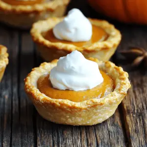 To make these mini pumpkin pies, you need a few key ingredients: - 1 cup pumpkin puree - 1/2 cup coconut milk (canned) - 1/3 cup brown sugar - 2 large eggs - 1 teaspoon vanilla extract - 1 teaspoon ground cinnamon - 1/2 teaspoon ground nutmeg - 1/4 teaspoon ground ginger - 1/4 teaspoon salt - 1 package pre-made mini pie crusts (or make your own) - Whipped cream (for serving) If you have dietary restrictions, you can swap out some ingredients. Use almond milk instead of coconut milk for a nutty taste. For a vegan version, replace eggs with flaxseed meal mixed with water. You can add more flavor to your mini pies. Try adding: - A dash of ground cloves for warmth - Maple syrup instead of brown sugar for a richer taste - A pinch of ground allspice for a unique twist For garnishes, think about: - Chopped nuts for crunch - Drizzled chocolate for sweetness - A sprinkle of cinnamon on top for extra flavor To make these delicious treats, gather these tools: - A large mixing bowl - A whisk to mix your filling - A measuring cup and spoons for accuracy - A baking sheet for easy handling For baking, you will need: - Mini pie pans to hold your pies - Parchment paper to line your baking sheet (if desired) This list covers what you need to create tasty mini pumpkin pies. Check the full recipe for details on preparation! To start, gather your ingredients. In a large mixing bowl, combine the pumpkin puree, coconut milk, brown sugar, eggs, and vanilla extract. This mix creates a smooth filling. Next, add the ground cinnamon, nutmeg, ginger, and salt. Whisk everything together until it is smooth and blended well. For the best consistency, make sure there are no lumps. Now, it’s time to fill your mini pie crusts. Place the crusts on a baking sheet for easy handling. Pour the pumpkin filling into each crust, filling them about 3/4 full. This allows room for the filling to rise while baking. Be careful not to overfill, as that leads to spills. Preheat your oven to 375°F (190°C). Bake the mini pies for 20-25 minutes. You will know they are done when the filling is set. To check for doneness, insert a toothpick into the center. If it comes out clean, your pies are ready. Once baked, let them cool for 10 minutes. Then, transfer the pies to a wire rack to cool completely. Enjoy these tasty treats warm or chilled! - Overfilling the crusts: Fill each crust about 3/4 full. This allows space for the filling to rise without spilling over. - Under-baking the pies: Bake until the filling is set. A toothpick should come out clean when inserted in the center. - Best accompaniments: Top each mini pie with fresh whipped cream. Vanilla ice cream also pairs nicely. - Presentation ideas: Arrange the pies on a decorative platter. Add fall leaves or small pumpkins for a festive touch. - Adjusting flavors: Feel free to tweak the spices. Add more cinnamon or nutmeg for a stronger flavor. - Resting time: Let the pies cool for at least 10 minutes before serving. This helps improve the texture and taste. Each of these tips will help you create the perfect mini pumpkin pies. Enjoy the process, and don't be afraid to experiment! If you're ready to dive into the full recipe, check it out here: [Full Recipe]. {{image_2}} You can choose different crusts for your mini pumpkin pies. If you want a gluten-free option, try using almond flour or oat flour. For a vegan choice, you can use coconut oil instead of butter in your crust. Store-bought crusts save time, but homemade ones taste great. Homemade crusts let you control flavors and texture. If you have the time, making your own can be worth it. While pumpkin filling is classic, you can get creative. Try adding chocolate for a rich twist. You can mix in caramel for a sweet surprise. Nut-based fillings like pecan can add crunch and depth. Think about seasonal flavors too. Apple filling gives a fresh taste for fall. Pecan pie filling offers a nutty sweetness. These fillings can make your mini pies unique. Mini pies are perfect for holidays. For Thanksgiving, keep the pumpkin filling but add fall spices. For Halloween, add a splash of orange food coloring for fun. You can also mix flavors to match events. For a summer party, try a berry and cream combo. For a winter holiday, combine peppermint and chocolate. Themed mini pies can be a hit at any gathering. For the full recipe, see the section above. To keep your mini pumpkin pies fresh, use an airtight container. This helps prevent them from drying out. Place a piece of wax paper between pies to avoid sticking. Store them in the fridge for the best taste. Make sure your fridge stays at 40°F (4°C) or lower for safety. You can freeze mini pumpkin pies for longer shelf life. First, let them cool completely. Then, wrap each pie tightly in plastic wrap. Place them in a freezer-safe bag or container. This keeps them fresh for up to three months. When you are ready to eat them, thaw the pies in the fridge overnight. If you want to eat them warm, heat them in the oven at 350°F (175°C) for about 10 minutes. In the fridge, mini pumpkin pies last about 3 to 4 days. If you freeze them, they can last up to three months. Always check for signs of spoilage. Look for mold or an off smell. If anything seems wrong, it’s best to throw them out. Enjoy your delicious mini pumpkin pies safely! Yes, you can make Mini Pumpkin Pies ahead of time. To do this, bake the pies and let them cool completely. Then, cover them tightly with plastic wrap or foil. Store them in the fridge for up to three days. If you need to, you can also freeze them. Just wrap them well and place them in a freezer-safe container. They can last for up to three months in the freezer. When ready to enjoy, thaw them in the fridge overnight and serve cold or reheat. If you need a substitute for coconut milk, you have options. Use regular milk or almond milk if you want a dairy option. Oat milk or soy milk works well for a non-dairy choice. Each will change the flavor slightly but will still taste great. If you want a creamier texture, use heavy cream or cashew milk. To check if your Mini Pumpkin Pies are done, look for a firm filling. Insert a toothpick in the center. If it comes out clean, the pies are ready. They should not jiggle too much. The edges will also look set, while the center might still be a bit soft. This softness is normal, and the pies will firm up as they cool. Yes, Mini Pumpkin Pies are great for freezing. After baking and cooling, wrap each pie in plastic wrap. Then, place them in a freezer-safe bag or container. They can be frozen for up to three months. When you're ready to eat, take them out and thaw them in the fridge. You can warm them up in the oven for a few minutes if you like them warm. You can get creative with toppings for Mini Pumpkin Pies. Whipped cream is a classic choice. You can also sprinkle crushed nuts for crunch. A drizzle of caramel or chocolate sauce adds a sweet touch. For a spice kick, try a sprinkle of cinnamon or nutmeg on top. These toppings can make your pies even more special. For the full recipe, gather these ingredients: pumpkin puree, coconut milk, brown sugar, eggs, vanilla extract, ground cinnamon, ground nutmeg, ground ginger, salt, and mini pie crusts. Follow the steps to create these delicious treats. You will have 12 mini pies ready for sharing or enjoying by yourself. Mini pumpkin pies are a great treat for any season. You now know the key ingredients, how to prepare the filling, and tips for perfect baking. Remember to experiment with flavors and toppings for your personal touch. Store them properly to enjoy later, and feel free to customize crusts or fillings. With the right techniques, you can impress everyone at your gatherings. Get ready to bake mini pumpkin pies that are tasty and fun!
