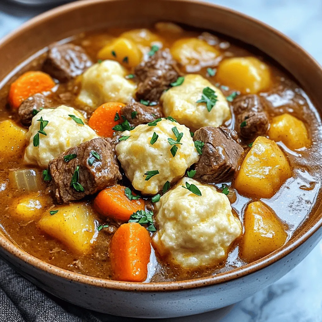 - 2 lbs beef chuck - 4 medium carrots - 3 medium potatoes - 1 large onion - 3 cloves garlic - 4 cups beef broth - 2 tablespoons tomato paste - 1 tablespoon Worcestershire sauce - 2 teaspoons dried thyme - 2 teaspoons salt - 1 teaspoon black pepper - 2 cups all-purpose flour - 1 tablespoon baking powder - 1/2 teaspoon salt - 1 tablespoon dried parsley - 3/4 cup milk - 1/4 cup melted butter These ingredients create a warm and hearty beef stew. The beef chuck gives a rich flavor as it cooks. Carrots and potatoes add sweetness and texture. The onion and garlic enhance the overall taste, making it cozy. For flavor, we use tomato paste and Worcestershire sauce. These add depth and umami. Thyme, salt, and pepper balance the dish well. The fluffy dumplings are easy to make. Flour, baking powder, and salt form the base. Adding dried parsley gives them a fresh taste. Milk and melted butter keep them moist and fluffy. Gather these items to create a meal that warms the soul. You will enjoy the blending of flavors and the comfort they bring. To make this stew, start by adding the beef cubes, carrots, potatoes, onion, and garlic into your slow cooker. Next, pour in the beef broth. Then, stir in the tomato paste, Worcestershire sauce, thyme, salt, and pepper. Mix everything well. Now, cover the slow cooker. Cook on low for 6 to 8 hours or on high for 4 to 5 hours. The beef will become tender and flavorful. If you want a thicker stew, mix cornstarch with a few tablespoons of cold water. Stir this slurry into the stew during the last 30 minutes of cooking. About 30 minutes before serving, it’s time to make the dumplings. In a large bowl, mix the flour, baking powder, salt, and dried parsley. Create a well in the center of the dry mix. Pour in the milk and melted butter. Stir until just combined; make sure not to overmix. Now, drop spoonfuls of the dumpling batter on top of the bubbling stew. Cover the slow cooker and cook for an additional 15 to 20 minutes on high. This will help the dumplings become fluffy and fully cook. Once your dumplings are fluffy, stir in the frozen peas. Let them heat through for about 5 minutes. For serving, ladle the beef stew into deep bowls. Place the fluffy dumplings on top. Garnish with fresh parsley for a colorful touch. Enjoy your hearty meal! - Best cuts of beef for slow cooking I recommend using beef chuck. It has good fat, making the stew rich. Other cuts like brisket work too. - Substituting fresh herbs for dried If you have fresh herbs, use them! Use three times the amount of fresh herbs as dried. They add a bright taste. - Adjusting seasoning for personal taste Taste your stew before serving. Add more salt or pepper if needed. Every cook has their own flavor preferences. - Importance of not overmixing the batter Mix the dumpling batter gently. Overmixing makes them tough and dense. You want them light and fluffy. - Cooking techniques to avoid soggy dumplings Place the dumplings on top of the stew. Don’t stir them in. This keeps them from getting soggy. - How to check for doneness After 15-20 minutes, poke a dumpling with a toothpick. If it comes out clean, they are ready! - Using a slow cooker effectively Keep the lid on during cooking. This helps maintain heat and moisture. It ensures your stew cooks evenly. - Importance of resting time before serving Let your stew sit for a few minutes before serving. This helps flavors meld together. Plus, it cools it slightly. - Using leftovers creatively Use leftover stew for a quick lunch. Serve it over rice or pasta. You can also make a savory pie with it! {{image_2}} You can easily change the taste of your stew. One fun way is to add red wine. It gives the stew a rich and deep flavor. Just add a cup of red wine when you mix the broth and other ingredients. You can also try using different vegetables. Instead of just carrots and potatoes, think about adding parsnips, turnips, or even sweet potatoes. Each veggie adds its own unique taste. Get creative and use what you have! Dumplings can also be changed up for fun. Try adding herbs like rosemary or thyme to your dumpling mix. This will give a nice burst of flavor. You can also make cheese-stuffed dumplings. Just add small pieces of cheese in the center of your dumpling dough before you drop them in the stew. They will melt and make every bite cheesy and delicious. If you need a gluten-free option, you can use a gluten-free flour blend instead of regular flour for the dumplings. Just make sure the baking powder is also gluten-free. You might also want to use different meats. Chicken works well in this recipe. Just cut chicken into chunks and follow the same steps. It will add a lighter taste but still be very tasty! Store your leftover beef stew in a glass or plastic container with a tight lid. This keeps it fresh and tasty. You can refrigerate it for up to four days. Make sure the stew cools down first before sealing it. To freeze the beef stew with dumplings, let it cool completely. Then, place it in a freezer-safe bag or container. Remove as much air as possible to prevent freezer burn. You can freeze it for up to three months. When you're ready to eat, thaw it overnight in the fridge. Reheat it on the stove or in the microwave until hot. In the fridge, your beef stew will last about four days. If it smells sour or has a strange color, it’s best to throw it out. Always check for signs of spoilage before eating leftovers. Cooking beef stew in a slow cooker takes about 6-8 hours on low or 4-5 hours on high. This long, slow cook helps make the beef tender and tasty. The low heat allows flavors to mix well and create a rich stew. Yes, you can prepare the stew the night before. Just chop the veggies and meat, then add them to the slow cooker. Cover it and put it in the fridge. In the morning, add the broth and seasonings, then cook. This saves time and makes mornings easier. If you don’t have beef broth, you can use chicken broth or vegetable broth. Water can work too, but it won’t add as much flavor. For a richer taste, try adding a splash of soy sauce or Worcestershire sauce. Absolutely! You can add many other veggies. Consider mushrooms, green beans, or peas. Just chop them up and toss them in. Make sure to add heartier vegetables, like carrots and potatoes, early so they cook well. To reheat, place the stew in a pot on the stove. Heat it over medium heat and stir often. You can also use a microwave. Put the stew in a bowl, cover it, and heat in short bursts, stirring in between. For dumplings, heat them gently so they stay fluffy. Beef stew with dumplings is a hearty meal perfect for any time. We covered key ingredients, step-by-step instructions, and helpful tips to nail this dish. Remember to pick the right beef and avoid overmixing your dumpling batter. You can also play with flavors or adjust for dietary needs. Enjoy your cooking, and don’t forget to store leftovers properly. This beef stew will warm your heart and fill your belly. Happy cooking!