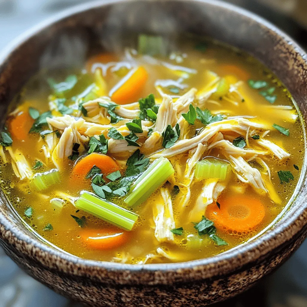 - 2 boneless, skinless chicken breasts - 4 cups chicken broth - 2 cups water - 1 large onion, diced - 3 cloves garlic, minced - 3 medium carrots, sliced - 3 celery stalks, chopped - 1 teaspoon dried thyme - 1 teaspoon dried rosemary - 1 bay leaf - 1 teaspoon salt (adjust to taste) - 1/2 teaspoon black pepper - 2 tablespoons fresh parsley, chopped (for garnish) I love how these simple ingredients come together to create a warm bowl of soup. The chicken breasts provide the main protein. They become tender and flavorful after slow cooking. The chicken broth adds depth and richness. Water balances the broth for a light soup. Chopping the onion, garlic, carrots, and celery fills the kitchen with a cozy aroma. Each veggie adds its own taste. The onion gives sweetness, while garlic adds a nice kick. Carrots bring a hint of earthiness, and celery adds a crisp texture. The dried thyme and rosemary give a lovely herbal note. The bay leaf is a secret weapon in soups; it adds a subtle flavor you can't quite place. Salt and black pepper help season the soup just right. Finally, don't forget the fresh parsley! It adds a pop of color and freshness when you serve the soup. These ingredients make this dish not just tasty but also a comforting hug in a bowl. - Place the chicken breasts in the slow cooker. - Add chicken broth and water. Start by setting the stage for your soup. I like to use two boneless, skinless chicken breasts. They cook well and stay tender. Pour four cups of rich chicken broth and two cups of water over the chicken. This mix forms the base of your soup. - Incorporate onion, garlic, carrots, and celery. - Sprinkle thyme, rosemary, bay leaf, salt, and pepper. Next, it’s time to add flavor. Dice one large onion and mince three cloves of garlic. Slice three medium carrots and chop three celery stalks. Toss all these into the pot. Now, it’s time for the seasonings. Add one teaspoon each of dried thyme and rosemary. Drop in one bay leaf, along with one teaspoon of salt and half a teaspoon of black pepper. This blend brings the soup to life. - Cover and cook on low for 6-7 hours. - Shred chicken and return to the pot. Cover the slow cooker and set it to low heat. Let it cook for about 6 to 7 hours. During this time, the chicken will become tender and juicy. When it’s ready, take the chicken out and shred it with two forks. Place the shredded chicken back into the pot. The soup now has a perfect mix of flavors and textures. - Add egg noodles and cook on high for 30 minutes. - Adjust seasoning and remove bay leaf before serving. Now for the final touch. Add two cups of egg noodles to the pot. Cover it again and cook on high for 30 minutes. This step makes the noodles soft and delicious. Before serving, taste the soup and adjust the seasoning if needed. Don’t forget to remove the bay leaf; it’s not meant to be eaten. Ladle your soup into bowls and enjoy a warm, cozy meal! - Use homemade chicken broth for a richer taste. - Consider adding a splash of lemon juice for brightness. Homemade broth adds depth. It uses bones and veggies for flavor. If you don’t have time, store-bought works too. The lemon juice brings a fresh zing. It wakes up the flavors, making each bite more vibrant. - For creamier soup, add a dash of heavy cream at the end. - For a thicker consistency, allow the soup to cook without the lid for the last hour. Cream makes the soup feel rich and smooth. Just stir it in before serving. If you want a thicker soup, remove the lid. This will let some water evaporate, making it heartier. - Cook on low for 6-7 hours for tender chicken. - If using frozen chicken, cook for an extra hour on low. Cooking on low gives tender, juicy chicken. If the chicken is frozen, it needs more time. Just add an hour, and you’ll still get a great meal. {{image_2}} You can make tasty swaps in this soup. Try using turkey instead of chicken. Tofu is a great option for a vegetarian dish. You can also change the veggies based on what is in season or what you like best. For example, add peas, green beans, or corn for a new twist. If you need a gluten-free dish, switch to rice noodles. They work well and taste great. For those watching sodium, choose a low-sodium broth. It still gives you flavor but with less salt. Add spices for extra warmth. A pinch of paprika or cayenne can give it a nice kick. You can also add leafy greens like spinach or kale for more nutrients. These greens cook down well and add a pop of color to your bowl. After you enjoy your slow cooker chicken noodle soup, let it cool down. It’s best to store leftovers in the fridge within two hours. Use airtight containers to keep the soup fresh. Avoid using large pots to store soup. Instead, use smaller containers. This helps it cool faster and stay safe to eat later. To freeze chicken noodle soup, make sure it’s completely cool. Pour it into freezer-safe bags or containers. Leave some space at the top, as soup expands when frozen. You can freeze it for up to three months. For reheating, take it out the night before and place it in the fridge. This helps it thaw slowly. You can also microwave it for a quick thaw. When it’s time to heat, warm it on the stovetop. Stir often to keep it from sticking. In the fridge, soup lasts about three to four days. If you freeze it, it’s good for up to three months. Check for signs of spoilage, like off smells or changes in color. If you see any mold, throw it out. Always trust your senses—if it doesn’t smell or look right, don’t eat it. Yes, you can use frozen chicken breasts. Just add an hour to the cooking time. The slow cooker will cook the chicken through. Make sure to check that it reaches 165°F for safe eating. Cooking from frozen keeps the soup moist and tasty. You can make this soup on the stove. Start by sautéing the onions and garlic in a pot. Then, add the chicken, broth, water, and veggies. Let it simmer on medium heat for about 30-40 minutes. Shred the chicken and add noodles in the last 10 minutes. To make it heartier, add beans or potatoes. You can also toss in spinach or kale for extra nutrients. If you like spice, add some hot sauce or chili flakes. These additions will make your soup filling and delicious. Yes, you can double the recipe. Just make sure your slow cooker has enough space. You may need to adjust the cooking time slightly, but it should cook well. Always check if the chicken is tender before serving. To keep the noodles firm, add them later in the cooking process. Cook them for about 30 minutes on high after shredding the chicken. This way, they won’t overcook and turn mushy. You can also cook them separately and add them just before serving. This chicken noodle soup recipe combines simple ingredients, detailed steps, and helpful tips. You can create a warm, comforting dish with chicken, veggies, and seasonings. Adjust for your taste and dietary needs. Whether it’s a busy weeknight or a cozy weekend, this soup works wonders. Enjoy your delicious creation!
