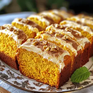 - 1 ½ cups all-purpose flour - 1 teaspoon baking soda - ½ teaspoon baking powder - 1 teaspoon ground cinnamon - ½ teaspoon ground nutmeg - ½ teaspoon ground ginger - ¼ teaspoon salt To start, gather your dry ingredients. The all-purpose flour provides the base for your bread. Baking soda and baking powder help it rise. Ground spices like cinnamon, nutmeg, and ginger add warmth and flavor. Salt enhances all the tastes to make it sing. - ½ cup vegetable oil - 1 cup granulated sugar - 1 cup pumpkin puree (canned or fresh) - 3 large eggs - 1 teaspoon vanilla extract Next, you’ll need the wet ingredients. Vegetable oil keeps the bread moist. Granulated sugar sweetens it just right. Pumpkin puree gives it that lovely fall flavor. Eggs help bind everything together, while vanilla extract adds depth. - ½ cup chopped walnuts or pecans If you want some crunch, add in chopped walnuts or pecans. They pair well with the pumpkin flavor and add a nice texture. - 4 oz cream cheese, softened - ¼ cup unsalted butter, softened - 1 cup powdered sugar - 1 teaspoon vanilla extract - 1-2 tablespoons milk (as needed for consistency) Now, let’s talk about the cream cheese frosting. You’ll need softened cream cheese and unsalted butter for a smooth base. Powdered sugar sweetens it up, while vanilla extract gives it a rich taste. Milk helps you get the perfect spreadable consistency. First, preheat your oven to 350°F (175°C). This step helps the bread bake evenly. Next, take a 9x5-inch loaf pan and grease it well with butter or oil. This prevents the bread from sticking. Grab a medium bowl. In this bowl, whisk together 1 ½ cups of all-purpose flour, 1 teaspoon of baking soda, and ½ teaspoon of baking powder. Add 1 teaspoon of ground cinnamon, ½ teaspoon of ground nutmeg, ½ teaspoon of ground ginger, and ¼ teaspoon of salt. Mix these dry ingredients well. This blend gives your bread its warm spice flavor. Now, in a large bowl, mix ½ cup of vegetable oil with 1 cup of granulated sugar. Stir until smooth. Next, add 1 cup of pumpkin puree, 3 large eggs, and 1 teaspoon of vanilla extract. Beat this mixture well until it looks creamy and combined. Slowly add the dry ingredient mix to the wet mix. Stir gently until just combined. It’s okay if the batter has a few lumps. If you want, fold in ½ cup of chopped walnuts or pecans at this point. This adds a nice crunch. Pour the batter into your greased loaf pan. Smooth the top with a spatula. Bake in the preheated oven for about 60 to 70 minutes. You’ll know it’s done when a toothpick inserted in the center comes out clean. Let the bread cool in the pan for about 15 minutes before moving it to a wire rack. While the bread cools, prepare the frosting. In a mixing bowl, beat 4 oz of softened cream cheese with ¼ cup of softened butter until smooth. Gradually add 1 cup of powdered sugar, mixing as you go. Stir in 1 teaspoon of vanilla extract. If your frosting is too thick, add 1 to 2 tablespoons of milk until it reaches your desired consistency. Once the pumpkin bread has cooled completely, spread the cream cheese frosting generously on top. Slice the bread and serve, enjoying this delightful treat. To make your pumpkin bread moist, avoid overmixing the batter. When you combine the wet and dry ingredients, stir gently. A few lumps are okay! Overmixing can make the bread tough. So, keep it light and fluffy. Balancing sugar levels is key for great taste. If you want less sweetness, cut back on the sugar by ¼ cup. You can also use natural sweeteners like honey or maple syrup. Just remember to adjust the wet ingredients to keep the right texture. To amp up the flavor, add other spices. Consider using allspice or cloves for a warm kick. You can also mix in a splash of orange zest or almond extract for unique notes. Don’t be afraid to get creative with flavors that you love! {{image_2}} To make a vegan version of pumpkin bread, you can easily swap some ingredients. Replace the eggs with 1/4 cup of unsweetened applesauce for each egg. Use 1/2 cup of coconut oil or any neutral oil instead of vegetable oil. You can also use almond, soy, or oat milk in place of regular milk in the frosting. For the cream cheese frosting, try using vegan cream cheese. You’ll still get that rich flavor and moist texture everyone loves. If you want a gluten-free pumpkin bread, you can use a blend of gluten-free flours. Almond flour or coconut flour works well. You can also use a store-bought gluten-free flour mix. To help the bread hold together, add 1 tablespoon of chia seeds or flaxseeds mixed with water for each egg in the recipe. This will help bind the ingredients without gluten. You can get creative with flavors in your pumpkin bread. Adding chocolate chips gives it a sweet twist. I recommend using semi-sweet or dark chocolate for a rich taste. If you prefer dried fruits, try adding raisins or cranberries. They add a nice chewiness and a burst of sweetness. You can even mix in some chopped pecans or walnuts for extra crunch. These additions make the bread even more delightful! To keep your pumpkin bread fresh, let it cool completely. Wrap it in plastic wrap or foil. You can also place it in an airtight container. Store it at room temperature for up to three days. This keeps the bread moist and tasty. If you want it to last longer, store it in the fridge. Just remember, the bread may get a bit dry. For long-term storage, freezing is your best bet. Wrap the cooled bread tightly in plastic wrap. Then, place it in a freezer bag or wrap it in aluminum foil. This helps prevent freezer burn. Pumpkin bread can stay fresh in the freezer for up to three months. When you're ready to enjoy it, simply remove it from the freezer and let it thaw overnight in the fridge. To reheat your pumpkin bread, slice it first. Place the slices on a microwave-safe plate. Heat them for about 15-20 seconds. If you want it warm and moist, cover the plate with a damp paper towel. For a crispier texture, you can toast the slices in a toaster or oven. Just keep an eye on it to avoid overcooking. Enjoy your bread like it’s fresh from the oven! Yes, you can use fresh pumpkin. Fresh pumpkin gives a vibrant flavor. Canned pumpkin is often more convenient. It also has a smooth texture and consistent taste. If you use fresh, cook and puree it first. This ensures your bread stays moist. Look at the top of the bread. It should be golden brown. Insert a toothpick into the center. If it comes out clean, the bread is done. The edges will also pull away from the pan slightly. A slight spring back when you touch it is a good sign. Yes, you can! Use unsweetened applesauce or mashed bananas. Each substitute works well in this recipe. You can also use flax eggs. Mix one tablespoon of ground flaxseed with three tablespoons of water. Let it sit for five minutes before using. You can serve this bread warm or cold. Spread some butter or additional cream cheese frosting on top. It also pairs well with coffee or tea. Try adding a sprinkle of cinnamon for extra flavor. Slices go well with walnuts or pecans on the side. This blog post covered how to make the best pumpkin bread. We talked about the key ingredients, mixing steps, and tips to perfect your loaf. I shared ideas for variations, like vegan options, and how to store your bread. Remember to avoid overmixing for a moist texture. Now you're ready to bake delicious pumpkin bread at home. Enjoy experimenting with flavors and share your results with friends. This recipe can bring joy to any meal. Happy baking!