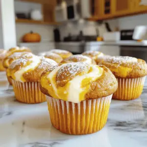 To make the muffins, you will need: - 1 ½ cups all-purpose flour - 1 cup canned pumpkin puree - ½ cup granulated sugar - ½ cup brown sugar - 1 teaspoon baking soda - 1 teaspoon baking powder - ½ teaspoon salt - 1 teaspoon ground cinnamon - ½ teaspoon ground nutmeg - ½ teaspoon ground ginger - 2 large eggs - ½ cup vegetable oil - 1 teaspoon vanilla extract These ingredients blend together to form a moist and flavorful base. For the cream cheese swirl, gather: - 8 oz cream cheese, softened - ¼ cup powdered sugar - 1 teaspoon vanilla extract This creamy mix adds a rich touch to the muffins. You can enhance your muffins with: - Chopped pecans or walnuts - A sprinkle of cinnamon sugar - A drizzle of maple syrup These toppings add flavor and texture to your delightful treat. First, preheat your oven to 350°F (175°C). This step warms up the oven for even baking. Next, line a muffin tin with paper liners. This makes it easy to remove the muffins later. In a large bowl, mix these dry ingredients: - 1 ½ cups all-purpose flour - ½ cup granulated sugar - ½ cup brown sugar - 1 teaspoon baking soda - 1 teaspoon baking powder - ½ teaspoon salt - 1 teaspoon ground cinnamon - ½ teaspoon ground nutmeg - ½ teaspoon ground ginger Whisk them together well. In another bowl, combine the wet ingredients: - 1 cup canned pumpkin puree - 2 large eggs - ½ cup vegetable oil - 1 teaspoon vanilla extract Mix these until smooth. Pour the wet mix into the dry mix. Stir until just combined. Don't worry about lumps; they are fine. For the cream cheese swirl, take 8 oz of softened cream cheese and place it in a bowl. Add ¼ cup of powdered sugar and 1 teaspoon of vanilla extract. Beat these together until you have a smooth mixture. Now, it's time to layer the muffins. Spoon about 2 tablespoons of the muffin batter into each cup. Then, add about 1 tablespoon of the cream cheese mixture on top. Finally, add another tablespoon of muffin batter on top of the cream cheese. To create that beautiful swirl, use a toothpick or skewer. Gently swirl the cream cheese into the muffin batter, making a marbled effect. Now, place the muffin tin in the preheated oven. Bake for 18-20 minutes. To check if they are done, insert a toothpick into the center of a muffin. If it comes out clean, they are ready. Once baked, let the muffins cool in the pan for 5 minutes. After that, transfer them to a wire rack to cool completely. Enjoy your warm, pumpkin cream cheese swirl muffins! Baking can be tricky. Here are some common mistakes to watch for: - Overmixing the batter: This makes the muffins tough. Mix until just combined. - Using cold eggs: Cold eggs don’t mix well. Always use room temperature eggs. - Not measuring flour correctly: Too much flour leads to dry muffins. Use a kitchen scale if you can. - Skipping the cream cheese swirl: This adds flavor and fun. Don’t miss it! To get those pretty swirls, follow these tips: - Start with a thick cream cheese mixture. It helps keep the swirl intact. - Use a toothpick or skewer for swirling. Be gentle to avoid mixing too much. - Add the cream cheese mixture last. This way, it sits on top and is easier to swirl. To check if your muffins are done, do this: - Insert a toothpick into the center of a muffin. It should come out clean. - If it has wet batter, bake for a few more minutes. - Remember, they will continue to cook a bit after you take them out of the oven. These tips will help you make the best pumpkin cream cheese swirl muffins. Enjoy baking! {{image_2}} You can make these muffins even better by adding chocolate chips or nuts. I love using semi-sweet chocolate chips for a sweet touch. They melt just right and blend well with the pumpkin flavor. You can also try walnuts or pecans for a crunchy bite. Just fold in about ½ cup of your choice into the batter before spooning it into the muffin tin. This adds a delightful surprise in every bite. If you need gluten-free muffins, swap the all-purpose flour with a gluten-free blend. Look for blends that work well in baking. For a vegan option, replace the eggs with flax eggs. Mix one tablespoon of ground flaxseed with three tablespoons of water. Let it sit for a few minutes to thicken. You can also use a plant-based cream cheese for the swirl. These swaps keep the muffins tasty and friendly for different diets. Feel free to switch up the spices to match the season. In fall, add a pinch of clove for warmth. In winter, try a bit of cardamom for a unique twist. You can even mix in some citrus zest, like orange or lemon, for a fresh flavor. Each change can make your muffins fun and exciting. You can create a new favorite with just a few tweaks! To keep your pumpkin cream cheese swirl muffins fresh, store them in an airtight container. This will prevent them from drying out. You can leave them at room temperature for up to two days. If you want them to last longer, consider refrigerating them. Just remember to let them cool completely before sealing them. Freezing muffins is a great way to save them for later. First, allow the muffins to cool completely. Then, wrap each muffin tightly in plastic wrap. Place the wrapped muffins in a freezer-safe bag or container. You can freeze them for up to three months. When you're ready to enjoy, just take one out and let it thaw at room temperature. Reheating muffins can bring back their warm and fluffy texture. For best results, use an oven. Preheat it to 350°F (175°C). Place the muffin on a baking sheet and warm it for about 10 minutes. You can also use a microwave. Heat on medium power for 15-20 seconds. This makes the cream cheese swirl soft and melty, enhancing the flavor. Enjoy your delicious muffins fresh again! Yes, you can use fresh pumpkin. First, cut and roast the pumpkin until soft. Then, scoop out the flesh and mash it until smooth. Use this in place of canned pumpkin puree. Fresh pumpkin gives a great taste and texture. If you want a cream cheese swap, use Greek yogurt or ricotta cheese. Both options give a creamy texture. You can also try vegan cream cheese for a dairy-free choice. Just keep in mind that the flavor may slightly change. These muffins stay fresh for about three days at room temperature. Keep them in an airtight container. If you want to save them longer, freeze them. They will last for about three months in the freezer. Just thaw before you enjoy! In this blog post, we covered the key ingredients for muffins and cream cheese swirl. I shared step-by-step instructions for making and baking these tasty treats. I also outlined tips to avoid common mistakes and create perfect swirls. Plus, we explored variations to customize your muffins. Baking can be fun and rewarding. With these tips, you can make muffins that everyone loves. Enjoy your baking journey and share your creations!