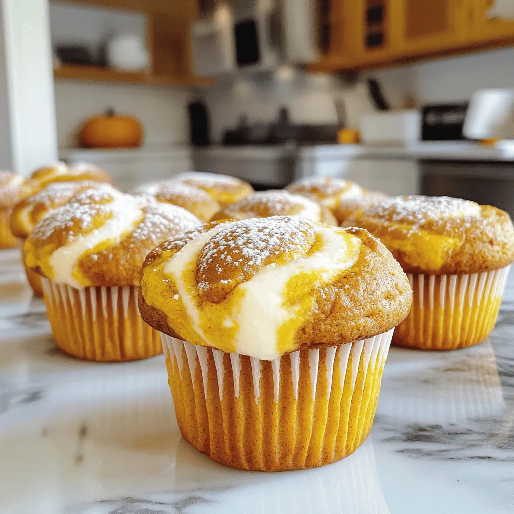 To make the muffins, you will need: - 1 ½ cups all-purpose flour - 1 cup canned pumpkin puree - ½ cup granulated sugar - ½ cup brown sugar - 1 teaspoon baking soda - 1 teaspoon baking powder - ½ teaspoon salt - 1 teaspoon ground cinnamon - ½ teaspoon ground nutmeg - ½ teaspoon ground ginger - 2 large eggs - ½ cup vegetable oil - 1 teaspoon vanilla extract These ingredients blend together to form a moist and flavorful base. For the cream cheese swirl, gather: - 8 oz cream cheese, softened - ¼ cup powdered sugar - 1 teaspoon vanilla extract This creamy mix adds a rich touch to the muffins. You can enhance your muffins with: - Chopped pecans or walnuts - A sprinkle of cinnamon sugar - A drizzle of maple syrup These toppings add flavor and texture to your delightful treat. First, preheat your oven to 350°F (175°C). This step warms up the oven for even baking. Next, line a muffin tin with paper liners. This makes it easy to remove the muffins later. In a large bowl, mix these dry ingredients: - 1 ½ cups all-purpose flour - ½ cup granulated sugar - ½ cup brown sugar - 1 teaspoon baking soda - 1 teaspoon baking powder - ½ teaspoon salt - 1 teaspoon ground cinnamon - ½ teaspoon ground nutmeg - ½ teaspoon ground ginger Whisk them together well. In another bowl, combine the wet ingredients: - 1 cup canned pumpkin puree - 2 large eggs - ½ cup vegetable oil - 1 teaspoon vanilla extract Mix these until smooth. Pour the wet mix into the dry mix. Stir until just combined. Don't worry about lumps; they are fine. For the cream cheese swirl, take 8 oz of softened cream cheese and place it in a bowl. Add ¼ cup of powdered sugar and 1 teaspoon of vanilla extract. Beat these together until you have a smooth mixture. Now, it's time to layer the muffins. Spoon about 2 tablespoons of the muffin batter into each cup. Then, add about 1 tablespoon of the cream cheese mixture on top. Finally, add another tablespoon of muffin batter on top of the cream cheese. To create that beautiful swirl, use a toothpick or skewer. Gently swirl the cream cheese into the muffin batter, making a marbled effect. Now, place the muffin tin in the preheated oven. Bake for 18-20 minutes. To check if they are done, insert a toothpick into the center of a muffin. If it comes out clean, they are ready. Once baked, let the muffins cool in the pan for 5 minutes. After that, transfer them to a wire rack to cool completely. Enjoy your warm, pumpkin cream cheese swirl muffins! Baking can be tricky. Here are some common mistakes to watch for: - Overmixing the batter: This makes the muffins tough. Mix until just combined. - Using cold eggs: Cold eggs don’t mix well. Always use room temperature eggs. - Not measuring flour correctly: Too much flour leads to dry muffins. Use a kitchen scale if you can. - Skipping the cream cheese swirl: This adds flavor and fun. Don’t miss it! To get those pretty swirls, follow these tips: - Start with a thick cream cheese mixture. It helps keep the swirl intact. - Use a toothpick or skewer for swirling. Be gentle to avoid mixing too much. - Add the cream cheese mixture last. This way, it sits on top and is easier to swirl. To check if your muffins are done, do this: - Insert a toothpick into the center of a muffin. It should come out clean. - If it has wet batter, bake for a few more minutes. - Remember, they will continue to cook a bit after you take them out of the oven. These tips will help you make the best pumpkin cream cheese swirl muffins. Enjoy baking! {{image_2}} You can make these muffins even better by adding chocolate chips or nuts. I love using semi-sweet chocolate chips for a sweet touch. They melt just right and blend well with the pumpkin flavor. You can also try walnuts or pecans for a crunchy bite. Just fold in about ½ cup of your choice into the batter before spooning it into the muffin tin. This adds a delightful surprise in every bite. If you need gluten-free muffins, swap the all-purpose flour with a gluten-free blend. Look for blends that work well in baking. For a vegan option, replace the eggs with flax eggs. Mix one tablespoon of ground flaxseed with three tablespoons of water. Let it sit for a few minutes to thicken. You can also use a plant-based cream cheese for the swirl. These swaps keep the muffins tasty and friendly for different diets. Feel free to switch up the spices to match the season. In fall, add a pinch of clove for warmth. In winter, try a bit of cardamom for a unique twist. You can even mix in some citrus zest, like orange or lemon, for a fresh flavor. Each change can make your muffins fun and exciting. You can create a new favorite with just a few tweaks! To keep your pumpkin cream cheese swirl muffins fresh, store them in an airtight container. This will prevent them from drying out. You can leave them at room temperature for up to two days. If you want them to last longer, consider refrigerating them. Just remember to let them cool completely before sealing them. Freezing muffins is a great way to save them for later. First, allow the muffins to cool completely. Then, wrap each muffin tightly in plastic wrap. Place the wrapped muffins in a freezer-safe bag or container. You can freeze them for up to three months. When you're ready to enjoy, just take one out and let it thaw at room temperature. Reheating muffins can bring back their warm and fluffy texture. For best results, use an oven. Preheat it to 350°F (175°C). Place the muffin on a baking sheet and warm it for about 10 minutes. You can also use a microwave. Heat on medium power for 15-20 seconds. This makes the cream cheese swirl soft and melty, enhancing the flavor. Enjoy your delicious muffins fresh again! Yes, you can use fresh pumpkin. First, cut and roast the pumpkin until soft. Then, scoop out the flesh and mash it until smooth. Use this in place of canned pumpkin puree. Fresh pumpkin gives a great taste and texture. If you want a cream cheese swap, use Greek yogurt or ricotta cheese. Both options give a creamy texture. You can also try vegan cream cheese for a dairy-free choice. Just keep in mind that the flavor may slightly change. These muffins stay fresh for about three days at room temperature. Keep them in an airtight container. If you want to save them longer, freeze them. They will last for about three months in the freezer. Just thaw before you enjoy! In this blog post, we covered the key ingredients for muffins and cream cheese swirl. I shared step-by-step instructions for making and baking these tasty treats. I also outlined tips to avoid common mistakes and create perfect swirls. Plus, we explored variations to customize your muffins. Baking can be fun and rewarding. With these tips, you can make muffins that everyone loves. Enjoy your baking journey and share your creations!