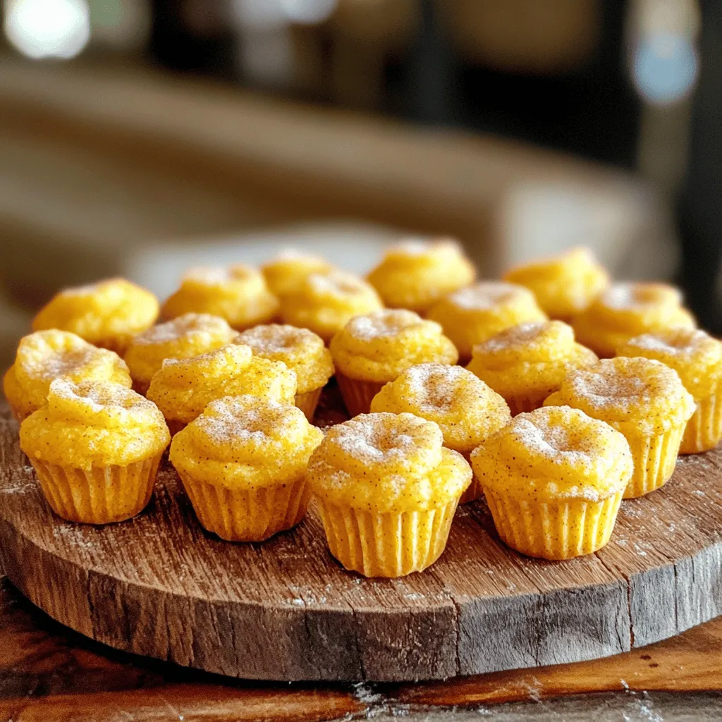 To make Pumpkin Churro Mini Muffins, you need simple and tasty ingredients. Here’s what you will need: - 1 cup all-purpose flour - 1/2 cup sugar - 1/2 teaspoon baking powder - 1/2 teaspoon baking soda - 1/2 teaspoon ground cinnamon - 1/4 teaspoon salt - 1/2 cup canned pumpkin puree - 1/4 cup vegetable oil - 1 large egg - 1 teaspoon vanilla extract - 1/4 teaspoon nutmeg These ingredients create a lovely, soft muffin. The pumpkin adds moisture and flavor. The spices give warmth and sweetness. In addition to the main ingredients, you need some baking staples. These help the muffins rise and taste great: - 1/4 cup unsalted butter, melted (for coating) - 1/4 cup sugar (for coating) - 1 teaspoon cinnamon (for coating) The melted butter makes the muffins golden. The sugar and cinnamon mix adds that churro touch. It is the final step to make them delicious! Coating your muffins adds a sweet finish. For this, you need: - 1/4 cup sugar (for coating) - 1 teaspoon cinnamon (for coating) Mix the sugar and cinnamon well. After baking, brush the muffins with butter. Roll them in this mix for a sweet crunch. This step makes these muffins a treat! Start by preheating your oven to 350°F (175°C). This step is key for even baking. While the oven warms, grease a mini muffin tin with non-stick spray. You can also use mini muffin liners if you prefer. Both methods make it easy to remove the muffins later. In a large mixing bowl, gather your dry ingredients. Add 1 cup of all-purpose flour, 1/2 cup of sugar, and the leavening agents: 1/2 teaspoon of baking powder and 1/2 teaspoon of baking soda. Then, sprinkle in 1/2 teaspoon of ground cinnamon and 1/4 teaspoon of salt. Whisk these ingredients together until they blend well. This creates a light and airy base for your muffins. In another bowl, combine your wet ingredients. Measure out 1/2 cup of canned pumpkin puree and pour it in. Then, add 1/4 cup of vegetable oil, 1 large egg, and 1 teaspoon of vanilla extract. Mix them until the mixture is smooth. This mix adds moisture and flavor to the muffins. Carefully pour the pumpkin mixture into the bowl with the dry ingredients. Use a spatula to fold them together gently. You want to mix until just combined. Overmixing can lead to tough muffins. Spoon the batter into your prepared muffin tin, filling each cup about 2/3 full. This allows room for the muffins to rise. Place the muffin tin in your preheated oven. Bake for about 12 to 15 minutes. To check if they are done, insert a toothpick into the center of a muffin. If it comes out clean, they are ready. If not, give them a few more minutes. While the muffins bake, mix 1/4 cup of sugar with 1 teaspoon of cinnamon in a small bowl. After baking, let the muffins cool in the pan for about 5 minutes. Then, transfer them to a wire rack. While they are still warm, brush each muffin with 1/4 cup of melted unsalted butter. Roll them in the cinnamon sugar mix until they are well coated. This adds a sweet, crunchy layer that makes them irresistible. To bake well, you need to measure correctly. Use dry measuring cups for flour and sugar. Fill the cup and level it off with a knife. Do not pack the flour down. For liquids, use a clear measuring cup with a spout. Pour until you reach the right line. This way, your muffins will come out just right. A few errors can ruin your muffins. First, don't overmix the batter. This makes them tough. Fold the wet and dry ingredients gently. Second, always preheat your oven fully. This helps them rise. Lastly, check for doneness with a toothpick. If it comes out clean, they are ready. To get that soft and fluffy texture, use room-temperature ingredients. This includes your egg and pumpkin puree. Mixing these well with oil and vanilla gives moisture. Also, fill the muffin cups only 2/3 full. This allows them to rise without overflowing. Enjoy your perfect Pumpkin Churro Mini Muffins! {{image_2}} You can easily change the flavor of your pumpkin churro mini muffins. Try adding chocolate chips or nuts. Chocolate adds a sweet touch that pairs well with pumpkin. Use about 1/2 cup of your favorite chocolate chips. If you prefer nuts, chop them up. Walnuts or pecans work great. Add them to your batter before baking. This gives a nice crunch in every bite. To make these muffins vegan, swap out a few ingredients. Use flax eggs instead of a large egg. Mix 1 tablespoon of flaxseed meal with 2.5 tablespoons of water. Let it sit for five minutes to thicken. Use plant-based oil instead of regular vegetable oil. For the butter coating, you can use coconut oil or vegan butter. This way, everyone can enjoy these tasty treats. You might wonder if you should use pumpkin spice or regular cinnamon. Pumpkin spice is a mix of spices, including cinnamon, nutmeg, and ginger. It gives a warm, festive flavor. If you want a richer taste, use pumpkin spice. If you prefer a simple flavor, stick with regular cinnamon. Both options will make your muffins delicious. Choose what you love most for a great bite! After baking, you may have some pumpkin churro mini muffins left. To keep them fresh, let them cool completely. Place them in an airtight container. They will stay good for about 3 days at room temperature. If you want them to last longer, consider freezing. Freezing is a great way to save your mini muffins. Wrap each muffin in plastic wrap. Then, put them in a freezer bag. Make sure to remove as much air as possible. They can stay in the freezer for up to 3 months. When you want to enjoy one, just take it out and let it thaw. To reheat your muffins, use the microwave or oven. For the microwave, heat for about 15-20 seconds. This will warm them up quickly. For the oven, preheat to 350°F (175°C) and bake for about 5-7 minutes. This way, they will taste fresh and warm, just like when you first made them. Yes, you can use fresh pumpkin. First, cook the pumpkin until soft. Then, mash it well. Make sure it is smooth and not watery. Canned pumpkin is easier, but fresh works too. To make these muffins gluten-free, swap all-purpose flour for a gluten-free blend. Look for a blend that has xanthan gum. This helps give the muffins a good texture. You can serve these muffins with cream cheese frosting, whipped cream, or a scoop of ice cream. A warm cup of coffee or apple cider pairs well too. These muffins stay fresh for about three days at room temperature. Store them in an airtight container. For longer storage, freeze them for up to two months. This article covered how to make Pumpkin Churro Mini Muffins. We explored essential ingredients, step-by-step baking instructions, tips for success, and fun variations. You learned how to store these treats for later enjoyment and found answers to common questions. Now, you can bake these muffins with confidence. Enjoy the rich flavors and share them with friends and family! Your baking journey has just begun, so get creative and have fun.