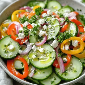 - 2 cups cucumber, thinly sliced - 1 cup sweet bell peppers (red, yellow, and orange), finely sliced - 1/2 red onion, thinly sliced - 1/4 cup fresh parsley, chopped - 1/4 cup feta cheese, crumbled (optional) This salad bursts with fresh flavors. The crisp cucumber adds a nice crunch. Sweet bell peppers bring a pop of color and flavor. I love using a mix of red, yellow, and orange peppers for a bright look. The red onion gives a sharp bite that balances the sweetness. Fresh parsley adds a touch of earthiness and green. Feta cheese is optional, but it adds a creamy texture. - 3 tablespoons olive oil - 2 tablespoons apple cider vinegar - 1 teaspoon honey - Salt and pepper to taste The dressing is simple yet tasty. Olive oil gives a rich base. Apple cider vinegar adds tanginess, brightening the flavors. Honey brings a hint of sweetness. I always use salt and pepper to enhance everything. Together, these ingredients create a dressing that ties the salad together beautifully. Washing and Slicing Vegetables First, wash the cucumbers and sweet bell peppers. Make sure you rinse them well to remove any dirt. Next, slice the cucumbers into thin rounds. This helps them stay crisp. Then, cut the sweet peppers into thin strips. Use red, yellow, and orange peppers for color and taste. Finally, slice the red onion thinly. This adds a nice bite to the salad. Mixing Salad Ingredients In a large mixing bowl, combine the sliced cucumbers, sweet peppers, and red onion. Toss them gently to mix. You want the colors and textures to blend well. Then, add the chopped parsley for freshness. If you like feta cheese, add the crumbled cheese now. It adds a creamy touch that many enjoy. Whisking the Dressing Components In a small bowl, whisk together the olive oil, apple cider vinegar, honey, salt, and pepper. Start with the olive oil, then add the vinegar and honey. This balance of flavors makes the dressing bright. Whisk until it is well combined. You want the dressing to be smooth and creamy. Tossing Ingredients with Dressing Pour the dressing over the salad mixture. Toss everything together gently. Make sure all the ingredients are coated with the dressing. This step is key for flavor. Finally, let the salad rest for about 10 minutes in the refrigerator. This helps the flavors meld together. Serve it cool for the best taste! Using fresh herbs can make this salad pop. I love adding basil or mint for a twist. These herbs add brightness and freshness. You can also mix in dill for a unique taste. Experiment until you find your favorite combo! If you want to skip the feta cheese, try avocado or nuts. Avocado gives a creamy texture, while nuts add crunch. Both options keep it tasty and satisfying. Presentation matters. Serve the salad in a large, shallow bowl. This helps show off the colorful veggies. For extra flair, sprinkle more parsley on top. You can also add edible flowers for a fun touch. These small details make the dish stand out. This salad is naturally gluten-free. You can enjoy it without worry. For vegan options, simply leave out the feta cheese. The salad still tastes great without it. Add extra veggies or chickpeas for more protein. This keeps your meal filling and healthy. {{image_2}} You can make this salad heartier by adding protein. Grilled chicken works great. Slice it thin and lay it on top. Another option is chickpeas. They add fiber and a nice crunch. Just rinse canned chickpeas and toss them in. You can use about one cup of either option for a filling meal. Seasonal vegetables can change the whole look and taste of your salad. In summer, try adding fresh corn or cherry tomatoes. They bring sweetness and color. In fall, consider diced apples or roasted squash. This keeps the salad fresh and fun all year round. The dressing can change the salad’s flavor. Try a zesty lemon vinaigrette for a bright taste. You could also add a dollop of yogurt for creaminess. If you want a kick, mix in some chili flakes. Explore different dressings to find your perfect match. Each adds a unique twist to this crisp salad. To keep your cucumber and sweet pepper salad fresh, store it in an airtight container. This helps to lock in flavors and prevent wilting. Place a paper towel inside the container to absorb excess moisture. This simple trick helps keep your salad crisp and vibrant. The salad stays fresh for about 2 to 3 days in the fridge. After that, the vegetables may lose their crunch. Always check for any signs of spoilage before eating. If it smells off or looks soggy, it’s best to toss it out. You should serve this salad cold for the best taste. It brings out the fresh flavors of the cucumber and peppers. If you prefer a warm salad, try lightly sautéing it in a pan for a minute or two. Just be careful not to overcook the vegetables. Warmed or cold, enjoy this salad as a vibrant side dish! Yes, you can prepare this salad ahead of time. It tastes better when the flavors mix. Just wait to add the dressing until you are ready to serve. This keeps everything crisp and fresh. You can store the salad in the fridge for up to 24 hours. You can add many other veggies to this salad. Try cherry tomatoes for a burst of sweetness. Shredded carrots add a nice crunch too. You might also like diced cucumbers for extra freshness. Feel free to mix and match your favorites! Yes, this salad is low in calories. Each serving has about 150 calories. This makes it a great choice for a light meal or side dish. The fresh veggies provide fiber and nutrients without adding too many calories. - Serving Size: 1 cup - Calories: 150 - Total Fat: 10g - Saturated Fat: 2g - Cholesterol: 5mg - Sodium: 250mg - Total Carbohydrates: 15g - Dietary Fiber: 3g - Sugars: 2g - Protein: 3g Enjoy this fresh and tasty dish while staying light on calories! This blog post covers the simple and fresh salad recipe you can make at home. We discussed the key ingredients, including cucumbers, bell peppers, and feta cheese. I walked you through preparation steps, dressing mix, and combining everything for a tasty dish. Remember, you can adjust the recipe with proteins, seasonal veggies, or vegan options. This salad keeps well in the fridge for a few days. Enjoy experimenting and personalizing your salad experience!