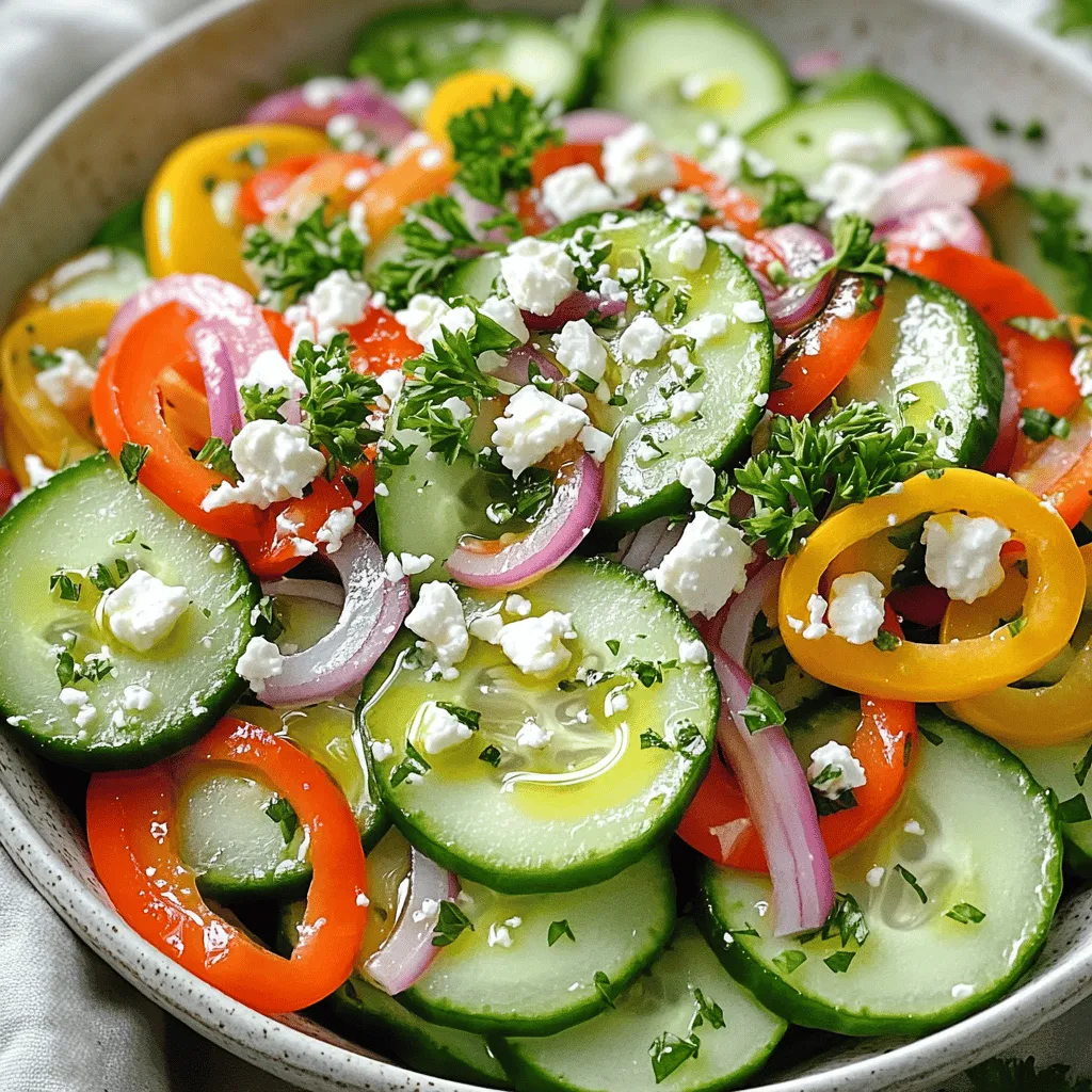 - 2 cups cucumber, thinly sliced - 1 cup sweet bell peppers (red, yellow, and orange), finely sliced - 1/2 red onion, thinly sliced - 1/4 cup fresh parsley, chopped - 1/4 cup feta cheese, crumbled (optional) This salad bursts with fresh flavors. The crisp cucumber adds a nice crunch. Sweet bell peppers bring a pop of color and flavor. I love using a mix of red, yellow, and orange peppers for a bright look. The red onion gives a sharp bite that balances the sweetness. Fresh parsley adds a touch of earthiness and green. Feta cheese is optional, but it adds a creamy texture. - 3 tablespoons olive oil - 2 tablespoons apple cider vinegar - 1 teaspoon honey - Salt and pepper to taste The dressing is simple yet tasty. Olive oil gives a rich base. Apple cider vinegar adds tanginess, brightening the flavors. Honey brings a hint of sweetness. I always use salt and pepper to enhance everything. Together, these ingredients create a dressing that ties the salad together beautifully. Washing and Slicing Vegetables First, wash the cucumbers and sweet bell peppers. Make sure you rinse them well to remove any dirt. Next, slice the cucumbers into thin rounds. This helps them stay crisp. Then, cut the sweet peppers into thin strips. Use red, yellow, and orange peppers for color and taste. Finally, slice the red onion thinly. This adds a nice bite to the salad. Mixing Salad Ingredients In a large mixing bowl, combine the sliced cucumbers, sweet peppers, and red onion. Toss them gently to mix. You want the colors and textures to blend well. Then, add the chopped parsley for freshness. If you like feta cheese, add the crumbled cheese now. It adds a creamy touch that many enjoy. Whisking the Dressing Components In a small bowl, whisk together the olive oil, apple cider vinegar, honey, salt, and pepper. Start with the olive oil, then add the vinegar and honey. This balance of flavors makes the dressing bright. Whisk until it is well combined. You want the dressing to be smooth and creamy. Tossing Ingredients with Dressing Pour the dressing over the salad mixture. Toss everything together gently. Make sure all the ingredients are coated with the dressing. This step is key for flavor. Finally, let the salad rest for about 10 minutes in the refrigerator. This helps the flavors meld together. Serve it cool for the best taste! Using fresh herbs can make this salad pop. I love adding basil or mint for a twist. These herbs add brightness and freshness. You can also mix in dill for a unique taste. Experiment until you find your favorite combo! If you want to skip the feta cheese, try avocado or nuts. Avocado gives a creamy texture, while nuts add crunch. Both options keep it tasty and satisfying. Presentation matters. Serve the salad in a large, shallow bowl. This helps show off the colorful veggies. For extra flair, sprinkle more parsley on top. You can also add edible flowers for a fun touch. These small details make the dish stand out. This salad is naturally gluten-free. You can enjoy it without worry. For vegan options, simply leave out the feta cheese. The salad still tastes great without it. Add extra veggies or chickpeas for more protein. This keeps your meal filling and healthy. {{image_2}} You can make this salad heartier by adding protein. Grilled chicken works great. Slice it thin and lay it on top. Another option is chickpeas. They add fiber and a nice crunch. Just rinse canned chickpeas and toss them in. You can use about one cup of either option for a filling meal. Seasonal vegetables can change the whole look and taste of your salad. In summer, try adding fresh corn or cherry tomatoes. They bring sweetness and color. In fall, consider diced apples or roasted squash. This keeps the salad fresh and fun all year round. The dressing can change the salad’s flavor. Try a zesty lemon vinaigrette for a bright taste. You could also add a dollop of yogurt for creaminess. If you want a kick, mix in some chili flakes. Explore different dressings to find your perfect match. Each adds a unique twist to this crisp salad. To keep your cucumber and sweet pepper salad fresh, store it in an airtight container. This helps to lock in flavors and prevent wilting. Place a paper towel inside the container to absorb excess moisture. This simple trick helps keep your salad crisp and vibrant. The salad stays fresh for about 2 to 3 days in the fridge. After that, the vegetables may lose their crunch. Always check for any signs of spoilage before eating. If it smells off or looks soggy, it’s best to toss it out. You should serve this salad cold for the best taste. It brings out the fresh flavors of the cucumber and peppers. If you prefer a warm salad, try lightly sautéing it in a pan for a minute or two. Just be careful not to overcook the vegetables. Warmed or cold, enjoy this salad as a vibrant side dish! Yes, you can prepare this salad ahead of time. It tastes better when the flavors mix. Just wait to add the dressing until you are ready to serve. This keeps everything crisp and fresh. You can store the salad in the fridge for up to 24 hours. You can add many other veggies to this salad. Try cherry tomatoes for a burst of sweetness. Shredded carrots add a nice crunch too. You might also like diced cucumbers for extra freshness. Feel free to mix and match your favorites! Yes, this salad is low in calories. Each serving has about 150 calories. This makes it a great choice for a light meal or side dish. The fresh veggies provide fiber and nutrients without adding too many calories. - Serving Size: 1 cup - Calories: 150 - Total Fat: 10g - Saturated Fat: 2g - Cholesterol: 5mg - Sodium: 250mg - Total Carbohydrates: 15g - Dietary Fiber: 3g - Sugars: 2g - Protein: 3g Enjoy this fresh and tasty dish while staying light on calories! This blog post covers the simple and fresh salad recipe you can make at home. We discussed the key ingredients, including cucumbers, bell peppers, and feta cheese. I walked you through preparation steps, dressing mix, and combining everything for a tasty dish. Remember, you can adjust the recipe with proteins, seasonal veggies, or vegan options. This salad keeps well in the fridge for a few days. Enjoy experimenting and personalizing your salad experience!