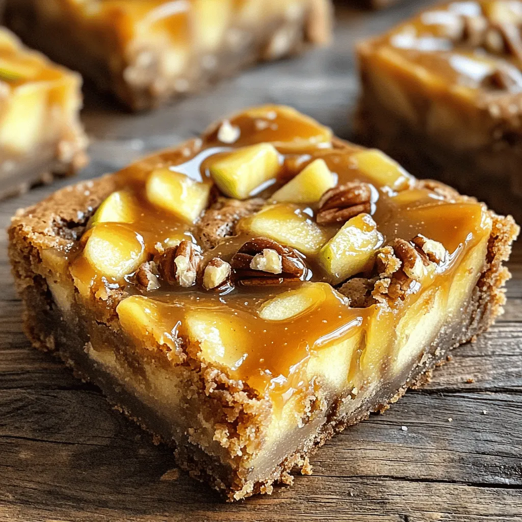 To create your delicious caramel apple blondies, gather the following ingredients: - 1 ½ cups all-purpose flour - 1 teaspoon baking powder - ½ teaspoon baking soda - ½ teaspoon salt - ½ cup unsalted butter, melted - 1 cup packed brown sugar - ½ cup granulated sugar - 2 large eggs - 1 teaspoon vanilla extract - 1 ½ cups diced apples (preferably Granny Smith) - ½ cup caramel sauce (store-bought or homemade) - ½ teaspoon ground cinnamon (optional) - Chopped pecans or walnuts for topping (optional) Feel free to personalize your blondies! You can add the ground cinnamon for a warm spice. Chopped nuts add a nice crunch on top. If you want a sweeter treat, drizzle more caramel sauce before serving. Each choice makes the blondies unique. Enjoy creating your own version! - Preheat your oven to 350°F (175°C). This ensures even baking. - Grease a 9x9 inch baking pan or line it with parchment paper. This helps with easy removal. - In a mixing bowl, whisk together the flour, baking powder, baking soda, salt, and optional cinnamon. Set this aside for later. - In a large bowl, combine the melted butter, brown sugar, and granulated sugar. Stir until it looks creamy and smooth. - Add the eggs one by one. Mix well after each egg. Then, stir in the vanilla extract until everything is well blended. - Gradually add the dry ingredients to the wet mix. Stir just until combined. Be careful not to overmix. - Fold in the diced apples and half of the caramel sauce. Make sure they spread nicely throughout the batter. - Pour the batter into the prepared pan. Smooth the top with a spatula. Drizzle the rest of the caramel sauce on top. - Bake in the preheated oven for 25 to 30 minutes. Check if a toothpick comes out clean from the center. - Let the blondies cool in the pan for about 15 minutes. Then, transfer them to a wire rack to cool completely. Cut into squares and enjoy! To make great apple blondies, avoid some common mistakes. - Overmixing the batter: Mix just until combined. Overmixing makes them tough. - Ignoring the oven temperature: Always preheat your oven. This helps the blondies bake evenly. - Not greasing the pan: Grease the pan or use parchment paper. This prevents sticking. For measuring ingredients, use these best practices: - Use a kitchen scale: This gives you the most accurate amounts. - Scoop and level flour: Don’t pack it down. This keeps your blondies light. - Measure brown sugar correctly: Pack it into the cup for proper sweetness. Try these ideas for toppings and sides: - Serve with ice cream: A scoop of vanilla ice cream pairs nicely. - Drizzle with extra caramel: This adds sweetness and richness. - Sprinkle with chopped nuts: Nuts add a nice crunch and flavor. To serve warm blondies, cut them into squares. Place on a plate and top with ice cream. Drizzle caramel over everything for a delicious treat. You can enhance your blondies in many ways: - Add nuts: Chopped pecans or walnuts add texture. - Mix in spices: Cinnamon or nutmeg adds warmth. - Try different apples: Use Honeycrisp or Fuji for a sweeter taste. For dietary needs, consider these alternatives: - Gluten-free option: Use a gluten-free flour blend. - Vegan option: Swap eggs for flaxseed meal and use vegan butter. These tips will make your apple blondies even better! {{image_2}} You can change the flavor of your apple blondies by using different apples. Granny Smith apples give a nice tartness, but you can also try Honeycrisp or Fuji for a sweeter taste. Each apple adds its unique twist. Adding seasonal fruits can also enhance the flavor. For fall, try adding cranberries. They pair well with apples and add a pop of color. You can mix in dried cranberries or fresh ones. This small change makes your blondies exciting and festive. To change the texture of your blondies, consider adding nuts. Chopped pecans or walnuts add a nice crunch. They also give a rich flavor that balances the sweetness of the blondies. You can also swap caramel for chocolate. Melted chocolate drizzled on top adds a creamy element. It creates a different but equally delicious treat. You can even mix in chocolate chips for an extra surprise. Transforming your blondies into a sundae is a fun idea. Just warm the blondies, then add a scoop of vanilla ice cream. Drizzle with caramel sauce and top with nuts. This makes for a delightful dessert. Pairing your blondies with other desserts works well, too. Serve them with a slice of pie or a small cake. This way, you can create a dessert platter that impresses your guests. The combinations are endless and each bite is a treat. To keep your blondies fresh, store them in an airtight container. Place them in the refrigerator if you want to keep them for up to a week. This helps prevent them from drying out. You can also layer them with parchment paper to stop sticking. If you want to save some for later, freezing is a great option. Wrap each blondie in plastic wrap, then place them in a freezer bag. They can last up to three months in the freezer. When you're ready to enjoy, just let them thaw in the fridge overnight. To warm up your blondies, use the oven. Preheat it to 350°F (175°C). Place the blondies on a baking sheet and cover them with foil. Heat for about 10-15 minutes. This keeps them soft and tasty. You can also use the microwave. Heat each blondie for about 10-15 seconds. Make sure to check so they don’t get too hot. Reheating this way may make them a bit softer, but the taste stays great. Enjoy your delicious blondies warm! Can I use different types of sugar? Yes, you can use other sugars. Brown sugar gives a rich flavor. White sugar adds sweetness. You can mix them for a balanced taste. Just remember, each sugar affects texture and moisture. How do I know when the blondies are done baking? Check for a toothpick test. Insert a toothpick in the center. If it comes out clean, they are done. The edges should look slightly golden. They will continue to cook a bit after you take them out. What to do if the blondies are too dry? If your blondies are dry, try adding a small amount of melted butter. You can also add a splash of milk. This will help restore some moisture. Next time, be careful not to overbake. How can I fix an over-mixed batter? If you over-mix your batter, the blondies may turn out dense. To fix this, fold in the dry ingredients gently. Mix just until combined. This keeps the blondies light and fluffy. Overview of calories and nutritional values Each blondie has about 200 calories. They contain fats from butter and sugar. They also provide some fiber from apples. Keep in mind that toppings can add more calories. Healthier ingredient swaps for a lighter option For a lighter version, you can swap out half the butter for applesauce. Use whole wheat flour instead of all-purpose flour. These changes keep the flavor but reduce calories. This blog post covered how to make delicious blondies step by step. You learned about the key ingredients, tips for success, and fun serving ideas. I hope you feel ready to bake your own blondies. Remember, you can personalize your recipe with unique flavors and toppings. Don't hesitate to experiment and enjoy the process. Baking should be fun, so keep trying new things! Enjoy your sweet treats and share with friends or family for extra joy.