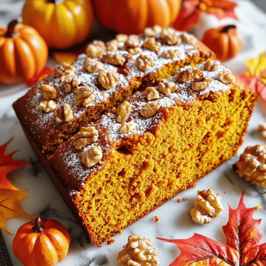To make Vanilla Pudding Pumpkin Bread, you will need: - 1 cup canned pumpkin puree - 1 package (3.4 oz) instant vanilla pudding mix - 2 cups all-purpose flour - 1 teaspoon baking soda - 1 teaspoon baking powder - 1 teaspoon ground cinnamon - 1/2 teaspoon ground nutmeg - 1/2 teaspoon salt - 1/2 cup vegetable oil - 1 cup granulated sugar - 3 large eggs - 1 teaspoon vanilla extract - 1/2 cup chopped walnuts or pecans (optional) If you want to swap out some ingredients, here are a few ideas: - Canned pumpkin puree: You can use homemade pumpkin puree if you have it. - Vegetable oil: You can replace it with melted coconut oil or applesauce for a lighter option. - Granulated sugar: Brown sugar works well for a richer taste. - Chopped walnuts or pecans: If you want a nut-free bread, you can leave them out. When making this bread, quality matters. Here are some tips: - Pumpkin puree: Choose a brand that has no added sugars or spices. Pure pumpkin is best. - Vanilla pudding mix: Look for instant mixes without artificial flavors for a richer taste. - Spices: Fresh ground spices give more flavor than pre-ground ones. Check the date on your spice jars. - Eggs: Use large, fresh eggs for the best rise and texture. Organic or free-range are great choices. Choosing the right ingredients will boost the flavor of your Vanilla Pudding Pumpkin Bread. It’s all about using fresh and quality items that make your baking shine! Start by preheating your oven to 350°F (175°C). This helps the bread bake evenly. Next, grease a 9x5 inch loaf pan. You can also line it with parchment paper. This makes it easy to take the bread out later. In a big mixing bowl, combine these wet ingredients: - 1 cup canned pumpkin puree - 1 package (3.4 oz) instant vanilla pudding mix - 1/2 cup vegetable oil - 1 cup granulated sugar - 3 large eggs - 1 teaspoon vanilla extract Blend them together until they look smooth and creamy. In another bowl, whisk these dry ingredients: - 2 cups all-purpose flour - 1 teaspoon baking soda - 1 teaspoon baking powder - 1 teaspoon ground cinnamon - 1/2 teaspoon ground nutmeg - 1/2 teaspoon salt Once mixed, gently fold the dry ingredients into the wet mix. Be careful not to overmix! If you like, you can add in 1/2 cup chopped walnuts or pecans for some crunch. Pour the batter into your loaf pan, smoothing the top with a spatula. Bake it in your preheated oven for 55-60 minutes. To check if it’s done, insert a toothpick into the center. If it comes out clean, your bread is ready! Let it cool in the pan for about 10 minutes. After that, move it to a wire rack to cool fully. Enjoy your tasty bread! To get the best texture for your vanilla pudding pumpkin bread, focus on mixing. Start by blending the wet ingredients well. Make sure the pumpkin puree, pudding mix, oil, sugar, and eggs combine into a smooth batter. Then, gently fold in the dry mix. Overmixing can make the bread dense. Aim for a light and fluffy bread. Many bakers make the same mistakes. One common error is not measuring ingredients correctly. This can change the bread's texture. Another mistake is opening the oven too soon. This cools the oven and can cause the bread to sink. Lastly, don’t skip the cooling time. Letting the bread cool helps it firm up and makes slicing easier. Serving your vanilla pudding pumpkin bread can be fun! Slice it warm or at room temperature. For a special touch, dust some powdered sugar on top. You can also add a dollop of whipped cream on the side. To make it look festive, arrange some decorative pumpkins or colorful fall leaves around the bread on the platter. This adds a seasonal flair that impresses your guests. {{image_2}} You can easily make this bread nut-free. Just skip the chopped walnuts or pecans. The bread will still taste great without them. If you want, add some extra chocolate chips for a sweet twist. This keeps the bread moist and adds a fun surprise in every bite. To boost the flavor, try adding more spices. You can mix in 1/2 teaspoon of ground ginger or allspice for a warm kick. If you like it spicy, add 1/4 teaspoon of cayenne pepper for a little heat. This will make your vanilla pudding pumpkin bread even more special. If you need a dairy-free version, swap the instant vanilla pudding mix with a dairy-free option. You can find vegan pudding mixes in stores. Use a dairy-free milk like almond or oat milk instead of regular milk. This keeps the bread soft and delicious while fitting your diet. Store your vanilla pudding pumpkin bread in an airtight container. This keeps it moist and fresh. You can also wrap it tightly in plastic wrap. If you plan to eat it soon, leave it at room temperature. For longer storage, put it in the fridge. To freeze your bread, let it cool completely. Then, slice it for easier serving later. Wrap each slice in plastic wrap. Place the wrapped slices in a freezer bag. Squeeze out any air before sealing. This method keeps the bread tasty for up to three months. When ready to eat, take out a slice. Let it thaw in the fridge overnight or on the counter for a few hours. To reheat, use a toaster oven or microwave. For a toaster oven, warm on low until heated through. If using a microwave, heat for about 10-15 seconds. Enjoy your bread warm for a cozy treat! Yes, you can use fresh pumpkin. Just make sure to cook it first. Roast your pumpkin until it is soft. Then, scoop out the flesh and mash it. Use the same amount as canned pumpkin in the recipe. Fresh pumpkin will give a nice taste and texture. Check the bread at 55 minutes. Insert a toothpick into the center. If it comes out clean, the bread is ready. If it has wet batter, bake for a few more minutes. The top should be golden brown. A good smell will fill your kitchen too. This bread is great on its own. For a treat, serve it with whipped cream. You can also pair it with a warm drink, like coffee or tea. Add a sprinkle of cinnamon on top for extra flavor. For a festive touch, place some fall leaves on the plate. To wrap up, we covered key ingredients, step-by-step instructions, and helpful tips for making vanilla pudding pumpkin bread. You now know ingredient options, how to mix and bake, and ways to make your bread shine. Remember, small changes can boost texture and taste. Store it right to keep it fresh. Experiment with variations to make it your own. With these tools, you can bake a delicious treat that everyone will love. Enjoy your baking adventure!