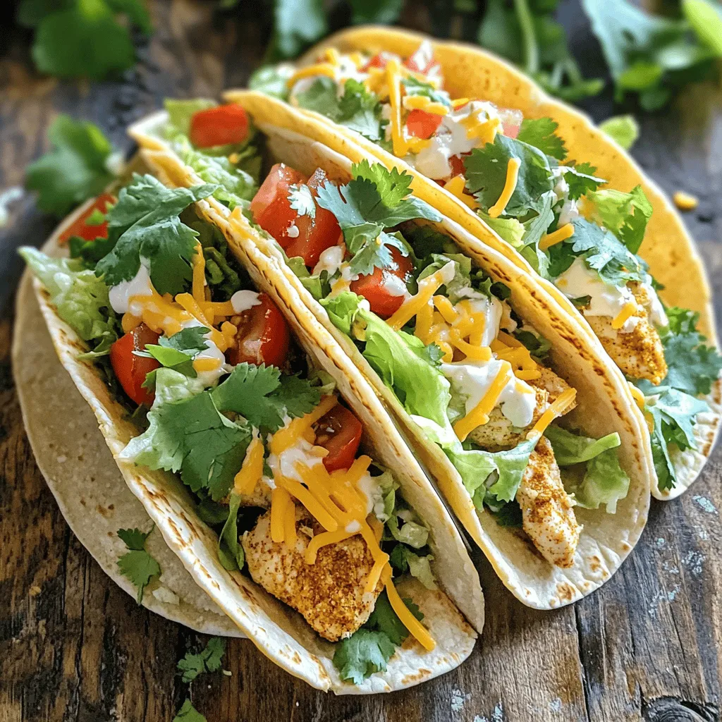 To make these tasty tacos, you will need: - 1 lb (450g) chicken breasts, diced - 1 tablespoon olive oil - 8 small corn or flour tortillas These basic ingredients form the heart of your dish. The chicken brings protein and texture, while the tortillas hold all the goodies together. For a bold taste, gather these spices: - 1 teaspoon chili powder - 1 teaspoon cumin - 1 teaspoon garlic powder - 1/2 teaspoon paprika - Salt and black pepper to taste This spice mix adds depth and warmth to your chicken. Each spice brings its unique flavor, making the tacos delicious. You can make your tacos even better with these toppings: - 1 cup shredded lettuce - 1 cup diced tomatoes - 1 cup shredded cheese (cheddar or a Mexican blend) - 1/2 cup sour cream (optional) - Fresh cilantro for garnish (optional) These toppings add crunch and freshness. They also brighten the dish, making each bite a treat. Feel free to mix and match your favorites! Start by preheating your oven to 400°F (200°C). This heat is key for crispy chicken. Next, line a baking sheet with parchment paper. This paper keeps the chicken from sticking and makes cleanup easy. In a large bowl, combine 1 pound of diced chicken breasts with 1 tablespoon of olive oil. Add 1 teaspoon each of chili powder, cumin, and garlic powder. Mix in 1/2 teaspoon of paprika, along with salt and black pepper to taste. Make sure the chicken is well-coated in the spices. Spread the chicken evenly on the baking sheet. Bake it for 15 to 20 minutes. You want the chicken to be cooked through and crispy on the edges. While the chicken bakes, wrap 8 small corn or flour tortillas in foil. Place them in the oven for the last 5 to 7 minutes. This warms them up nicely. Once the chicken is done, take it out and let it rest for a few minutes. Now, it’s time to assemble your tacos! Grab a warm tortilla and fill it with crispy chicken. Top each taco with shredded lettuce, diced tomatoes, and shredded cheese. A dollop of sour cream adds creaminess. Finish with fresh cilantro if you like. Enjoy your crunchy, flavorful tacos right away! For crispy chicken, start with dry pieces. Pat the chicken with paper towels to remove moisture. This step helps the chicken crisp up nicely in the oven. Use olive oil to coat the chicken evenly. This oil adds flavor and helps in browning. Spread the chicken in a single layer on the baking sheet. If the pieces touch, they won’t get crispy. Bake at 400°F (200°C). This high heat cooks the chicken quickly and gives it a nice crunch. Choosing the right tortilla can change your taco game. Corn tortillas have a strong flavor and hold up well. They add a nice crunch when baked. Flour tortillas are soft and chewy. They are great for folding but may not get as crispy. If you want a classic taste, go for corn. If you prefer a softer bite, use flour. Both work well with the crispy chicken, so pick what you love! Want to jazz up your tacos? Add more spices! Try cayenne pepper for heat or oregano for earthiness. A squeeze of lime juice adds freshness. You can also mix in some smoked paprika for a deeper flavor. Experimenting with spices keeps things fun and exciting. Don’t be afraid to make these tacos your own! {{image_2}} If you want a twist, try different proteins. Ground turkey or beef works well. You can also use shrimp or fish for a lighter option. For a smoky flavor, try pulled pork. Just season it the same way as the chicken. Each meat brings a unique taste and texture. You can easily make these tacos meat-free. Use black beans or lentils as the base. Roasted vegetables like bell peppers and zucchini add great flavor. You can also use tofu or tempeh. Just season them like the chicken for a tasty alternative. These options are healthy and full of nutrients. Toppings make your tacos pop! Try diced avocados for creaminess. Pickled onions add a zing. You can also use fresh jalapeños for heat. For salsa, mix diced tomatoes, onions, and cilantro. A squeeze of lime brightens the flavor. Don’t forget about guacamole or mango salsa for a sweet touch. The right toppings can transform your meal! To keep your chicken tacos fresh, store them in an airtight container. Place any leftover chicken, lettuce, and toppings separately. This prevents sogginess and keeps flavors bright. You can keep them in the fridge for up to three days. When reheating, aim for that crispy texture. Preheat your oven to 375°F (190°C). Place the tacos on a baking sheet. Bake for about 10 minutes. This method helps maintain their crunch. Avoid using the microwave, as it can make them soggy. Freezing is great for meal prep. First, let the cooked chicken cool completely. Then, place it in a freezer-safe bag. Remove as much air as possible before sealing. You can freeze the chicken for up to three months. For best results, freeze tortillas and toppings separately. When you’re ready, thaw the chicken in the fridge overnight and follow the reheating tips. Enjoy a quick meal later! You can add heat in a few simple ways. Use more chili powder in your spice mix. Try adding diced jalapeños for fresh heat. You can also drizzle hot sauce on top of the tacos before serving. Some people like to add a pinch of cayenne pepper too. This will give the dish a nice kick. Taste as you go to find your perfect level of spice. Yes, you can use frozen chicken. Just make sure to thaw it first. You can do this overnight in the fridge. If you're in a hurry, use the microwave. After thawing, dice the chicken and follow the recipe. Keep in mind that cooking time may change slightly. Make sure the chicken reaches 165°F (75°C) for safety. Soggy tortillas can ruin your tacos. To keep them crisp, warm the tortillas in foil. Place them in the oven for the last few minutes of chicken baking. This helps them stay soft but not soggy. You can also brush them lightly with oil before adding the filling. This adds flavor and keeps them crunchy. You learned how to make Minute Baked Crispy Chicken Tacos, from ingredients to cooking tips. I shared ways to make them tasty with spices and toppings. You also explored options, like using other proteins or veggies. Finally, we discussed storage and reheating to keep them crispy. Try these tacos next time for a quick meal that hits the spot. Enjoy cooking and experimenting with flavors!