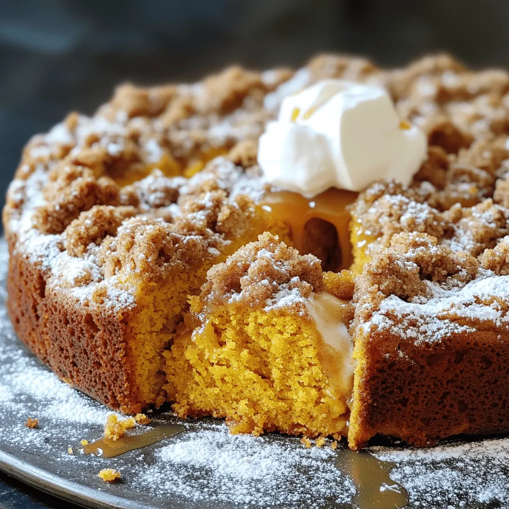 For this Pumpkin Streusel Coffee Cake, you'll need: - 1 cup canned pumpkin puree - 1 cup granulated sugar - 1/2 cup brown sugar, packed - 1/2 cup vegetable oil - 3 large eggs - 1 teaspoon vanilla extract - 2 cups all-purpose flour - 2 teaspoons baking powder - 1 teaspoon baking soda - 1 teaspoon ground cinnamon - 1/2 teaspoon ground nutmeg - 1/2 teaspoon salt These ingredients work together to create a moist and flavorful cake. The pumpkin adds a rich taste and helps keep the cake soft. You can add a bit of crunch and flavor with these optional ingredients: - 1/2 cup chopped walnuts or pecans Adding nuts gives the cake a nice texture and taste. You can skip them if you prefer a nut-free option. The streusel topping adds a sweet crunch. For it, you will need: - 1/2 cup all-purpose flour - 1/3 cup brown sugar, packed - 1/2 teaspoon ground cinnamon - 1/4 cup cold butter, cubed This topping contrasts with the soft cake beneath. It makes each bite even better! Mixing these ingredients creates a crumbly topping that will bake up crispy and delicious. Start by preheating your oven to 350°F (175°C). This step is key for even baking. I like to grease a 9x13 inch baking pan or line it with parchment paper. This makes it easy to lift the cake out later. In a large bowl, mix together the pumpkin puree, granulated sugar, brown sugar, vegetable oil, eggs, and vanilla extract. Stir well until everything blends. In another bowl, whisk the flour, baking powder, baking soda, cinnamon, nutmeg, and salt together. Gradually add the dry mix to the pumpkin mix. Stir just until combined; don’t over-mix. If you want, fold in the chopped walnuts or pecans for some crunch. In a small bowl, mix the flour, brown sugar, and cinnamon for the streusel. Then, add the cold, cubed butter. Use your fingers or a pastry cutter to combine until it looks crumbly. This crumbly mix adds a sweet crunch on top of the cake. To get the best texture, use canned pumpkin puree. It is smooth and easy to mix. Mix the wet and dry ingredients gently. Over-mixing can make the cake tough. You want it soft and fluffy. Let the batter rest for a few minutes. This helps it rise well during baking. After you enjoy the cake, let it cool completely. Then, wrap it tightly in plastic wrap. You can also place it in an airtight container. Store it at room temperature for up to three days. For longer storage, keep it in the fridge for up to a week. One mistake is not measuring ingredients correctly. Use dry measuring cups for flour and sugar. Another error is skipping the streusel topping. It adds crunch and flavor. Lastly, don’t skip cooling the cake before slicing. This keeps the slices neat and pretty. {{image_2}} If you want a nut-free coffee cake, just skip the nuts. The cake will still taste great! You can add extra spices for more flavor. Try adding a bit more cinnamon or nutmeg. This gives the cake warmth without the nuts. You can make this cake gluten-free by using gluten-free flour. Just swap the all-purpose flour with a good gluten-free blend. Look for one that has xanthan gum. This helps the cake rise and keeps it from being crumbly. Your coffee cake will still be soft and yummy! Want to mix things up? Add some chocolate chips or dried fruit like raisins or cranberries. You can also stir in a teaspoon of ginger for a spicy kick. If you love maple, try maple syrup instead of some sugar. Each of these changes makes the cake unique and fun! To keep your Pumpkin Streusel Coffee Cake fresh, store it in an airtight container. Place it at room temperature for up to three days. If you want to keep it longer, refrigeration is a good option. Just remember to wrap it well with plastic wrap or foil. You can freeze this coffee cake for up to three months. First, let it cool completely. Then, cut it into slices. Wrap each slice in plastic wrap. After that, place the wrapped slices in a freezer bag. Squeeze out any air before sealing. Label the bag with the date for easy tracking. To enjoy your coffee cake warm, preheat your oven to 350°F (175°C). Place the slices on a baking sheet. Heat them for about 10 to 15 minutes. You can also use the microwave for quick reheating. Just warm a slice for 15 to 20 seconds. Enjoy the soft, warm cake with a cup of coffee! Yes, you can use fresh pumpkin. Just cook it until soft. After cooking, scoop out the flesh and mash it. Make sure to drain any excess water. Fresh pumpkin can add a nice flavor, but it may change the texture slightly. If you have fresh pumpkin, go for it! Pumpkin Streusel Coffee Cake lasts about three days at room temperature. Store it in an airtight container. If you want it to last longer, keep it in the fridge for up to a week. You can also freeze it for up to three months. Just wrap it well before freezing. This cake pairs well with many tasty treats. Try serving it with whipped cream or vanilla ice cream for a sweet touch. A drizzle of caramel sauce adds extra flavor. You can also enjoy it with a hot cup of coffee or tea. These drinks enhance the warm spices in the cake. You now have all the tools to make a great Pumpkin Streusel Coffee Cake. We covered the key ingredients, simple steps, and helpful tips. I shared tasty variations and storage tips, too. Remember, this coffee cake is not just a treat; it’s a chance to bond with family over warm bites and rich flavors. Enjoy each slice, and don’t be afraid to try your own twists. Now, get baking and make this cake your own!