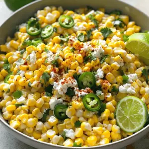 To make a tasty Mexican street corn salad, you need fresh, vibrant ingredients. Here is what you will need: - 4 ears of fresh corn, husked - 1/2 cup mayonnaise - 1/4 cup sour cream - 1 cup feta cheese, crumbled (or cotija cheese for a more authentic touch) - 1/4 cup fresh cilantro, chopped - 1 jalapeño, finely chopped (remove the seeds for less heat) - 1 teaspoon chili powder - 1 tablespoon lime juice (freshly squeezed) - Salt and pepper to taste These ingredients add flavor and texture to your salad, making it a true delight. You can play with the recipe by adding some optional ingredients. Here are some ideas: - Extra lime wedges for garnish - Avocado for creaminess - Black beans for protein - Cherry tomatoes for a pop of color - Red onion for a sharp bite Feel free to mix and match! You can make this salad your own with these additions. To prepare this salad, you will need a few basic tools: - Grill for charring the corn - Large mixing bowl for combining ingredients - Sharp knife for cutting corn kernels - Smaller bowl for mixing the dressing - Serving dish or cups for presentation Having the right tools helps you whip up this dish quickly and easily! Start by preheating your grill to medium-high heat. Place the fresh corn cobs on the grill. Grill them for about 10 to 12 minutes. Turn the corn often. You want every side to get a nice char. This charring adds great flavor. Once done, take the corn off the grill and let it cool for a bit. After the corn cools, stand it upright on a cutting board. Use a sharp knife to slice down. Cut the kernels off the cob into a large mixing bowl. Be careful! The kernels can fly everywhere. It helps to angle the knife slightly. This keeps the mess to a minimum. In a separate bowl, combine a half cup of mayonnaise and a quarter cup of sour cream. Add one cup of crumbled feta cheese or cotija cheese for authenticity. Then, mix in a quarter cup of chopped cilantro and a finely chopped jalapeño. Don’t forget to add one teaspoon of chili powder, one tablespoon of lime juice, and salt and pepper to taste. Stir until everything is well mixed. Now, pour your dressing over the grilled corn in the mixing bowl. Toss the corn gently. Make sure every kernel is coated with the creamy mixture. This step is key for great flavor. Let your salad sit in the fridge for at least 20 minutes. This chilling time allows the flavors to blend. Before serving, give it a gentle stir to mix everything again. When ready to serve, place the salad in a large bowl or individual cups. For a fresh touch, garnish with more cilantro and lime wedges. These extras add color and brightness to the dish. Enjoy your vibrant and tasty Mexican street corn salad! To make the best Mexican street corn salad, start with fresh corn. Look for ears that have bright green husks and plump kernels. The corn should feel firm and heavy for its size. When you peel back the husk, check for tight, shiny kernels. If they look dry or shriveled, skip that ear. Sweet corn is best for this dish, giving a nice balance to the rich flavors. Creaminess is key in this salad. To achieve this, use a mix of mayonnaise and sour cream. This combo adds rich flavor and a smooth texture. You can also use more or less depending on your taste. If you want it creamier, add more mayonnaise. If you prefer a lighter dish, use more sour cream. The feta cheese adds nice chunks of creaminess too. Spice can make or break your salad. If you like heat, add more jalapeño. Remove the seeds for less heat. You can also add more chili powder for an extra kick. For milder spice, consider using a bell pepper instead. Always taste your salad before serving. Adjust salt and pepper to get the flavors just right. If it’s too spicy, a squeeze of lime can help tone it down. {{image_2}} To make a vegan version of this salad, swap out the mayonnaise and sour cream. Use a mix of cashew cream and plant-based yogurt instead. You can also try tahini for a nutty flavor. Choose vegan cheese or skip the cheese for a lighter taste. These swaps keep it creamy and delicious while being dairy-free. You can use different cheeses to change the flavor. Cotija cheese is traditional, but feta works great too. If you want a creamier texture, try goat cheese. For a milder taste, use mozzarella. Each cheese brings its own twist to the salad. Choose what you love or what you have on hand. Feel free to add more veggies to your salad. Diced bell peppers add crunch and color. Chopped red onions give a sharp bite. You can also mix in black beans for protein. Grilled zucchini or corn adds a smoky note. These additions make the salad heartier and even more satisfying. To store leftover Mexican street corn salad, transfer it to an airtight container. Make sure to seal it tightly. This keeps the flavors fresh and prevents drying out. You can also cover it with plastic wrap if you don't have a container. The salad lasts about 3 to 5 days in the refrigerator. If you notice any change in smell or color, it’s best to toss it. The flavors may change over time, so try to eat it sooner rather than later for the best taste. Freezing this salad is not recommended. The creamy dressing and fresh veggies do not freeze well. When thawed, the texture may become mushy. If you want to prep ahead, consider grilling and cutting the corn, then freeze the kernels. Mix the other ingredients fresh later. Yes, you can use frozen corn. It saves time and is easy to find. Just thaw it before mixing. Frozen corn has a sweet flavor that works well in this salad. You can use Greek yogurt or avocado instead of mayonnaise. Both add creaminess without eggs. Greek yogurt brings a slight tang, while avocado adds richness. You can keep the salad in the fridge for 3 to 5 days. Store it in a tight container. The flavors will blend as it sits, making it even better. Yes! You can make the salad a day ahead. Just mix it and store it in the fridge. This helps the flavors to blend well. You can make it without grilling. Use cooked corn from a can or frozen corn. Just make sure to drain it well. The salad will still taste great. This blog post covered how to make a tasty Mexican Street Corn Salad. We discussed fresh and optional ingredients, the tools you need, and each step to create the salad. You now know how to customize it and store leftovers. In summary, this salad is easy and fun to make. With these tips, you can impress friends and family. Enjoy your cooking adventure!