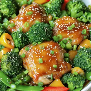 - 4 boneless, skinless chicken thighs - 1 cup broccoli florets - 1 red bell pepper, sliced - 1 cup snap peas - 4 cloves garlic, minced - 1/4 cup honey - 2 tablespoons soy sauce (low sodium) - 1 tablespoon rice vinegar - 1 tablespoon olive oil - 1 teaspoon sesame oil - Crushed red pepper flakes (optional) - Salt and pepper to taste - Chopped green onions and sesame seeds for garnish The main ingredients in this dish are simple yet flavorful. I love using chicken thighs because they stay juicy. Broccoli, red bell pepper, and snap peas add color and crunch. Each veggie brings its own taste to the mix. For the honey garlic sauce, I like to keep it easy. Four cloves of minced garlic add great flavor. Honey gives the sauce sweetness. Low sodium soy sauce adds saltiness without being too strong. Rice vinegar adds a bit of tang. Make sure to have the cooking essentials ready. Olive oil and sesame oil help cook the chicken and veggies. You can adjust the heat with crushed red pepper flakes if you like spice. Don't forget salt and pepper to bring out the flavors. Finally, chopped green onions and sesame seeds make a lovely garnish. This dish comes together quickly. You will enjoy the mix of tastes and colors on your plate! To start, mix the honey, soy sauce, rice vinegar, minced garlic, and crushed red pepper flakes in a small bowl. This sauce adds a sweet and savory flavor to the chicken. Set it aside to let the flavors blend. Next, heat the olive oil and sesame oil in a large skillet over medium-high heat. Season the chicken thighs with salt and pepper on both sides. Once the oil is hot, add the chicken to the pan. Cook each side for about 6-7 minutes until golden brown and fully cooked. The chicken should reach an internal temperature of 165°F. After the chicken is done, remove it from the pan and set it aside on a plate. In the same pan, add the broccoli, red bell pepper, and snap peas. Sauté these for about 4-5 minutes. You want them to be tender-crisp, keeping their bright colors and nutrients. Now, pour the honey garlic sauce over the sautéed vegetables. Stir it all together to coat the veggies well. Let the sauce simmer for 2-3 minutes. This step will thicken the sauce just right. After that, return the cooked chicken to the pan, making sure it gets coated in the sauce and mixed with the veggies. Finally, heat everything together for another 2 minutes to warm it through. Remove the skillet from the heat. For a nice touch, garnish your dish with chopped green onions and sesame seeds. This adds a bit of crunch and color to your meal. For this dish, choose boneless, skinless chicken thighs. They have great flavor and stay juicy. Chicken thighs cook up tender and are hard to overcook. This makes them perfect for one-pan meals. You also save time with no bones to deal with. You can swap or add veggies to fit your taste. Try carrots for a sweet crunch. Zucchini or asparagus work well too. If you want, add mushrooms for a rich flavor. Just keep the cooking time in mind. Some veggies cook faster than others. You can tweak the honey garlic sauce to suit your taste. If you like it sweeter, add more honey. For more salt, add a little more soy sauce. Want some heat? Toss in more crushed red pepper flakes. Taste as you go to find your perfect mix. {{image_2}} You can easily add rice for a full meal. Start by cooking 1 cup of rice in a separate pot. Use chicken broth for extra flavor. Once the rice is ready, set it aside. After you sauté the veggies, add the rice to the pan. Toss everything together with the honey garlic sauce. This will coat the rice in sweet and savory flavors. It makes the dish more filling and satisfying. Adding more veggies makes this dish even better. Try using sliced carrots, asparagus, or zucchini. Cut them into bite-sized pieces to help them cook evenly. You can add these veggies right after you cook the chicken. Sauté them with the other vegetables. This way, they stay crisp and colorful. The extra veggies give you more nutrients and great taste. If you need a gluten-free option, it’s simple. Just swap out soy sauce for tamari or coconut aminos. Both options taste great and keep the dish flavorful. Be sure to check labels, as some brands might have different ingredients. This change allows everyone to enjoy the honey garlic chicken without worry. To store leftovers, let the dish cool to room temperature. Place the chicken and veggies in an airtight container. This keeps your meal fresh. It can last in the fridge for up to three days. When you want to eat it again, check for any off smells or changes in color before reheating. If you want to save it longer, freezing works great. First, let the dish cool down. Then, use freezer-safe containers or bags. Make sure to remove as much air as possible to prevent freezer burn. It can last in the freezer for up to three months. When you're ready to eat, thaw it in the fridge overnight before reheating. To reheat, use a microwave or stovetop. For the microwave, place the chicken and veggies in a bowl. Cover it with a damp paper towel to keep moisture in. Heat for 1 to 2 minutes, checking often. If using a stovetop, add a splash of water in a pan. Heat on low until warmed through. This method helps keep the chicken tender and juicy. It takes about 10 minutes to prep and 20 minutes to cook. This gives you a total of 30 minutes for a tasty meal. You can enjoy a full dinner fast! Yes, you can use chicken breasts. They will taste lighter and have a firmer texture. Chicken thighs are juicier and more tender. I prefer thighs for this dish, but breasts work too! If you lack honey, you can use maple syrup or agave nectar. Both options provide sweetness and work well in the sauce. You can also try brown sugar mixed with water. Yes, this dish is great for meal prep! Store leftovers in the fridge for up to four days. To reheat, simply warm it in the microwave or on the stove. It keeps well and tastes just as good! This dish of One Pan Honey Garlic Chicken is simple and tasty. You learned about the key ingredients like chicken thighs, fresh veggies, and a sweet sauce. I shared steps to cook it all in one pan, making cleanup easy. Remember, you can swap veggies and adjust flavors to suit your taste. In the end, this recipe offers a healthy meal that’s quick to make. Try it for your next dinner. You’ll love how good it tastes and how easy it is!