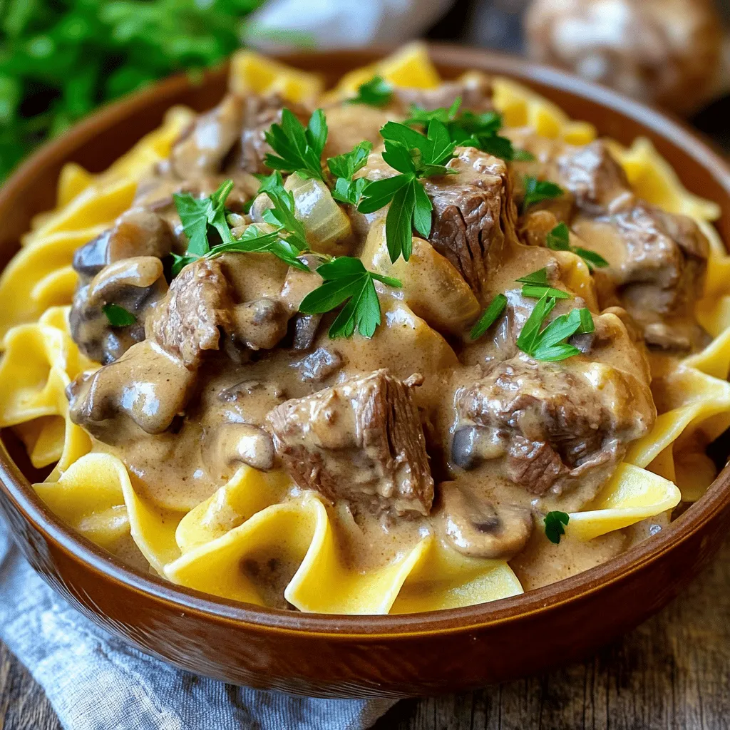 For a delicious beef stroganoff, you need these key items: - 2 pounds beef chuck roast, cut into bite-sized pieces - 1 medium onion, chopped - 3 cloves garlic, minced - 8 ounces mushrooms, sliced - 2 cups beef broth - 1 tablespoon Worcestershire sauce - 1 teaspoon Dijon mustard - 1 teaspoon paprika - 1 teaspoon dried thyme - Salt and pepper to taste - 1 cup sour cream - 3 tablespoons all-purpose flour - Fresh parsley, chopped (for garnish) - Egg noodles or rice (for serving) Each ingredient adds depth to the dish. The beef chuck roast gives a rich flavor. The onions and garlic provide a nice base. Mushrooms add earthiness. The broth and seasonings create a savory sauce. Want to enhance your beef stroganoff? Consider adding these optional ingredients: - 1 tablespoon soy sauce for extra umami - 1 cup red wine for depth - 1 tablespoon lemon juice for brightness - Fresh herbs like dill or chives for a fresh touch These ingredients can elevate the taste. Try them based on your preference. Do you need to swap ingredients? Here are some ideas: - Use stew meat instead of beef chuck if you prefer. - Replace sour cream with Greek yogurt for a lighter option. - If you lack beef broth, try chicken broth instead. - For a gluten-free option, use cornstarch instead of flour. These substitutions can help you work with what you have. Don't hesitate to get creative! For the complete recipe, check the Full Recipe. First, gather all your ingredients. You will need 2 pounds of beef chuck roast, chopped onion, minced garlic, and sliced mushrooms. This mix forms the base of your dish. In a large slow cooker, combine the beef, onion, garlic, and mushrooms. Stir them together to mix well. Next, take a separate bowl. Whisk together 2 cups of beef broth, 1 tablespoon of Worcestershire sauce, 1 teaspoon of Dijon mustard, 1 teaspoon of paprika, and 1 teaspoon of dried thyme. Add salt and pepper as you like. This mixture adds great flavor. Pour it over the beef and vegetables in the slow cooker. Cover the slow cooker with its lid. Set it to low for 7-8 hours or high for 4-5 hours. This slow cooking makes the beef very tender. While it cooks, enjoy the wonderful smells that fill your kitchen. About 30 minutes before serving, mix 1 cup of sour cream with 3 tablespoons of flour in a small bowl until smooth. This will help thicken your sauce. Stir this mixture into the slow cooker. Let it cook for the remaining time, ensuring everything blends well. While your beef stroganoff thickens, bring a pot of salted water to boil. Cook your egg noodles according to the package directions until they are al dente. Once cooked, drain the noodles and set them aside. When the beef stroganoff is ready, serve it over the cooked egg noodles or rice. To make it look nice, garnish with chopped fresh parsley. This adds a pop of color and flavor to your dish. Enjoy your meal! For the full recipe, check out the details above. To get tender beef, choose the right cut. I recommend beef chuck roast. It's perfect for slow cooking. Cut the beef into bite-sized pieces. This helps it cook evenly. Brown the beef in a skillet first for flavor. Searing adds depth to your dish. Allow the beef to cook low and slow. This makes it fall-apart tender after hours in the slow cooker. A rich sauce makes beef stroganoff special. To thicken the sauce, mix sour cream with flour. Do this about 30 minutes before serving. Stir this mix into the slow cooker. Let it cook for the last half-hour. This gives you a creamy and smooth sauce. If it's still too thin, let it cook a bit longer. You want that perfect, hearty texture. Serve your beef stroganoff over egg noodles or rice. Both are great options! You can also pair it with a side salad. A fresh green salad brightens the meal. Consider adding crusty bread to soak up the sauce. For a pop of color, garnish with fresh parsley. This adds a nice touch and flavor. Enjoy your delicious meal! You can find the full recipe in the earlier sections. {{image_2}} If you dislike mushrooms, you can still enjoy beef stroganoff. Simply skip the mushrooms and add extra onions or bell peppers. These will add flavor and texture to your dish. You can also toss in some carrots for a sweet touch. This keeps the dish hearty without the mushrooms. For a lighter version, swap the sour cream for Greek yogurt. It gives a similar taste but with fewer calories. You can use lean cuts of beef, like sirloin, instead of chuck roast. Also, consider using whole grain noodles or brown rice for added nutrition. These changes make the dish lighter without losing flavor. To make a vegetarian version, replace beef with mushrooms or a plant-based meat substitute. Use vegetable broth instead of beef broth. To keep it creamy, use coconut milk or cashew cream instead of sour cream. This way, you still get a rich and satisfying meal without any meat. You can enjoy a comforting bowl of stroganoff that fits your diet. For the full recipe, check out the details above. To store leftover beef stroganoff, let it cool first. Place it in an airtight container. You can keep it in the fridge for about three to four days. This helps keep the flavors fresh. When reheating, use a pot on the stove for the best taste. Add a splash of beef broth to keep it moist. Stir it gently over low heat until warm. You can also use a microwave. Heat it in short bursts, stirring in between. This keeps the beef tender and the sauce smooth. For longer storage, you can freeze the beef stroganoff. Use a freezer-safe container, leaving space for expansion. It stays good for about three months. Thaw it in the fridge before reheating. This way, you can enjoy a warm, comforting meal later on. For the full recipe, check out the main article! The best cut of beef for stroganoff is beef chuck roast. It has good fat and flavor. This cut cooks slowly, making it tender and juicy. Other options include sirloin or tenderloin. However, they can be more expensive. For a budget-friendly meal, stick with chuck roast. Yes, you can use fresh herbs instead of dried. Fresh herbs add bright flavor to your dish. Use about three times more fresh herbs than dried ones. For example, if the recipe calls for one teaspoon of dried thyme, use three teaspoons of fresh thyme. Fresh herbs should be added toward the end of cooking to keep their flavor. You can make stroganoff without cream by using Greek yogurt or cashew cream. Greek yogurt gives a creamy texture without the fat. Stir it in at the end of cooking. If you want a nut-free option, blend soaked cashews with water for a smooth texture. Both options keep the dish rich and tasty. Yes, you can prepare this recipe in advance. You can chop the veggies and beef the night before. Store them in the fridge until you're ready to cook. You can also make the entire dish ahead of time. Just reheat it on the stove or in the microwave. This makes dinner easy and stress-free on busy days. For the full recipe, refer back to the earlier section. In this blog post, we explored the rich world of slow cooker beef stroganoff. We discussed key ingredients, cooking methods, and best practices. You learned about tips for tender beef and how to thicken the sauce. We also shared variations and storage tips for your leftovers. Slow cooker beef stroganoff is easy and fun to make. It’s great for meals or gatherings. With these steps and ideas, you can enjoy a hearty dish anytime. Now, it’s time to create your own version of this classic recipe.