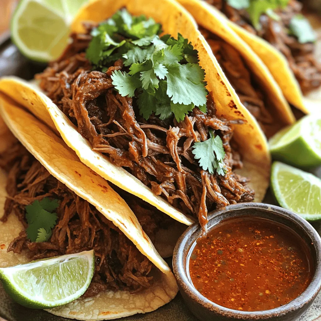 - 2 lbs beef chuck roast, cut into chunks - 3 dried guajillo chilies, stems and seeds removed - 2 dried ancho chilies, stems and seeds removed - 1 large onion, quartered - 4 garlic cloves, minced - 1 tsp ground cumin - 1 tsp ground oregano - 1 tsp smoked paprika - 2 cups beef broth - 1 tbsp apple cider vinegar - Salt and pepper to taste The main ingredient for Crockpot Birria Tacos is beef chuck roast. This cut is juicy and full of flavor. The dried chilies add heat and depth. Guajillo and ancho chilies are the stars here. They make a rich chili paste that brings the dish to life. Next, we have aromatics. Onion and garlic create a strong base for the flavors. The spices like cumin, oregano, and smoked paprika enhance the taste. Don't forget the beef broth; it keeps everything moist and adds richness. - Fresh cilantro, chopped (for garnish) - Lime wedges (for serving) - Corn tortillas for serving For garnishes, fresh cilantro is a must. It adds a bright touch to each taco. Lime wedges bring a zesty kick that balances the rich beef. Corn tortillas are the perfect vessel for holding the filling. They soak up the juices and keep every bite tasty. Together, these garnishes elevate your tacos to the next level. Enjoy dipping them in the flavorful broth too! To start, we need to get those dried chilies ready. Take the guajillo and ancho chilies and place them in a bowl. Cover them with hot water. Let them soak for about 15 to 20 minutes. This helps soften them. Once the chilies are soft, it’s time to blend them. In a blender, mix the softened chilies, minced garlic, ground cumin, oregano, smoked paprika, and apple cider vinegar. Add a small pinch of salt. Blend until smooth. If it’s too thick, add a bit of water to help. Now, let’s move to the crockpot. Arrange the chunks of beef chuck roast at the bottom. Pour the chili paste you just made over the beef. Add the quartered onion and beef broth next. Season with extra salt and pepper to your taste. Give everything a gentle stir to combine it well. Cover your crockpot and set it to cook. If you have time, cook it on low for 8 hours. If you’re in a hurry, high for about 4 hours works too. The beef should be tender and shred easily when it’s done. Once the meat is ready, carefully take it out of the crockpot. Use a slotted spoon to remove the beef. Shred it with two forks and put it back into the pot. Mix it with the juices to keep it moist. Next, heat some corn tortillas on a skillet until warm. Fill each tortilla with a generous serving of the birria mixture. Top it off with chopped cilantro and serve with lime wedges on the side. Optional: For a fun twist, you can strain the broth and serve it in small bowls as a dipping sauce for your tacos. Enjoy! To get the best flavor, adjust your seasoning. I often taste the beef broth before adding it. You might want more salt or pepper. This step helps bring out the rich taste of the beef. Enhancing the chili paste is key too. You can add more spices depending on your taste. A pinch of cayenne pepper can give it a kick. If you prefer mild, just stick to the original recipe. When cooking, you can choose low or high settings. I recommend using low for eight hours. This gives the beef time to become very tender. If you're short on time, high for four hours works too. Just check that the beef shreds easily. Using broth instead of water makes a big difference. It adds depth and richness to the dish. I always use beef broth for this recipe, as it brings out the beef flavor. For sides, I suggest rice or refried beans. They pair well with Birria Tacos. You can also serve a fresh salad for some crunch. When it comes to the dipping sauce, serve it in small bowls alongside the tacos. This lets everyone dip their tacos as they wish. It adds fun and flavor to the meal. {{image_2}} You can switch up the meat in your birria tacos. Pork or chicken works well. For a lighter option, try mushrooms or jackfruit. These alternatives soak up all the tasty flavors. They also give a nice twist to the dish. Want to spice things up? Add more herbs or spices to your chili paste. You can also use different chilies. For example, try using chipotle or pasilla chilies for a smoky taste. This will give your tacos a unique flavor. Each choice adds a new layer of taste to your dish. When it comes to tacos, tortillas matter. You can use flour instead of corn tortillas. Flour tortillas are soft and chewy, making them a great choice. For toppings, think outside the box! Add cheese, avocado, or even pickled onions. Each topping brings new flavors and textures. Enjoy discovering your favorite combinations! To keep your beef Birria fresh, store it in an airtight container. This helps avoid spoilage. You can store it in the fridge for up to four days. For the best flavor, keep the birria and tortillas separate. Wrap the tortillas in foil or plastic wrap. This way, they stay soft and don’t get soggy. When it's time to enjoy your leftovers, there are simple ways to reheat the birria. You can use the stovetop or microwave. For the stovetop, heat the birria in a pan over low heat. Stir often to heat it evenly. If using a microwave, place the birria in a bowl and cover it. Heat in short bursts, stirring in between. To keep the tortillas fresh, warm them on a skillet. Heat them for about 30 seconds on each side. This helps them stay soft and tasty when you fill them with birria. Freezing is a great way to save birria for future meals. Let the birria cool completely before freezing. Transfer it to a freezer-safe container or bag. It can last for up to three months in the freezer. When you want to eat it, thaw the birria in the fridge overnight. To reheat, you can use the stovetop or microwave as mentioned before. Just be sure to keep an eye on it, so it heats evenly. For Birria Tacos, I recommend using beef chuck roast. This cut has great flavor and becomes very tender when cooked slowly. The fat in the chuck roast adds richness to the dish. You can also use beef shank or brisket for a different taste. Both cuts work well, but chuck roast will give you the best results. You can store Birria Tacos in the fridge for about 3 to 4 days. Make sure to keep the meat and tortillas separate. This will help keep everything fresh. Store the meat in an airtight container. When you're ready to eat, just reheat the meat and warm the tortillas. Yes, you can make Birria Tacos ahead of time! I suggest cooking the meat a day before. This allows the flavors to mix well. After cooking, let the meat cool and store it in the fridge. You can heat it up when you're ready to serve the tacos. This makes meal prep easy and fun! Birria Tacos are a delightful mix of flavors and textures. You learned about the main ingredients and how to prepare each step, from cooking to garnishing. Use my tips to perfect the taste and explore variations for your own spin. Remember, storing leftovers properly ensures you enjoy these tacos later. Whether you stick to beef or try other proteins, the joy of eating Birria Tacos is all yours. Dive in and savor every bite!