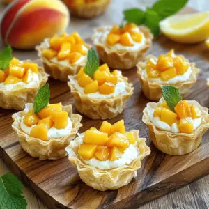 To make these Mini Peach Cream Cheese Tarts, you need some tasty ingredients. Here is the list: - Pre-made phyllo pastry cups - Cream cheese - Powdered sugar - Vanilla extract - Ripe peaches - Lemon juice - Optional sweetener (honey) - Garnish (fresh mint leaves) Each item plays a key role in creating this delightful treat. The phyllo cups provide a crispy base, while the cream cheese gives a rich, smooth filling. Adding powdered sugar and vanilla extract makes the mixture sweet and flavorful. Ripe peaches add a juicy, fresh taste, and lemon juice enhances their natural sweetness. If you like, you can use honey for extra sweetness. Finally, fresh mint leaves make a lovely garnish. This combination creates a perfect balance of flavors and textures in every bite. - Softening cream cheese First, take the cream cheese out of the fridge. Let it sit at room temperature for about 15 minutes. This makes it easier to mix later. You want it soft and smooth. - Preparing the peaches Next, wash the peaches well. Cut them in half, remove the pit, and dice them into small pieces. Add lemon juice to the diced peaches. This keeps them fresh and bright. If you like, you can add honey for more sweetness. - Combining cream cheese, sugar, and vanilla In a mixing bowl, add the softened cream cheese, powdered sugar, and vanilla extract. Use an electric mixer to blend everything until it is smooth and creamy. This will be the base of your filling. - Folding in the peaches Now, gently fold the diced peaches into the cream cheese mixture. Be careful not to mash the peaches. You want them to stay chunky for texture and flavor. - Filling the phyllo cups Grab your phyllo pastry cups and place them on a baking sheet. Spoon the peach cream cheese mix into each cup. Fill them generously, letting the filling mound a bit over the top. - Baking instructions and timing Preheat your oven to 350°F (175°C). Bake the filled cups for about 10-12 minutes. Look for golden brown edges on the pastry. If you want a cooler treat, skip baking and chill them instead. For the best texture, you can choose between baking or chilling your tarts. If you bake them, the phyllo cups get crispy. Preheat your oven to 350°F (175°C) and bake for 10-12 minutes. This makes the edges golden brown. If you want a softer tart, chill them instead. After you fill the cups, refrigerate for about 30 minutes to let them set. Adjusting the sweetness is easy. You can add honey for extra sweetness. I usually add about 1 tablespoon. If you prefer less sweet, skip the honey. The ripe peaches already bring natural sweetness. Always taste the filling to see if it is just right for you. Garnishing your tarts is fun and simple. I love adding fresh mint leaves for color and flavor. Place one on each tart right before serving. You can also sprinkle some extra powdered sugar on top for a sweet touch. For special occasions, serve the tarts on a decorative platter. You can arrange them with fresh peach slices around the edges. This makes your dessert look even more inviting and beautiful. For a summer party, these tarts shine as a delightful treat! {{image_2}} You can switch up the fruit in these tarts. Try using seasonal fruits like berries or apples. Berries add a pop of color and tangy flavor. Apples give a nice crunch. Each fruit brings a new twist. You can also play with spices and extracts. Adding a pinch of cinnamon or nutmeg can warm up the flavor. A drop of almond extract can give a nutty taste. These small changes can make a big impact! If you need gluten-free tarts, use gluten-free phyllo cups. Many brands offer gluten-free options that taste great. You won't miss the gluten at all! For dairy-free alternatives, consider using vegan cream cheese. You can also swap powdered sugar for coconut sugar. This keeps the sweetness but avoids dairy. These tweaks let everyone enjoy the tarts! Store your Mini Peach Cream Cheese Tarts in the fridge. Place them in an airtight container. They can stay fresh for up to three days. If you need to keep them longer, consider freezing them. Wrap each tart in plastic wrap, then place them in a freezer bag. They can last for about a month in the freezer. To keep the tarts fresh, avoid stacking them. This prevents them from getting squished. If you add mint leaves as a garnish, remove them before storing. Fresh mint can wilt and affect the tarts' look and taste. If you baked your tarts and want to reheat them, use the oven. Preheat the oven to 350°F (175°C). Place the tarts on a baking sheet. Heat them for about five to seven minutes. This method keeps the phyllo crisp. You can also serve the tarts cold. If you refrigerate them after making, let them chill for at least 30 minutes before serving. Cold tarts taste refreshing and are perfect for warm days. Yes, you can make these tarts ahead of time. Prepare the filling a day before and store it in the fridge. Fill the phyllo cups right before serving to keep them crisp. If you bake them, you can store the tarts in the fridge for up to two days. Just remember to reheat them briefly in the oven to maintain their texture. Check the tarts after 10 minutes in the oven. The edges of the phyllo cups should turn golden brown. If they look golden and crispy, they are done. Avoid overbaking, as this can make them too hard. Let them cool slightly before serving to keep the filling creamy. If you can't find phyllo cups, use mini pastry shells or tart shells. You can also make your own by rolling out pie crust and cutting it into small rounds. Place the rounds in a muffin tin to shape them. Bake until golden, then fill them with the peach cream cheese mixture. This blog post covered how to make delicious Mini Peach Cream Cheese Tarts. We discussed all the ingredients needed, like cream cheese and ripe peaches. I shared step-by-step instructions to ensure a smooth process. Tips helped you perfect texture and presentation. Variations provided fun ideas for experimenting. Proper storage and reheating techniques keep your tarts fresh. Enjoy making these tarts for your next gathering. They are sure to impress!