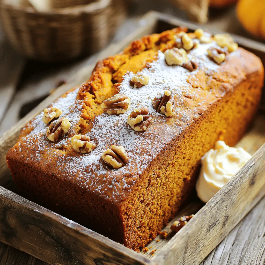 Canned pumpkin puree is the star of this recipe. It gives the bread that rich, warm flavor. I use one cup of canned pumpkin puree. This makes the bread moist and soft. For sweetness, we use one cup of granulated sugar and half a cup of light brown sugar. The brown sugar adds a nice depth. We also need half a cup of vegetable oil. This keeps the bread soft and tender. Two large eggs provide structure and moisture. They help bind everything together. You’ll need one teaspoon of vanilla extract too. This adds a lovely aroma and flavor. For the dry mix, we include one and three-quarters cups of all-purpose flour. This is the base of our bread. We also use one teaspoon of baking soda and half a teaspoon of baking powder. These help the bread rise. Add in a teaspoon of cinnamon, half a teaspoon of nutmeg, a quarter teaspoon of cloves, and a quarter teaspoon of allspice. These spices give our bread its warm, autumn taste. Finally, we need half a teaspoon of salt to balance all the flavors. You can make this bread even more special with optional add-ins. I love adding half a cup of chopped walnuts or pecans. They add crunch and flavor. You can also mix in half a cup of chocolate chips. This makes the bread extra sweet and fun! First, you need to set your oven to 350°F (175°C). This temperature works great for baking. While the oven heats, take a 9x5 inch loaf pan. Grease it well with butter or oil, then dust it lightly with flour. This step helps your bread slide out easily later. In a large bowl, add the following: - 1 cup canned pumpkin puree - 1 cup granulated sugar - 1/2 cup light brown sugar, packed - 1/2 cup vegetable oil - 2 large eggs - 1 teaspoon vanilla extract Whisk these together until everything is mixed well. You want a smooth texture. The sugars will blend with the pumpkin, creating a sweet base for your bread. Take another bowl and sift in: - 1 3/4 cups all-purpose flour - 1 teaspoon baking soda - 1/2 teaspoon baking powder - 1 teaspoon cinnamon - 1/2 teaspoon nutmeg - 1/4 teaspoon cloves - 1/4 teaspoon allspice - 1/2 teaspoon salt Sifting helps break up clumps and mixes the dry ingredients evenly. This mix will give your bread its wonderful flavor and rise. Now, gradually add the dry mix to the wet ingredients. Stir gently until just combined. It's okay if some lumps remain. Overmixing can make your bread tough, so be careful. If you want, fold in: - 1/2 cup chopped walnuts or pecans (optional) - 1/2 cup chocolate chips (optional) These add-ins make the bread even more special. Pour the batter into your prepared loaf pan. Smooth the top with a spatula. Place the pan in the oven and bake for 60-70 minutes. To check if it's done, insert a toothpick into the center. If it comes out clean, your bread is ready. When baked, let it cool in the pan for about 10 minutes. Then, transfer it to a wire rack to cool completely. Enjoy the delightful smell as it fills your kitchen! To get that moist, soft texture, use canned pumpkin puree. This ingredient keeps the bread moist. Mix your wet ingredients well so they blend fully. When you add dry ingredients, do so slowly. Stir gently until just combined. Overmixing can make your bread tough. Trust me, nobody wants that! Want to amp up the flavor? Try adding spices! Besides cinnamon, include nutmeg and cloves. These spices bring warmth and depth. You can also fold in chopped nuts or chocolate chips. They add a nice crunch and sweetness. A splash of maple syrup can boost the flavor, too. Just a little will do! Presentation matters! Slice the bread and serve it warm. Dust the top with powdered sugar for a sweet touch. You could also spread cream cheese on each slice. This makes it even more delicious. For a cozy look, serve on a rustic wooden board. Add some autumn leaves around for a fun touch! {{image_2}} If you want a nut-free pumpkin bread, it’s easy! Just skip the nuts. You can replace them with extra chocolate chips if you like. This keeps your bread rich and sweet. You still get that warm pumpkin flavor without any nuts. To make this bread gluten-free, swap the all-purpose flour for a gluten-free blend. Many brands work well in baking. Look for one that can replace regular flour cup-for-cup. Adjust the baking time as needed. This way, everyone can enjoy a slice, no matter their diet! Want to boost the flavor? Add seasonal spices! Try a pinch of ginger or cardamom. These spices add warmth and depth. You can also mix in some pumpkin pie spice for a cozy twist. Experimenting with spices allows you to create your perfect loaf! To keep your pumpkin bread fresh, wrap it tightly. Use plastic wrap or aluminum foil. You can also place it in an airtight container. This helps keep moisture in and prevents it from drying out. Store the bread at room temperature for up to four days. If you want it to last longer, refrigeration works too, but it may change the texture a bit. To freeze the pumpkin bread, slice it first for easy serving later. Wrap each slice in plastic wrap, then place them in a freezer bag. Remove as much air as possible to avoid freezer burn. You can freeze the bread for up to three months. Label the bag with the date so you remember when you made it. When you're ready to enjoy your frozen pumpkin bread, remove it from the freezer. Let it thaw in the fridge overnight or at room temperature for a few hours. To reheat, place a slice in the microwave for about 15-20 seconds. This warms it up nicely. If you prefer your bread crispier, toast it in a toaster oven for a few minutes. Enjoy your cozy treat! To make pumpkin bread moist, use canned pumpkin puree. It adds moisture and flavor. Oil also helps keep the bread soft. Make sure not to overmix the batter, as this can make the bread tough. Baking it just right also helps. When a toothpick comes out clean, you know it’s done. Yes, you can substitute some ingredients. Use applesauce for oil to cut fat. You can try honey instead of granulated sugar. If you need a nut-free option, leave out the walnuts or pecans. If you want a gluten-free bread, use gluten-free flour. Just keep the other steps the same for the best results. Pumpkin bread lasts for about 3 to 4 days at room temperature. Store it in an airtight container to keep it fresh. If you want it to last longer, put it in the fridge. This way, it can last for up to a week. Yes, you can make this recipe without eggs. Use 1/4 cup of applesauce for each egg you replace. You can also use mashed bananas or silken tofu. These options will keep the bread moist and help it rise. You’ve learned how to make delicious pumpkin bread from scratch. We covered key ingredients like canned pumpkin, sugars, and optional add-ins. Step-by-step, we prepared the oven, mixed ingredients, and created the batter. I shared tips for perfect texture and fun variations, including nut-free and gluten-free options. Good storage practices help keep your bread fresh. Now, get baking and enjoy this tasty treat! You’ll impress anyone who tries it.