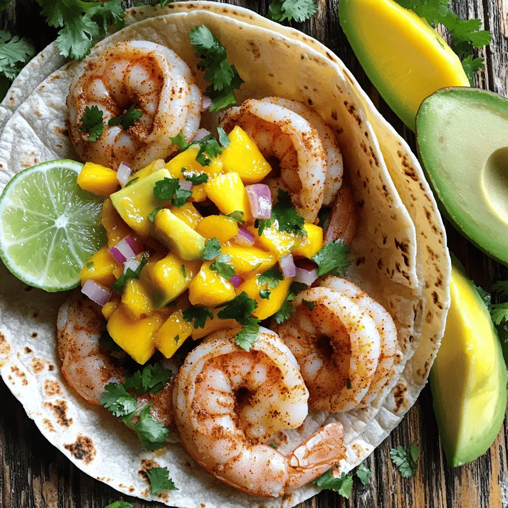 - 1 lb large shrimp, peeled and deveined - 2 tablespoons olive oil - 1 teaspoon smoked paprika - 1 teaspoon cumin - 1 teaspoon chili powder - 1/2 teaspoon salt - 1/4 teaspoon cayenne pepper - 1 ripe mango, diced - 1/2 red onion, finely chopped - 1 jalapeño, seeded and minced - 1/4 cup fresh cilantro, chopped - Juice of 1 lime - Salt to taste - Sliced avocado - Lime wedges These ingredients create a wonderful balance of flavors. The shrimp brings a nice, spicy kick while the mango salsa adds a burst of freshness. Each bite feels like a tropical vacation. I love using fresh ingredients. They make a huge difference. The ripe mango offers sweetness, which pairs well with the heat from the chili powder and cayenne. When you gather these ingredients, think of how they will come together. The combination of spices coats the shrimp perfectly. The olive oil helps to keep them moist and adds depth. The fresh cilantro in the salsa brightens up the dish, making it even more enjoyable. Feel free to adjust the spice level. If you want more heat, add more cayenne. If you prefer it milder, skip it. The beauty of this recipe lies in its flexibility. Use what you enjoy. The optional garnishes, like avocado and lime wedges, enhance the experience. They provide creaminess and extra zest. This recipe works well for a family meal or a fun gathering. Just ensure you have enough corn tortillas. They are the perfect base for your delicious shrimp and salsa. Enjoy the process, and get ready for a feast! First, get a mixing bowl. Add 1 pound of peeled and deveined shrimp. Then, pour in 2 tablespoons of olive oil. Next, add 1 teaspoon of smoked paprika, 1 teaspoon of cumin, 1 teaspoon of chili powder, 1/2 teaspoon of salt, and 1/4 teaspoon of cayenne pepper. Mix well until the shrimp is coated. Let it marinate for 15 minutes. This helps the flavors soak in. While the shrimp marinates, grab another bowl for the salsa. Dice 1 ripe mango and add it to the bowl. Finely chop 1/2 red onion and throw it in. Next, seed and mince 1 jalapeño, then add that too. Toss in 1/4 cup of fresh cilantro, the juice of 1 lime, and a pinch of salt. Mix everything together and set it aside. Letting it sit helps the flavors blend. Heat a non-stick skillet over medium-high heat. Once the skillet is hot, add the marinated shrimp. Cook for about 2-3 minutes on each side. You want them to turn pink and be fully cooked. This step is key for juicy shrimp. Now, let’s warm the corn tortillas. Use another dry skillet to heat them. Place the tortillas in the skillet for about 30 seconds on each side. You want them soft and pliable. This makes them easy to fill. It’s time to build your tacos! Take a warm tortilla and place a few shrimp in the center. Next, top it with the mango salsa you prepared earlier. If you like, add slices of avocado for extra creaminess. This step makes the tacos even more delicious! Marinating the shrimp is key. It allows the spices to soak in well. I recommend a marinating time of at least 15 minutes. This helps the shrimp absorb all those tasty flavors. You can also adjust the spice levels to suit your taste. If you prefer milder tacos, reduce the cayenne pepper. For more heat, add extra chili powder or jalapeño. You can cook the shrimp in a skillet or on the grill. I find that a skillet gives a nice sear quickly. If you choose to grill, make sure to use skewers. This keeps the shrimp from falling through the grates. Avoid overcooking the shrimp, as they can turn rubbery. Cook them just until they turn pink and firm, about 2-3 minutes per side. These tacos pair well with sides like rice or black beans. The creamy texture of avocado complements the shrimp. You can also add lime wedges for a fresh burst of flavor. For drinks, try a light lager or a citrusy cocktail. These choices enhance the bright flavors of the dish. {{image_2}} You can use chicken or fish instead of shrimp. Chicken thighs work well and add a nice taste. Simply marinate the chicken in the same spices you use for the shrimp. Grill or pan-sear it until cooked through. For fish, choose a firm type like tilapia or mahi-mahi. Cook it for about 4-5 minutes on each side. This way, you can enjoy the same flavors with a different protein. If you want to mix things up, try pineapple or avocado salsa. Pineapple salsa adds a sweet, juicy twist. Just dice fresh pineapple and mix it with red onion, jalapeño, cilantro, and lime juice. Avocado salsa offers a creamy texture. Mash ripe avocado, then mix in lime juice, diced onion, and salt. Both salsas pair great with the spicy shrimp. Corn tortillas are traditional, but you can also use flour tortillas. Flour tortillas are soft and chewy, making them easy to fold. If you want a low-carb option, try lettuce wraps. Use large leaves of romaine or butter lettuce. They add a fresh crunch and let the shrimp shine. Choose the shell that fits your taste and diet! To keep your spicy shrimp tacos fresh, store the shrimp and salsa separately. Place the shrimp in an airtight container. Add a piece of parchment paper on top to absorb moisture. Store the mango salsa in another airtight container. This keeps the salsa vibrant and tasty. Refrigerate both for up to two days. When reheating shrimp, avoid the microwave if possible. It can make shrimp tough. Instead, use a skillet. Heat it over medium heat. Add a splash of water or broth to keep moisture. Cook the shrimp for about two minutes or until warm. Make sure they do not overcook. For long-term storage, you can freeze the cooked shrimp. Place them in a freezer-safe bag. Remove as much air as possible. Freeze for up to three months. You can also freeze the mango salsa, but it may lose texture. Thaw both in the fridge when ready to use. To tell if shrimp are cooked, look for a few signs: - They change from gray to pink. - They curl into a tight “C” shape. - The flesh becomes opaque. Cook shrimp for about 2-3 minutes on each side. If they are overcooked, they can be tough. Watch them closely as they cook. Yes, you can prep shrimp tacos ahead of time! Here are some tips: - Marinate the shrimp up to 24 hours in advance. - Make the mango salsa and store it in the fridge for up to 2 days. - Warm tortillas just before serving for the best taste. Assemble the tacos right before eating to keep them fresh. These tacos pair nicely with many sides. Here are some popular options: - Cilantro lime rice adds a fresh touch. - Black beans provide a hearty complement. - A simple green salad keeps things light. - Corn on the cob offers a sweet crunch. Choose sides that balance the spice and enhance your meal. These shrimp tacos have a nice kick without being too hot. The cayenne pepper adds heat, but you can adjust it to suit your taste. If you like more spice, you can add extra jalapeño or chili powder. For milder tacos, use less cayenne. Enjoy the balance of flavors with the sweet mango salsa! Spicy shrimp tacos are not just a meal; they’re an experience. This blog covered the key ingredients, like shrimp and mango salsa, along with cooking steps. I shared tips to enhance taste and different variations you can try. Remember, marination and cooking times matter. Customize to your liking, and always pair with sides like rice. Enjoy making these tacos and impress your friends and family!