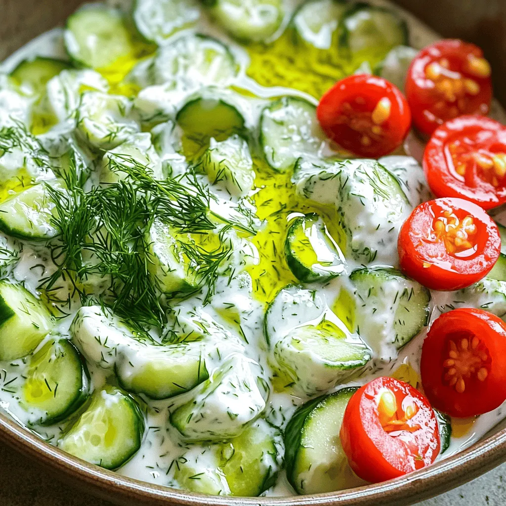 To make a tasty Tzatziki Cucumber Salad, gather these key items: - 2 large cucumbers, peeled and diced - 1 cup Greek yogurt - 2 cloves garlic, minced - 2 tablespoons fresh dill, finely chopped - 1 tablespoon lemon juice - Salt and pepper to taste - 1 tablespoon olive oil These ingredients create a fresh and creamy salad. The cucumbers add crunch, while the yogurt gives a smooth texture. You can enhance your salad with these optional items: - 1/2 cup cherry tomatoes, halved for garnish - Extra dill for topping - A sprinkle of paprika for color Cherry tomatoes add sweetness and color. Extra dill can boost the fresh flavor, while paprika adds a nice touch. If you’re missing something, here are some swaps: - Use regular yogurt if you don’t have Greek yogurt. - Replace fresh dill with dried dill in a pinch. - Lemon juice can be swapped with vinegar for a tangy kick. These substitutions keep your salad fresh and flavorful, even if you're short on some ingredients. Start with the cucumbers. Peel them if you want, but it’s not necessary. Dice the cucumbers into small, bite-sized pieces. This makes them easy to eat. Next, place the diced cucumbers in a colander. Sprinkle them with a pinch of salt. Let them sit for about 10-15 minutes. This step helps draw out excess moisture. While the cucumbers rest, grab a medium bowl. Combine 1 cup of Greek yogurt, 2 cloves of minced garlic, 2 tablespoons of fresh dill, and 1 tablespoon of lemon juice. Add 1 tablespoon of olive oil for richness. Mix everything until it is smooth and well blended. This yogurt mixture is the heart of the salad. After 15 minutes, rinse the cucumbers under cold water. Pat them dry with paper towels to remove extra salt. Now, fold the cucumbers into the yogurt mixture. Make sure every piece is well coated. Season with salt and pepper to taste. Cover the salad and let it chill in the fridge for at least 30 minutes. This resting time allows the flavors to come together. When you serve the salad, add some halved cherry tomatoes on top for extra color and flavor. To boost the taste of your Tzatziki Cucumber Salad, use fresh ingredients. Fresh dill makes a big difference. It adds a bright flavor that pairs well with yogurt. You can also add a pinch of cumin for warmth. If you want extra crunch, try adding thinly sliced bell peppers. Serve your salad in a large, shallow bowl. Drizzle a bit of olive oil on top for shine. Sprinkling extra dill gives it a nice touch. This salad goes great with grilled meats or pita bread. You can also serve it as a dip with veggies or chips. For a twist, add halved cherry tomatoes for color and taste. Store any leftovers in an airtight container in the fridge. It stays fresh for up to three days. The flavors will meld and taste even better. Avoid freezing the salad, as the cucumbers may become mushy. When serving leftovers, give it a stir to refresh the texture. {{image_2}} You can change the salad by adding olives and feta cheese. The salty olives mix well with the fresh cucumbers. Feta adds a creamy and tangy taste. Just chop about 1/2 cup of olives and 1/2 cup of feta cheese. Fold them into the salad after mixing in the yogurt. This twist makes the dish richer and more filling. For those who like some heat, jalapeños are a great choice. Dice one to two jalapeños and add them to the yogurt mixture. You can remove the seeds for less heat. This addition gives the salad a spicy kick, balancing the coolness of the cucumbers. It’s a fun way to surprise your taste buds! If you want a vegan version, replace Greek yogurt with dairy-free yogurt. Coconut yogurt works well for a creamy texture. You can also add some nutritional yeast for a cheesy flavor. This way, everyone can enjoy this tasty salad, no matter their dietary needs. Just remember to check that the yogurt is unsweetened! Each serving of Tzatziki Cucumber Salad has about 100 calories. The main source of calories comes from Greek yogurt and olive oil. Cucumbers add crunch but few calories. This salad is both light and satisfying. - Cucumbers: They are high in water and low in calories. They help keep you hydrated. - Greek yogurt: This yogurt provides protein and probiotics. Probiotics support gut health. - Garlic: Garlic has compounds that boost your immune system. It can help lower blood pressure. - Dill: Dill is rich in antioxidants. It may aid digestion and add flavor. - Lemon juice: This adds vitamin C. Vitamin C is good for your skin and immune system. - Olive oil: A healthy fat, olive oil supports heart health. It is full of antioxidants too. This salad is gluten-free and suitable for most diets. Be cautious if you have a dairy allergy. You can use dairy-free yogurt for a vegan option. Always check labels if you have allergies. You can store Tzatziki Cucumber Salad in the fridge for about three days. Make sure to keep it in a sealed container. The cucumbers may lose some crunch over time, but it will still taste fresh. Yes, making Tzatziki Cucumber Salad in advance is a great idea! It allows the flavors to meld together. Prepare it a day before, and chill it in the fridge. Just remember to add any garnish, like tomatoes, right before serving. Tzatziki Cucumber Salad pairs well with grilled meats, especially chicken or lamb. You can also serve it with pita bread or falafel for a tasty meal. It makes a refreshing side for any summer barbecue or picnic, too! This blog covered all you need for Tzatziki Cucumber Salad. We listed ingredients and substitutions, outlined step-by-step instructions, and shared essential tips and variations. Remember, you can mix flavors, adjust for diet needs, and serve this dish any way you like. Enjoy making it fresh, and feel free to try new flavors. Tzatziki Cucumber Salad is tasty, healthy, and perfect for any meal. Now, gather your ingredients and start creating a dish that you will love!
