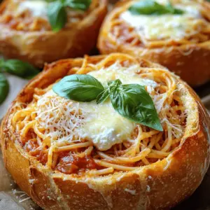 - 4 large bread bowls - 400g (14 oz) spaghetti - 2 cups marinara sauce - 1 cup ricotta cheese - 2 cups shredded mozzarella cheese - 1/2 cup grated Parmesan cheese To make the Bread Bowl Spaghetti Bake, you need some key ingredients. First, you start with four large bread bowls. You can buy them at the store or make them at home. Then, you’ll need 400 grams of spaghetti. This will be the pasta base of your dish. Next, grab two cups of marinara sauce. This adds rich flavor. You also need one cup of ricotta cheese. It adds creaminess to the bake. For the cheesy topping, use two cups of shredded mozzarella cheese. Finally, don’t forget half a cup of grated Parmesan cheese for that extra kick! - 1 teaspoon Italian seasoning - 1 teaspoon garlic powder - Salt and pepper to taste - Fresh basil leaves for garnish Seasoning is important for flavor. You’ll need one teaspoon of Italian seasoning. It gives a nice herb flavor. Add one teaspoon of garlic powder for that classic taste. Don’t forget to add salt and pepper to taste. For garnish, fresh basil leaves work great. They add color and a fresh taste to the dish. - Suggestions for additional toppings You can get creative with toppings! Some great options are cooked meatballs, sautéed vegetables, or even a sprinkle of crushed red pepper for heat. You can also try different cheeses like provolone or gouda for a twist. First, cook the spaghetti according to the package directions until it is al dente. This usually takes about 8 to 10 minutes. Once done, drain it well and set it aside. In a large mixing bowl, combine the cooked spaghetti with the marinara sauce, ricotta cheese, Italian seasoning, garlic powder, salt, and pepper. Stir this mixture until every piece of spaghetti is well coated. This step is key for flavor, as it ensures every bite is tasty. Next, take your bread bowls. Carefully hollow out each one. Use a knife to cut around the inside of the bread. Leave about one inch of bread at the sides. This will create enough space for the spaghetti mixture while keeping the bowl sturdy. Now it's time to fill the bread bowls. Spoon the spaghetti mixture into each bowl, packing it in gently. Make sure to fill them well but not overflow. Top each filled bread bowl with shredded mozzarella cheese. Then, sprinkle grated Parmesan cheese on top for extra flavor. Place the filled bread bowls on a baking sheet. Bake them in a preheated oven at 375°F (190°C) for 25 to 30 minutes. You want the cheese to melt and turn golden brown. Once done, remove them from the oven and let them cool slightly. Garnish with fresh basil leaves before serving. This adds a nice touch and fresh flavor. Enjoy your delicious creation! To get the perfect cheese melt, use a mix of cheeses. I like mozzarella for stretch and Parmesan for flavor. Mix the cheeses well and sprinkle them evenly on top. This way, every bite has a cheesy surprise. Bake until the cheese bubbles and turns golden brown. This gives your dish a nice look and taste. For leftovers, let the bread bowls cool first. Store them in an airtight container in the fridge. They last up to three days. For reheating, place them in the oven at 350°F (175°C). Bake for about 15 minutes. This helps keep the bread crispy. You can also microwave them, but the bread might get a bit soggy. You can switch ingredients to make this dish your own. Try adding cooked meatballs or sausage for more protein. For a vegetarian option, use roasted veggies or mushrooms instead. If you want a gluten-free version, use gluten-free bread and pasta. Don't be afraid to experiment with different cheeses and sauces too! {{image_2}} You can change the proteins in your Bread Bowl Spaghetti Bake. Meatballs and sausage work great. Just cook them first, then add them to your spaghetti mix. This adds flavor and makes the dish heartier. You can also use ground beef or turkey for a different touch. Each protein brings its own taste and texture. If you want a meatless version, there are easy swaps. Use vegetables like zucchini, mushrooms, or spinach. These add nutrition and taste. You can also use plant-based meat substitutes. They are tasty and fit well in the dish. For the sauce, look for a veggie marinara. This keeps the dish rich and satisfying without meat. For those needing gluten-free options, you can still enjoy this dish. Use gluten-free bread bowls that are easy to find. You can also swap regular pasta for gluten-free spaghetti. There are many good brands out there. Just be sure to cook the gluten-free pasta according to the package. This way, it will fit perfectly in your bread bowl. After you enjoy your Bread Bowl Spaghetti Bake, store leftovers in the fridge. Place the bread bowls in an airtight container. You can also wrap them tightly in plastic wrap. This keeps them fresh for up to three days. Make sure to let them cool before storing. This helps stop sogginess. To freeze your Bread Bowl Spaghetti Bake, let it cool first. Wrap each bread bowl in plastic wrap and then in foil. This double layer prevents freezer burn. You can freeze them for up to three months. When ready to eat, thaw overnight in the fridge. Then, bake in the oven until hot. The shelf life of your Bread Bowl Spaghetti Bake is about three days in the fridge. If you freeze them, they last longer, up to three months. Always check for any signs of spoilage before eating. Look for changes in smell or texture. Enjoy this dish fresh for the best taste! To make homemade bread bowls, you need simple ingredients. Here’s a quick recipe: - 4 cups all-purpose flour - 1 packet (2 1/4 teaspoons) active dry yeast - 1 1/2 cups warm water - 1 tablespoon sugar - 1 tablespoon salt - 2 tablespoons olive oil 1. In a bowl, mix warm water, sugar, and yeast. Let it sit for 5 minutes. 2. In another bowl, combine flour and salt. 3. Add yeast mixture and olive oil to the flour. Stir until a dough forms. 4. Knead the dough on a floured surface for about 10 minutes. 5. Place the dough in a greased bowl and cover it. Let it rise for 1 hour. 6. Punch down the dough and divide it into four pieces. 7. Shape each piece into a round bowl. 8. Place the rounds on a baking sheet, cover, and let rise for 30 minutes. 9. Bake in a preheated oven at 375°F (190°C) for 20-25 minutes. These bread bowls will be soft and perfect for your spaghetti bake! Yes, you can use different types of pasta! While spaghetti works great, you can try: - Penne - Fusilli - Rigatoni - Ziti Each pasta shape adds a unique texture. Just be sure to cook it until it's al dente. This keeps the pasta from getting too soft in the oven. To reheat your Bread Bowl Spaghetti Bake, follow these methods: - Oven: Preheat the oven to 350°F (175°C). Place the bread bowls on a baking sheet and cover with foil. Heat for about 15-20 minutes. - Microwave: Place a bread bowl on a microwave-safe plate. Heat for 1-2 minutes, checking to avoid sogginess. Both methods help keep the bread crispy and the filling warm! You learned how to make a tasty bread bowl spaghetti bake. We covered important ingredients and easy steps. Adding your favorite things can make it even better. Store leftovers in the fridge or freezer for later. No matter how you change it, this dish will please everyone. Try it out and enjoy your cooking!