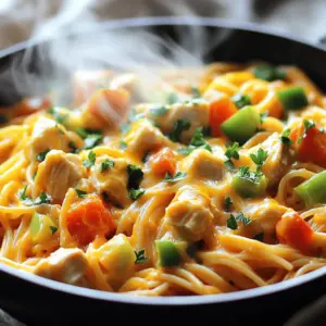 To make this tasty dish, you will need the following ingredients: - 2 cups cooked spaghetti - 1 lb boneless, skinless chicken breasts, diced - 1 cup Velveeta cheese, cubed - 1 cup chicken broth - 1 cup diced tomatoes (canned, drained) - 1/2 cup green bell pepper, diced - 1/2 cup onion, finely chopped - 2 cloves garlic, minced - 1 teaspoon Italian seasoning - 1 tablespoon olive oil - Salt and pepper to taste - 1/4 cup fresh parsley, chopped (for garnish) When choosing fresh ingredients, look for bright colors and firm textures. For the chicken, select pieces that are pink and free from spots. Fresh bell peppers should feel crisp and have smooth skin. The onions should be firm without soft spots or sprouting. For garlic, choose heads that are tight and plump. Always check the expiration date on canned items like diced tomatoes to ensure freshness. You can easily swap some ingredients if needed. If you want a lighter option, use turkey instead of chicken. For a creamier sauce, try using cream cheese instead of Velveeta. If you don’t have green bell pepper, red or yellow peppers work just as well. You can also use fresh tomatoes if you prefer, just make sure they are ripe. For a gluten-free option, substitute spaghetti with gluten-free pasta. 1. Start by heating 1 tablespoon of olive oil in a large skillet over medium heat. 2. Add 1 pound of diced chicken breasts. Season with salt, pepper, and 1 teaspoon of Italian seasoning. Cook the chicken until it turns white, about 5-7 minutes. 3. Mix in 1/2 cup of finely chopped onion, 1/2 cup of diced green bell pepper, and 2 minced garlic cloves. Sauté these veggies until they soften, about 3-4 minutes. 4. Pour in 1 cup of chicken broth and 1 cup of drained diced tomatoes. Bring the mixture to a simmer. 5. Add 1 cup of cubed Velveeta cheese to the skillet. Stir until the cheese melts and the sauce becomes creamy. 6. In a large bowl, combine the cooked spaghetti with the chicken and cheese mixture. Ensure the pasta is well coated. 7. Taste your dish. Adjust the seasoning if needed. 8. Serve in bowls and top with 1/4 cup of fresh chopped parsley. To cook chicken well, cut it into small, even pieces. This helps it cook faster. Always check that the chicken is white inside. If it is still pink, give it more time. Using a meat thermometer can help. Aim for 165°F (75°C) for safe cooking. To keep your sauce creamy, add the Velveeta cheese after the chicken is cooked. Stir until it melts fully. If the sauce is too thick, you can add a bit more chicken broth. This keeps the texture smooth and tasty. Stir often to avoid lumps. To boost flavor in your Creamy Velveeta Chicken Spaghetti, focus on fresh ingredients. Use fresh herbs like parsley or basil for a bright touch. You can also add a pinch of red pepper flakes for a hint of heat. Stir in a splash of lemon juice to brighten the dish. It adds a nice zing. If you enjoy a richer taste, consider using homemade chicken broth instead of canned. This small change really makes a difference. One common mistake is overcooking the chicken. Cook just until it turns white and no longer pink. Overcooked chicken can be dry. Another mistake is not properly seasoning your dish. Always taste as you go. If it needs more salt or pepper, add it! Lastly, don’t skip the step of melting the cheese thoroughly. If you rush this, your sauce may not be as creamy as you want. Serve your Creamy Velveeta Chicken Spaghetti in fun, colorful bowls. Add a sprinkle of fresh parsley on top for color. You can also make a side salad with crisp greens and a light dressing. Pair it with garlic bread for a complete meal. If you have kids, let them help with the garnish. This makes it more fun and encourages them to eat! {{image_2}} You can easily make this dish vegetarian. Replace the chicken with mushrooms or zucchini. Both add great flavor. You can also use vegetable broth instead of chicken broth. This keeps the dish rich and tasty. Add more veggies like spinach or broccoli for extra nutrition. You still get a creamy texture with Velveeta cheese. To change the flavor, swap out some key ingredients. Instead of Velveeta, try cheddar cheese for a sharper taste. You can use whole wheat spaghetti for a healthier option. If you want a different protein, try ground turkey or tofu. Both will work well in this dish. You can also add artichoke hearts for a unique twist. If you like heat, add crushed red pepper flakes. Just a pinch will spice things up. You can also mix in jalapeños for a bolder kick. Another idea is to stir in hot sauce while cooking. This gives a nice zing to the dish. For added texture, toss in some crushed tortilla chips before serving. This adds crunch and flavor to each bite. Store any leftover Creamy Velveeta Chicken Spaghetti in an airtight container. This keeps it fresh and tasty. Let it cool to room temp before sealing. You can keep it in the fridge for up to three days. If you want to store it longer, freezing is a great option. To reheat, you can use the microwave or stovetop. If using the microwave, place your portion in a bowl. Cover it with a damp paper towel. Heat it for one minute, then stir. Heat in 30-second bursts until warm. If you use the stovetop, add a splash of chicken broth and heat on low. Stir often to avoid sticking. For freezing, pack the spaghetti in a freezer-safe container. Leave space for expansion, as it may swell when frozen. Label the container with the date. You can freeze it for up to three months. To thaw, move it to the fridge overnight. Reheat as mentioned above for a quick meal. You can serve this dish with a fresh salad. A green salad adds crunch and freshness. Garlic bread pairs well, too. It soaks up the creamy sauce nicely. For a special touch, try roasted vegetables. They add color and flavor to your meal. Yes, you can prepare it in advance. Cook the chicken and veggies, then mix them with the sauce. Store it in the fridge for up to two days. When you're ready to eat, cook the spaghetti. Then mix everything together and heat it up. It saves time on busy nights! To serve more people, simply double the ingredients. Use two pounds of chicken and four cups of spaghetti. You may also want to increase the Velveeta cheese for extra creaminess. Just make sure to use a bigger pot for cooking. Enjoy sharing this yummy dish with friends! Creamy Velveeta Chicken Spaghetti is a simple yet tasty dish for everyone. We covered key ingredients, cooking steps, and tips to make it shine. Remember to choose fresh items for the best flavor. Consider substitutions or variations to match your taste. Don't forget storage tips for leftovers! With these insights, you can impress your friends and family. Enjoy cooking this delightful meal and make it your own!