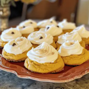 - Pumpkin puree: Use 1 cup of pure pumpkin puree. This gives the cookies their soft texture and rich flavor. Canned pumpkin works well, but fresh is great too if you have it. - Sugar types: You need 1 cup of granulated sugar and 1/2 cup of packed brown sugar. The granulated sugar makes them sweet, while brown sugar adds moisture and a slight caramel flavor. - Butter and egg details: You’ll want 1/2 cup of unsalted butter, softened to room temperature. This helps the cookies mix well. Add 1 large egg for binding and richness. - Powdered sugar: Use 1 cup of powdered sugar for the frosting. It gives a sweet and smooth texture that pairs well with the cookies. - Butter and milk requirements: You need 2 tablespoons of softened unsalted butter and 1 tablespoon of milk. This combo makes the frosting creamy. Add more milk if you like a thinner consistency. - Vanilla extract specifics: Include 1/2 teaspoon of vanilla extract for flavor. It enhances the sweetness and adds depth to the frosting. These simple ingredients create a wonderful balance of flavors. They make each cookie soft, sweet, and perfect for sharing! First, preheat your oven to 350°F (175°C). This step is key for even baking. Next, line a baking sheet with parchment paper. This prevents the cookies from sticking. In a large bowl, cream together 1/2 cup of softened butter, 1 cup of granulated sugar, and 1/2 cup of brown sugar. Mix until it becomes fluffy. This process adds air, making your cookies light. Now, add in 1 cup of pumpkin puree, 1 large egg, and 1 teaspoon of vanilla extract. Stir until everything blends well. The pumpkin adds moisture and flavor. In another bowl, whisk together these dry ingredients: 3 cups of all-purpose flour, 1 teaspoon of baking soda, 1 teaspoon of baking powder, 1 teaspoon of ground cinnamon, 1/2 teaspoon of ground nutmeg, 1/2 teaspoon of ground ginger, and 1/4 teaspoon of salt. Whisking helps mix and aerate the flour. Gradually add the dry mix to the wet mixture. Stir gently until just combined. Be careful not to overmix, as this can make your cookies tough. Now, drop rounded tablespoons of dough onto your prepared baking sheet. Space them about 2 inches apart to allow for spreading. Bake the cookies for 10-12 minutes. Look for lightly golden edges. The centers should feel soft but not gooey. Remove them from the oven and let them cool on the baking sheet for 5 minutes. After that, transfer the cookies to a wire rack to cool completely. This helps them set nicely. While the cookies cool, prepare the frosting. In a bowl, whisk together 1 cup of powdered sugar, 2 tablespoons of softened butter, 1 tablespoon of milk, and 1/2 teaspoon of vanilla extract. Mix until smooth. If it’s too thick, add more milk until you reach your desired consistency. Once the cookies are completely cool, spread the frosting generously on top of each one. You can use a knife or a spatula for this. For a fun touch, sprinkle extra cinnamon or add chocolate chips on top. This makes them look festive and inviting. To get soft cookies, mixing matters a lot. When you cream the butter and sugars, aim for a light and fluffy texture. This step adds air and keeps the cookies soft. Avoid overmixing once you add the dry ingredients. Stir until just combined to keep that soft bite. Baking time is key. You want the edges to turn light golden and the centers to feel soft. Bake for 10-12 minutes. If you see cracks on top, that’s a good sign they are done. Don’t let them get too brown. For a fun twist on frosting, try adding toppings. Chopped nuts, chocolate chips, or a sprinkle of cinnamon can add great flavor and texture. You can also use colored sprinkles for a festive touch. To present your cookies nicely, arrange them on a colorful plate. A sprinkle of extra cinnamon or a few mini chocolate chips on top makes it look fancy. This adds a nice touch for parties or gatherings. One big mistake is overmixing the dough. This can make the cookies tough instead of soft. Remember, mix just until combined. Another mistake is miscalculating the baking time. If your cookies stay in the oven too long, they will dry out. Keep an eye on them, and trust your senses for that perfect bake. {{image_2}} If you want to make these cookies gluten-free, you can use a gluten-free flour blend. Look for one that contains xanthan gum. This will help mimic the texture of all-purpose flour. You can also use almond flour or coconut flour, but be cautious. These flours absorb moisture differently, so you may need to change the liquid amounts in the recipe. When baking gluten-free cookies, keep an eye on the baking time. They may need a minute or two less, so check them a little earlier. The cookies should feel soft but not wet when done. To make these cookies vegan, replace the butter with coconut oil or a vegan butter. For the egg, use a flaxseed egg. To make a flaxseed egg, mix 1 tablespoon of ground flaxseed with 2.5 tablespoons of water. Let it sit for 5 minutes until it thickens. For the frosting, swap the regular butter for vegan butter. Use plant milk like almond or oat milk instead of dairy milk. This way, you can enjoy tasty cookies that fit a vegan diet. Spices can add a new twist to your cookies. Consider adding a pinch of cloves or allspice for a bolder flavor. You might also want to try adding some cocoa powder for a chocolatey taste. For texture and crunch, chop up some nuts like walnuts or pecans and mix them into the dough. You can even fold in chocolate chips for a sweet surprise in each bite. Each variation brings a fresh take on these delightful treats! To keep your frosted soft pumpkin cookies soft, store them in an airtight container. Line the container with parchment paper for extra protection. This helps keep moisture in and air out, ensuring they stay fresh. You can stack the cookies carefully, but avoid squishing them. For long-term storage, you can freeze both cookies and frosting. Wrap each cookie in plastic wrap or foil. Place them in a freezer-safe bag. For frosting, store it in an airtight container. You can also freeze the frosting in ice cube trays for easy portions. When you’re ready to enjoy them, thaw the cookies in the fridge overnight. For the frosting, let it sit at room temperature until soft. If it’s too thick, add a bit of milk to reach the right consistency. Frosted soft pumpkin cookies stay fresh for about one week at room temperature. In the fridge, they last about two weeks. Look for signs like a change in texture or an off smell. If they feel hard or dry, it’s best to toss them. Enjoy your cookies at their peak freshness! You can adjust the sugar in the recipe. If you want sweeter cookies, add more sugar. If you prefer less sweetness, reduce the sugar. Just remember, sugar adds moisture and affects texture, too. If you cut it too much, your cookies may turn out dry. Aim for balance to keep the cookies soft and tasty. Yes, you can use fresh pumpkin puree. Start by cooking your fresh pumpkin. Cut it in half and remove the seeds. Bake it until soft, then scoop out the flesh. Blend it until smooth. You will need about one cup for this recipe. Fresh pumpkin gives a bright flavor, but it can be more watery. Drain any extra liquid if needed. You can use several options if you need a flour substitute. Gluten-free flour is a great choice. Almond flour or coconut flour can work, too. If you use these, adjust the amount. Almond flour needs less liquid, while coconut flour needs more. Experiment to find the right mix for your taste. Absolutely! Chocolate chips can add a nice touch. Just fold in about a cup of chocolate chips after mixing the dough. Keep in mind that this will change the texture a bit. The cookies may spread more, so space them out on the baking sheet. Enjoy the extra flavor in each bite! In this post, you learned how to make soft pumpkin cookies with frosting. We covered key ingredients, step-by-step instructions, and helpful tips for success. Remember to watch your mixing and baking times for the best results. Explore variations like gluten-free and vegan options to fit your needs. Proper storage keeps your cookies fresh longer. Enjoy making these delicious cookies, and don’t shy away from adding your personal touch! Baking should be fun and creative, so get started and delight your taste buds!
